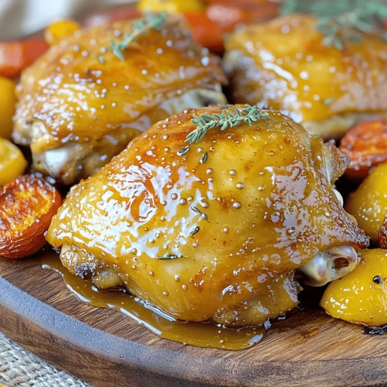 - 4 chicken thighs, bone-in and skin-on - 1/4 cup honey - 1/4 cup Dijon mustard - 2 tablespoons olive oil - 3 cloves garlic, minced - 1 teaspoon fresh thyme leaves - Salt and pepper to taste - Optional: Fresh parsley for garnish To make honey mustard chicken thighs, gather these simple ingredients. The bone-in, skin-on chicken thighs give great flavor and keep the meat juicy. The honey and Dijon mustard blend well for a sweet and tangy taste. Olive oil adds richness, while garlic boosts the flavor. Fresh thyme gives an earthy note. Don't forget salt and pepper to enhance everything. If you want, fresh parsley makes a nice touch on top when serving. - Preheat your oven to 400°F (200°C). - In a bowl, whisk together the honey, Dijon mustard, olive oil, minced garlic, fresh thyme, salt, and pepper until smooth. - Place the chicken thighs in a large oven-safe skillet or baking dish, skin side up. - Pour the honey mustard mixture over the chicken. Make sure to coat all sides well. - Let the chicken marinate in the sauce for at least 15 minutes. For best flavor, refrigerate for a few hours. - Bake the chicken in the preheated oven for 35-40 minutes. The internal temperature should reach 165°F (75°C). The skin should be golden brown. - For a crispy skin, switch to broil for the last 3-5 minutes. Watch closely to avoid burning. - After baking, let the chicken rest for 5 minutes before serving. - If you like, garnish with fresh parsley before serving. Marinating chicken thighs is key to great flavor. I recommend letting them sit for at least 15 minutes. If you can, marinate them for a few hours in the fridge. This time helps the meat absorb the honey mustard mix. To boost the flavor, try adding a splash of lemon juice or some hot sauce to the marinade. These small changes can make a big difference. To check if your chicken is done, use a meat thermometer. The internal temperature should reach 165°F (75°C). For crispy skin, bake the chicken first, then switch to broil for the last few minutes. Keep an eye on it to prevent burning. This step gives you that beautiful golden finish. Pair your honey mustard chicken thighs with sides like roasted veggies or a fresh salad. These add color and crunch to your plate. For a nice touch, serve the chicken on a large platter. Spoon extra sauce over the top and sprinkle with fresh parsley. This makes the dish look appetizing and inviting. {{image_2}} You can switch up the chicken you use. Bone-in thighs pack flavor, but you can try skinless or boneless thighs too. You can also use chicken breasts if you prefer. They will cook faster, so watch them closely. For sweeteners, honey is great, but you can use maple syrup or agave syrup. Both will add a nice touch to the sauce without changing the taste too much. You can grill the chicken thighs for a smoky flavor. Just marinate them as usual, then cook them on medium heat for about 6-8 minutes per side. Check that they reach 165°F for safety. If you prefer a slow cooker, this works too. Just add the marinated chicken and cook on low for 4-6 hours. This method makes the chicken super tender and easy to shred. Try adding citrus to your honey mustard. A splash of orange or lemon juice brightens the sauce. This gives it a fresh taste that pairs well with the chicken. For some heat, mix in chili flakes or hot sauce to your honey mustard. This spicy honey mustard will make your meal exciting and delicious! To keep your honey mustard chicken thighs fresh, follow these tips: - Allow the chicken to cool to room temperature. - Place the chicken thighs in an airtight container. - Add some extra sauce on top to keep it moist. - Store in the fridge for up to 3 days. To enjoy your leftovers without drying them out, use these methods: - Oven: Preheat to 350°F (175°C). Place chicken in a dish, cover with foil, and heat for 15-20 minutes. - Microwave: Use a microwave-safe plate. Heat on medium power for 1-2 minutes, checking often. - Skillet: Heat a little oil in a pan. Add chicken and cover. Heat for about 5 minutes on low. Yes, you can freeze honey mustard chicken thighs! Here’s how: - Let the cooked chicken cool completely. - Wrap each thigh in plastic wrap, then place in a freezer bag. - Label the bag with the date. Store in the freezer for up to 3 months. To thaw, place the chicken in the fridge overnight. For quick thawing, use the microwave on defrost setting. You should marinate the chicken thighs for at least 15 minutes. This gives the flavors time to soak in. If you can, marinate them for a few hours or overnight. This will make the chicken taste even better. You can serve many sides with honey mustard chicken thighs. Here are some great options: - Roasted vegetables - Steamed green beans - Mashed potatoes - Rice or quinoa - A fresh salad These sides add color and flavor to your meal. Yes, you can use chicken breast. However, chicken thighs have more fat, making them juicier. If you choose breast, watch the cooking time. They may cook faster than thighs. Absolutely! Honey mustard chicken thighs work great for meal prep. Cook a batch and store them in the fridge. They taste good for up to four days. Reheat them for a quick and tasty meal. To check if the chicken is done, use a meat thermometer. The internal temperature should reach 165°F (75°C). You can also cut into the thickest part of the thigh. The juices should run clear, not pink. This recipe for honey mustard chicken thighs combines simple ingredients and easy steps. We covered preparation, cooking, and serving tips that help enhance flavor. Variations let you mix things up, and proper storage ensures your leftovers stay fresh. I hope you feel inspired to give this dish a try. With the right care, it can be a hit at any meal! Feel free to experiment, and enjoy the delicious results.