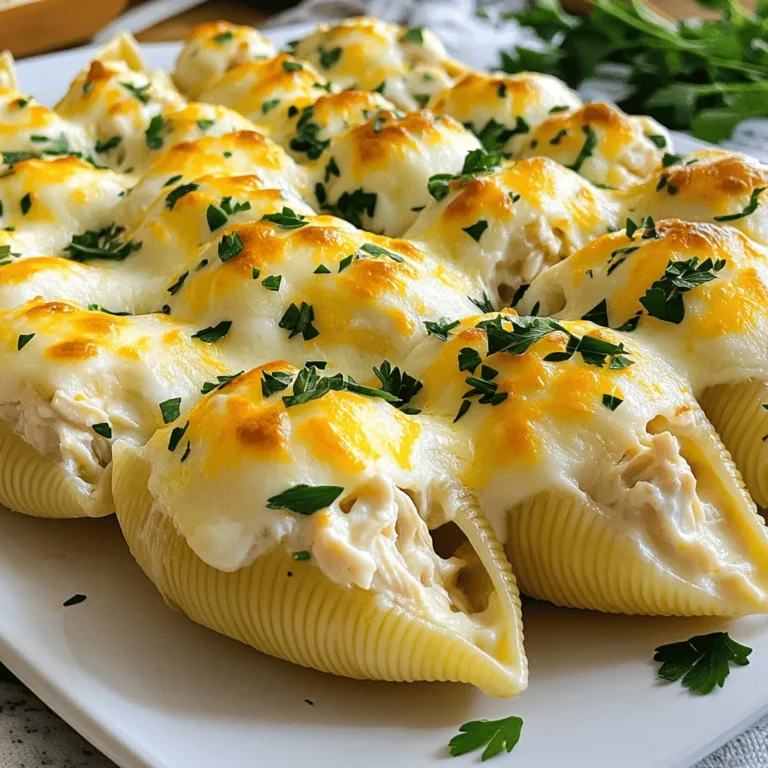 For these tasty stuffed shells, gather these key ingredients: - 20 jumbo pasta shells - 2 cups cooked chicken, shredded - 1 cup ricotta cheese - 1 cup grated mozzarella cheese, divided - ½ cup grated Parmesan cheese - 2 cups Alfredo sauce (store-bought or homemade) - 1 tablespoon olive oil - 1 teaspoon garlic powder - 1 teaspoon onion powder - Salt and pepper to taste These ingredients combine to create a creamy, cheesy dish that is sure to please. You can add a few extra touches to make your dish pop: - Fresh parsley, chopped - Extra Alfredo sauce for drizzling These garnishes add color and flavor, making your meal look and taste even better. If you don't have certain items, here are some easy swaps: - Use cooked turkey instead of chicken. - Replace ricotta with cottage cheese for a lighter option. - Swap the Alfredo sauce for a homemade version using butter, cream, and cheese. - Use low-fat cheeses to cut down on calories. These substitutions allow you to tailor the recipe to your needs while keeping it delicious. Start by preheating your oven to 350°F (175°C). This step helps get the dish ready for baking. Next, cook the jumbo pasta shells as directed on the package. Make sure they are al dente, which means they should be firm but not hard. Once cooked, drain the shells carefully and set them aside to cool. This cooling helps with the stuffing later. In a large mixing bowl, combine 2 cups of shredded chicken, 1 cup of ricotta cheese, and half of the grated mozzarella cheese. Add ½ cup of Parmesan cheese to the mix. For flavor, sprinkle in 1 teaspoon of garlic powder and 1 teaspoon of onion powder. Season with salt and pepper to your taste. Mix everything well until combined. This filling will give your stuffed shells a creamy and rich flavor. Grab a 9x13-inch baking dish. Start by spreading a thin layer of Alfredo sauce on the bottom. This helps keep the shells from sticking. Now, take each cooked shell and stuff it with the chicken and cheese mixture. Place each shell in the baking dish, ensuring the open side is facing up. Once all the shells are in, pour the remaining Alfredo sauce over them. Make sure each shell is well covered. Finally, sprinkle the rest of the mozzarella cheese on top. Cover the baking dish with aluminum foil. Bake the stuffed shells in your preheated oven for 25 minutes. This helps warm everything through. After 25 minutes, remove the foil and bake for an additional 10 minutes. You want the cheese to bubble and turn lightly golden. Once done, take the dish out of the oven and let it cool slightly. Before serving, sprinkle some chopped fresh parsley on top for a nice touch. To cook jumbo shells, follow the package instructions closely. Use plenty of water and add salt. This helps the shells stay firm and adds flavor. Boil the shells until they are al dente, which means they should still be slightly firm. Drain them carefully so they do not break. Rinse the shells with cold water to stop the cooking process. This step keeps them from getting mushy while you prepare the filling. For a creamy Alfredo sauce, quality matters. If you use store-bought sauce, choose a brand with real cream. You can also make your own by melting butter, adding cream, and mixing in Parmesan cheese. Stir it well until smooth. To enhance the flavor, add garlic and a pinch of nutmeg. This gives the sauce depth and richness. Always heat the sauce gently to avoid separation. Serve your Chicken Alfredo Stuffed Shells on a large platter. Drizzle extra Alfredo sauce on top for added creaminess. Garnish with fresh parsley for a pop of color. Pair these shells with a side salad of mixed greens, cherry tomatoes, and a light vinaigrette. Garlic bread also complements the meal nicely. For a drink, a crisp white wine or sparkling water works great. {{image_2}} For a tasty vegetarian version, swap the chicken for veggies. Use spinach, mushrooms, or zucchini. Mix these veggies with ricotta and mozzarella. This adds flavor and keeps it creamy. You can also add herbs like basil or oregano. This makes the dish fresh and bright. Want some heat? Add red pepper flakes to your filling. You can also use spicy chicken sausage instead of regular chicken. This gives a nice kick. Drizzle some sriracha or hot sauce on top before baking. This adds an extra layer of flavor and spice. If you need a gluten-free option, use gluten-free pasta shells. They cook just like regular shells. Check that your Alfredo sauce is also gluten-free. Many brands offer great options. This way, you can still enjoy this dish without worry. After you enjoy your Chicken Alfredo stuffed shells, store leftovers in an airtight container. They will stay fresh for about 3 to 5 days in the fridge. Make sure to let them cool down before sealing. If you want to save some for later, freezing is a great option. Place the stuffed shells in a freezer-safe dish. Cover them tightly with plastic wrap and then aluminum foil. They can last up to 2 months in the freezer. Remember to label the container with the date for easy tracking. When you're ready to eat your leftovers, reheating is easy. If they are frozen, let them thaw in the fridge overnight. To reheat, place the shells in an oven-safe dish. Cover with foil and heat at 350°F (175°C) for about 20 to 25 minutes. If you want, add a splash of Alfredo sauce to keep them moist. You can also use a microwave. Heat in short intervals, checking often, until hot. Chicken Alfredo Stuffed Shells last about 3 to 5 days in the fridge. Keep them in an airtight container to stay fresh. Always check for any signs of spoilage before eating. Yes, you can prepare these shells ahead of time. Just assemble them and store in the fridge. Bake them the next day for an easy meal. For best results, cover them tightly with foil. These stuffed shells pair well with a fresh salad or garlic bread. A light Caesar salad adds a nice crunch. You can also serve it with steamed vegetables for added nutrition. To sum up, you now know how to make Chicken Alfredo Stuffed Shells. We covered the main ingredients, preparation steps, and baking instructions. I shared tips for perfect shells and creamy sauce. You also learned variations for different diets and how to store leftovers. This dish offers comfort and taste, whether for dinner or a gathering. Enjoy cooking, and feel free to get creative. Your kitchen adventures await!