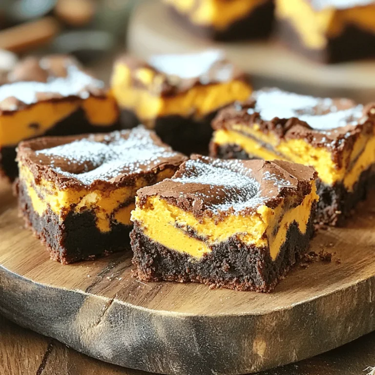 - 1 cup unsalted butter, melted - 2 cups granulated sugar - 4 large eggs - 1 teaspoon vanilla extract - 1 cup all-purpose flour - 1/2 cup unsweetened cocoa powder - 1/4 teaspoon salt - 1/4 teaspoon baking powder - 8 oz cream cheese, softened - 1 cup canned pumpkin puree - 1/2 cup granulated sugar - 1 teaspoon cinnamon - 1/2 teaspoon nutmeg - 2 large eggs - 1 teaspoon vanilla extract To make these Pumpkin Cream Cheese Brownie Swirl Bars, you need two layers. The first layer is the rich brownie base. This layer uses simple ingredients like melted butter, sugar, and eggs. The cocoa powder gives it a deep chocolate flavor. Next, you have the creamy pumpkin layer. This layer mixes cream cheese with pumpkin puree. The spices like cinnamon and nutmeg bring warmth and comfort to the dish. Together, these layers create a delightful treat that is perfect for any occasion. Having all these ingredients ready makes the process smooth. It's key to measure correctly for the best results. I recommend using room temperature cream cheese for easy mixing. The melted butter should not be hot; just warm enough to blend well. These small tips help create the perfect balance of flavors in your bars. First, preheat your oven to 350°F (175°C). This helps your bars bake evenly. Next, grease a 9x13 inch baking pan. You can also line it with parchment paper. This makes it easy to remove the bars later. In a large mixing bowl, combine 1 cup of melted butter and 2 cups of granulated sugar. Stir until smooth. Then, add 4 large eggs, one at a time, mixing well after each addition. Next, mix in 1 teaspoon of vanilla extract. In another bowl, whisk together 1 cup of all-purpose flour, ½ cup of unsweetened cocoa powder, ¼ teaspoon of salt, and ¼ teaspoon of baking powder. Gradually add these dry ingredients to the wet mixture. Stir just until combined. Be careful not to overmix. In a separate bowl, beat 8 oz of softened cream cheese until it is smooth. Add in 1 cup of canned pumpkin puree, ½ cup of granulated sugar, 1 teaspoon of cinnamon, and ½ teaspoon of nutmeg. Mix well. Next, incorporate 2 large eggs and 1 teaspoon of vanilla extract. Beat until creamy and smooth. Pour the brownie batter into the prepared baking pan. Spread it evenly across the bottom. Now, dollop the pumpkin cream cheese mixture over the brownie layer. Use a knife or toothpick to swirl the two mixtures together. This creates a beautiful marbled effect. Place the pan in your preheated oven. Bake for 30-35 minutes. To check for doneness, insert a toothpick in the center. It should come out with a few moist crumbs. Once baked, remove the pan from the oven. Let it cool for about 10-15 minutes. Then, transfer the bars to a wire rack to cool completely. After cooling, cut into squares or bars. To get the best brownie layer, avoid overmixing the batter. Overmixing can make your brownies tough. Mix just until you see no dry spots. This keeps them soft and fudgy. For a rich texture, use melted butter and let it cool slightly before mixing. This will help keep your bars moist and tasty. Creating a marbled effect is key for a great look. After you dollop the pumpkin mixture on top of the brownie batter, use a knife or toothpick. Gently drag it through both layers to create swirls. Make sure not to mix too much; you want to see both colors. A small offset spatula can help you control the swirl better. Pair these bars with a glass of cold milk or coffee. They also go great with whipped cream or a dusting of powdered sugar. For gatherings, cut them into small squares and arrange on a pretty platter. This will make them more inviting. You can also sprinkle cinnamon on top for a festive touch. {{image_2}} You can make these bars even more fun! Try adding chocolate chips to the brownie layer. This gives a nice texture and a rich chocolate taste. Just fold in one cup of chocolate chips right before you pour the batter into the pan. You can also switch up the spices in the pumpkin mixture. Instead of cinnamon and nutmeg, try ginger or allspice. This change can give the bars a new twist. You can even mix in some orange zest for a fresh flavor. If you need a gluten-free option, you can use gluten-free flour. This swap will keep the texture nice and moist. Just make sure to use a blend that works well for baking. For those who want vegan bars, there are easy swaps. Use flax eggs instead of regular eggs. Mix one tablespoon of ground flaxseed with three tablespoons of water for each egg. For cream cheese, try a vegan cream cheese alternative. These adjustments let everyone enjoy the bars! To keep your pumpkin cream cheese brownie swirl bars fresh, follow these tips: - Refrigerating: Place the cooled bars in an airtight container. You can also wrap them tightly in plastic wrap. Store them in the fridge for up to a week. This helps keep their texture moist and flavors rich. - Freezing: For long-term storage, freeze the bars. Cut them into squares and wrap each piece in plastic wrap. Then place them in a freezer-safe container. They can last for up to three months. When you’re ready to enjoy them, simply thaw in the fridge overnight. To enjoy your bars warm, follow these reheating steps: - Reheating: Preheat your oven to 350°F (175°C). Place the bars on a baking sheet and cover them with foil. Heat for about 10-15 minutes. This keeps them soft and delicious. - Serving Tips: After refrigerating, let the bars sit at room temperature for 10-15 minutes before serving. This enhances the flavors and makes them easier to slice. Enjoy with a sprinkle of powdered sugar or a dollop of whipped cream! You can tell the bars are done when they look set. The edges pull away slightly from the pan. Insert a toothpick in the center. If it comes out with a few moist crumbs, they are ready. Be careful not to overbake. If the toothpick comes out clean, the bars might be dry. Yes, you can prepare these bars ahead. Bake them one day prior to serving. Let them cool completely, then store in an airtight container. They can stay fresh for about three days at room temperature. For longer storage, refrigerate them for up to a week. You can also freeze the bars for up to three months. If you want a lighter option, use Greek yogurt. This swap keeps the creaminess while adding protein. For a dairy-free choice, try silken tofu blended until smooth. You can also use vegan cream cheese. Each option will change the taste slightly, but they all work well in the recipe. In this post, we covered delicious brownie swirl bars with a pumpkin cream cheese layer. We explored the ingredients, step-by-step instructions, and tips for perfecting your bars. Remember, avoid overmixing for a nice fudgy texture and swirl carefully for a great look. Whether you serve these at a gathering or enjoy them at home, they are a hit. Try different flavors or dietary tweaks to personalize your bars. With these tips, you’ll impress anyone who takes a bite!