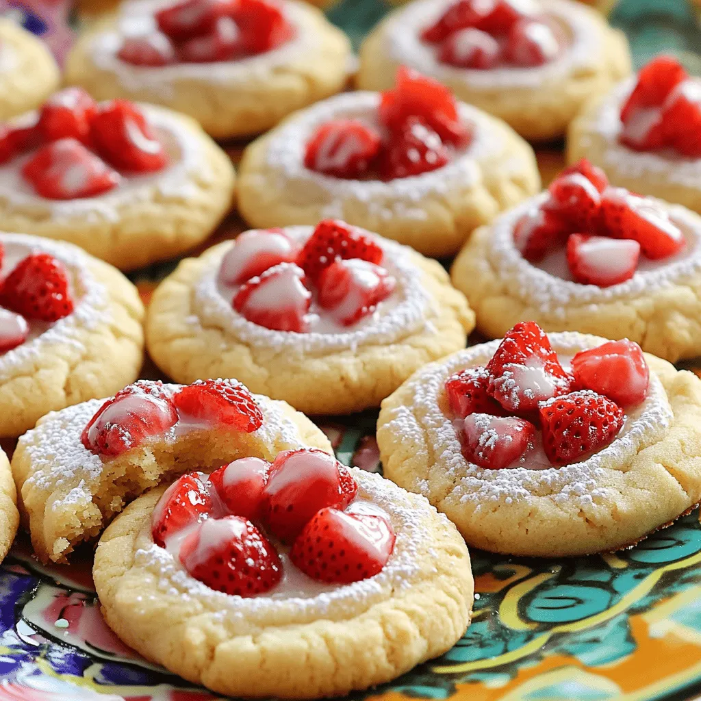 To make these delightful Strawberry Shortcake Sugar Cookies, you need the following key ingredients: - 2 ½ cups all-purpose flour - 1 teaspoon baking powder - ½ teaspoon baking soda - ½ teaspoon salt - 1 cup unsalted butter, softened - 1 cup granulated sugar - 1 egg - 2 teaspoons vanilla extract - 1 teaspoon almond extract - 1 cup fresh strawberries, diced - ½ cup powdered sugar (for decoration) - 1 tablespoon milk (for decoration) These ingredients create a soft and sweet cookie that bursts with strawberry flavor. The butter gives it richness, while the sugar adds the needed sweetness. Vanilla and almond extracts enhance the taste, making each bite a treat. Fresh strawberries provide a juicy contrast, making these cookies feel like a celebration. When you mix everything together, you’ll have a dough that is both easy to work with and delicious. You can also choose to decorate with a simple glaze made from powdered sugar and milk, adding a lovely finish. Enjoy the process of gathering these ingredients; they are the heart of a wonderful treat! Start by preheating your oven to 350°F (175°C). This step is key to baking. Line two baking sheets with parchment paper. This keeps the cookies from sticking and makes cleanup easy. In a medium bowl, whisk together the dry ingredients. You need 2 ½ cups of all-purpose flour, 1 teaspoon of baking powder, ½ teaspoon of baking soda, and ½ teaspoon of salt. Make sure they are well mixed. This ensures even flavor and texture in your cookies. In a large mixing bowl, cream 1 cup of softened unsalted butter with 1 cup of granulated sugar. Mix until it looks light and fluffy. This step adds air to the dough, making the cookies soft. Next, beat in 1 egg, 2 teaspoons of vanilla extract, and 1 teaspoon of almond extract. Mix well until everything is combined. The extracts give your cookies a lovely flavor and aroma. Gradually add the dry mix into the wet mixture. Stir until just combined. Gently fold in 1 cup of diced fresh strawberries. This adds a burst of flavor and color. Be careful not to overmix; this keeps the cookies tender. Using a cookie scoop or a tablespoon, drop portions of dough onto your prepared baking sheets. Leave about 2 inches of space between each cookie. Bake them in your preheated oven for 10-12 minutes. Watch for the edges to turn lightly golden. Once done, let them cool on the baking sheet for 5 minutes before moving them to a wire rack. This helps them firm up without breaking. To get soft and chewy cookies, measure your flour correctly. Spoon the flour into the cup, then level it off. This helps you avoid using too much flour. Mixing the butter and sugar well creates air pockets. This makes the cookies light. Don't overmix the dough after adding the dry ingredients. Just mix until you see no flour. This keeps the cookies soft. Use fresh strawberries for the best flavor. Wash and dry them well before dicing. Cut them into small pieces, about the size of a pea. This helps them mix into the dough evenly. Fold the strawberries gently into the dough. If you mix too hard, you may smash them. You want the juicy flavor in each bite. After baking, let the cookies cool on the sheet for five minutes. This helps them set and keeps them from breaking. Transfer them to a wire rack to cool completely. For a sweet glaze, mix powdered sugar with milk until smooth. Drizzle this over the cooled cookies for a nice finish. It adds a touch of sweetness and looks pretty too! {{image_2}} You can change up the flavor with easy add-ins. Try using lemon zest for a bright twist. Lime zest adds a refreshing kick too. You can also mix in white chocolate chips for a sweet touch. If you like nuts, chopped pecans or walnuts work well. Just remember to keep the strawberry flavor strong. You can get creative with your toppings. Instead of a glaze, try whipped cream. Fresh whipped cream adds a light, airy feel. You can also use cream cheese frosting for a richer taste. For a fun crunch, sprinkle crushed graham crackers on top. Chocolate drizzle can add a sweet finish too. Choose what fits your style! If you want a gluten-free version, swap the all-purpose flour for a gluten-free blend. Ensure the blend has a good texture for cookies. You can also add a bit of cornstarch to help with the softness. Most gluten-free blends work well in this recipe. Enjoy the same sweet taste without the gluten! To keep your strawberry shortcake sugar cookies fresh, store them in an airtight container. This helps keep them soft and prevents them from drying out. If you want to keep them extra fresh, place a slice of bread in the container. The bread adds moisture and keeps the cookies chewy. Make sure to store them at room temperature. These cookies taste best within a week. If stored properly, they can last up to 7 days. After that, they might lose their freshness and flavor. If you notice any signs of mold or an off smell, it’s best to toss them. You can freeze these cookies to enjoy later. First, let them cool completely. Then, place them in a single layer on a baking sheet. Freeze them for about an hour. Once frozen, transfer them to a freezer-safe bag. They can stay fresh for up to three months. When you're ready to eat them, just thaw them in the fridge overnight. Enjoy your cookies anytime! Yes, you can use frozen strawberries. Just make sure to thaw them first. Drain any extra juice. This helps prevent soggy cookies. Fresh strawberries give a better flavor, but frozen works too. If you don’t have almond extract, use vanilla extract instead. You could also try coconut extract for a fun twist. Both options keep the cookie sweet and tasty. Look for lightly golden edges. The center may seem soft, but that’s okay. Cookies will firm up as they cool. A good rule is to bake for 10-12 minutes. Yes, you can chill the dough in the fridge. Wrap it well in plastic wrap. It can stay fresh for up to three days. Just let it sit at room temp before scooping. In this post, I shared how to make strawberry shortcake sugar cookies. We covered all the key ingredients, from flour to fresh strawberries. I laid out easy steps, tips for perfect texture, and different variations to try. Your cookies can be customized or made gluten-free. Storing them right will keep them fresh. Enjoy your baking journey and have fun experimenting with new flavors! Trust me, these cookies will impress everyone who tries them.