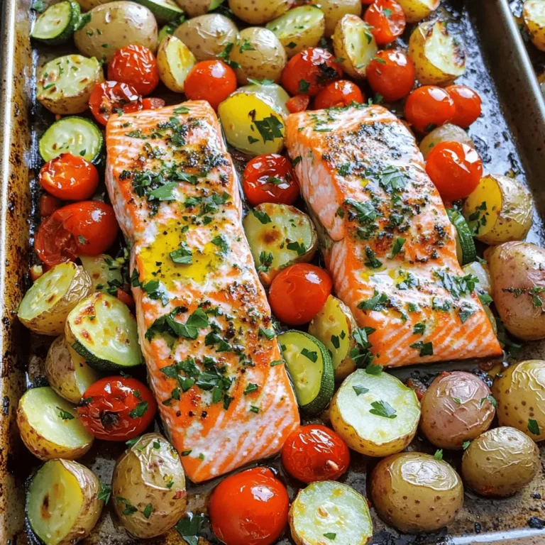 To make Sheet-Pan Mediterranean Salmon and Potatoes, gather these fresh ingredients: - 4 pieces of salmon fillets (about 6 oz each) - 1 lb baby Yukon gold potatoes, halved - 1 cup cherry tomatoes, halved - 1 red bell pepper, diced - 1 zucchini, sliced - 3 cloves garlic, minced - ¼ cup olive oil - 1 tablespoon dried oregano - 1 tablespoon lemon zest - Juice of 1 lemon - Salt and pepper to taste - Fresh parsley, chopped for garnish This vibrant mix of ingredients brings the Mediterranean to your kitchen. The salmon fillets provide rich protein, while the baby Yukon gold potatoes offer a satisfying bite. Fresh vegetables like cherry tomatoes and zucchini add color and nutrition. Garlic, olive oil, and lemon zest infuse flavor, making each bite a burst of delight. When choosing your ingredients, look for bright, firm vegetables. Fresh salmon should smell sweet and ocean-like, not fishy. The quality of your ingredients really shines through in this dish. Trust me; it makes a big difference in taste! Start by preheating your oven to 425°F (220°C). This heat will give us a nice roast. Next, take a large sheet pan. You can line it with parchment paper or use some cooking spray to prevent sticking. Both work well. Now, grab a big bowl to mix the halved baby Yukon gold potatoes. Add half of the olive oil, the minced garlic, dried oregano, salt, and pepper. Toss it all together until the potatoes are well coated. Spread them out in a single layer on your sheet pan. Roast these potatoes for about 15 minutes in the oven. This step makes them crispy and tender. While the potatoes roast, take that same big bowl. Here, mix the halved cherry tomatoes, diced red bell pepper, and sliced zucchini. Add the rest of the olive oil, lemon zest, salt, and pepper. Toss everything well. Set this colorful mix aside for later. After 15 minutes, take the sheet pan from the oven and stir the potatoes briefly. Spread the vegetable mix evenly over the potatoes. Now, season the salmon fillets with salt, pepper, and a drizzle of fresh lemon juice. Place the salmon among the vegetables. Return the pan to the oven and roast everything for another 12 to 15 minutes. You want the salmon to flake easily with a fork and the veggies to be tender. When it's done, remove it from the oven. Drizzle with any remaining lemon juice and top with fresh chopped parsley for a bright finish. Enjoy your beautiful and tasty meal! To cook salmon well, start with fresh fillets. Look for bright color and firm texture. Season the fish with salt, pepper, and lemon juice. This adds flavor and keeps it moist. Place the salmon skin-side down on the pan. This helps it cook evenly and stay juicy. Check the fish after 12 minutes. It should flake easily with a fork when done. For crispy potatoes, cut them in half and soak in water for 30 minutes. This removes excess starch. After soaking, dry them well with a towel. Toss the potatoes with olive oil, garlic, and seasonings. Spread them out in a single layer on the pan. This ensures they roast evenly and get crispy. Roast them for 15 minutes before adding the other items. This jump-starts the crispiness. Garnishing makes your dish look great. Use fresh parsley to add a pop of color. Chop it finely and sprinkle it over the dish. For extra flavor, add lemon wedges on the side. This gives a fresh touch and brightens the meal. Drizzling a little olive oil before serving also enhances the look. Enjoy serving your beautiful sheet pan meal! {{image_2}} You can easily swap salmon for another fish. Try using trout or cod. Both fish work well here. They cook at similar times to salmon. This change gives you different tastes and textures. You might find new favorites with these fish options. You can also mix in your favorite veggies. Try adding asparagus, green beans, or carrots. These vegetables add color and crunch. They also bring their own flavors to the dish. Feel free to use what you have on hand, too. This dish is very flexible. Changing the seasonings can create a new dish. For a spicy kick, add red pepper flakes. You can also use fresh herbs like dill or thyme. These will change the flavor profile but keep it fresh. Experiment with different blends to find what you love! To store leftovers, let the dish cool. Place the salmon and veggies in an airtight container. You can keep them in the fridge for up to three days. Make sure to cover the salmon to keep it fresh. You can also separate the potatoes and salmon if you prefer. When you're ready to eat again, preheat your oven to 350°F (175°C). Place the leftovers on a baking sheet. Heat for about 10-15 minutes or until warm. You can also use a microwave. Just put the salmon and veggies in a microwave-safe dish. Heat for 1-2 minutes, checking often to avoid overcooking. If you want to freeze the dish, let it cool completely first. Use airtight freezer bags or containers. Squeeze out as much air as possible. You can freeze it for up to three months. When you're ready to eat, thaw it in the fridge overnight. Then, reheat as mentioned earlier. Cook salmon on a sheet pan for 12 to 15 minutes. The salmon is done when it flakes easily with a fork. For best results, use a thermometer. Aim for an internal temp of 145°F (63°C). Yes, you can use fresh herbs in place of dried ones. Fresh herbs provide a bright flavor. Use about three times more fresh herbs than dried. For example, if a recipe calls for 1 tablespoon of dried oregano, use 3 tablespoons of fresh oregano. Many sides work well with Mediterranean salmon. Consider these options: - Quinoa or couscous for a hearty grain - Steamed asparagus or green beans for a crunchy bite - A simple green salad for freshness - Garlic bread for a tasty addition This blog post covered all the steps to make a tasty sheet pan salmon dish. You learned about the fresh ingredients, from salmon to vegetables, and how to roast them perfectly. I shared tips for crisping potatoes and adding flavor. Don't forget, you can swap salmon or add different veggies to fit your taste. Store leftovers right, and you’ll have easy meals for later. Enjoy this healthy dish with family or friends. Get cooking and impress everyone with your skills!
