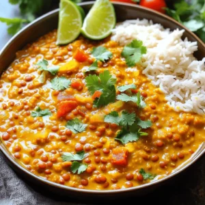 - 1 cup red lentils, rinsed - 1 can (400ml) coconut milk - 1 medium onion, finely chopped - 3 cloves garlic, minced - 1 tablespoon ginger, grated The main ingredients make this dish rich and tasty. Red lentils cook quickly and add great texture. Coconut milk brings creaminess and a hint of sweetness. Onion, garlic, and ginger build a strong base of flavor. - 1 tablespoon curry powder - 1 teaspoon turmeric - 1 teaspoon cumin - Salt and pepper to taste Spices transform a simple dish into something special. Curry powder adds warmth and depth. Turmeric gives a lovely color and a mild flavor. Cumin adds an earthy note. Always taste and adjust salt and pepper for balance. - 1 cup vegetable broth - 1 cup diced tomatoes (fresh or canned) - Fresh cilantro, chopped (for garnish) - Lime wedges (for serving) These extra ingredients complete the dish. Vegetable broth adds richness to the curry. Diced tomatoes contribute acidity and freshness. Cilantro adds brightness when sprinkled on top. Lime wedges serve as a zesty finish. Enjoy the layers of flavor! 1. Sautéing onion, garlic, and ginger Start by heating olive oil in a large saucepan over medium heat. Add the finely chopped onion. Cook it for about five minutes until it is soft and clear. Next, add minced garlic and grated ginger. Stir and cook for one to two minutes. This step gives a great flavor base. 2. Toasting the spices Now, it’s time to add the curry powder, turmeric, and cumin. Stir the spices in the pan for about one minute. This toasting brings out their rich flavors. You will smell the spices becoming fragrant, which means you are on the right track! 1. Adding diced tomatoes Pour in the diced tomatoes. You can use fresh or canned tomatoes. Cook this mixture for three to four minutes. The tomatoes should start to break down, mixing well with the spices. 2. Simmering with vegetable broth Next, add the rinsed red lentils and vegetable broth. Stir everything together and bring it to a simmer. Once it starts bubbling, reduce the heat to low. Cover the pot and let it cook for about 15 minutes. The lentils will become tender during this time. 1. Stirring in coconut milk After the lentils are ready, stir in the coconut milk. This will make your curry creamy and rich. Let it simmer for another five minutes to blend the flavors nicely. 2. Seasoning and letting it sit Finally, season with salt and pepper to taste. Remove the pot from heat and let it sit for a few minutes. This resting time helps the flavors meld together, making each bite even better. - Ensuring perfectly cooked lentils: Rinse your lentils well before cooking. This helps remove dust and impurities. Cook them on low heat for about 15 minutes. Check them for tenderness. They should be soft but not mushy. - Adjusting the spice level: If you like it mild, start with less curry powder. You can always add more later. For heat, add a pinch of cayenne or red pepper flakes. Taste as you go to find your perfect balance. - Garnishing with cilantro and lime: After serving your curry, sprinkle fresh cilantro on top. Add lime wedges on the side. The bright flavors will lift your dish. - Accompaniments like basmati rice or naan: Serve your curry with fluffy basmati rice. Naan is also great for scooping up the curry. Both pair well with the creamy sauce. - Bowl presentation tips: Use deep bowls for serving. This keeps the curry warm and makes it easy to eat. Layer rice on the bottom, then add the curry on top. - Adding vibrant colors: Add diced tomatoes or greens for color. A sprinkle of cilantro adds a fresh look. These touches make your dish appear more appetizing and fun. {{image_2}} You can switch up the lentils or beans you use. If you want to try a different taste, use green or brown lentils. They add a nice texture, too. You can also use canned chickpeas for a protein boost. For the coconut milk, you can choose coconut cream if you want a richer flavor. If you need a lighter option, vegetable broth works well too. It still keeps the dish flavorful without the creaminess. Want to make this dish even better? Add more veggies! Spinach and bell peppers work great. They add color and nutrients, making it even more comforting. You can toss them in when you add the coconut milk. Don't forget about spices! You can add a pinch of cayenne for heat or some garam masala for a deeper flavor. Each spice brings a new twist to the curry. This recipe is already vegan and gluten-free. It fits many diets! If you want a low-carb option, try using cauliflower instead of lentils. It lowers the carbs and adds a nice crunch. Just steam the cauliflower until soft and mix it in with the curry. Feel free to make it your own! Everyone loves a dish that fits their taste and needs. To keep your creamy coconut lentil curry fresh, store it in an airtight container. Place it in the fridge if you plan to eat it within a few days. It will stay good for about 3 to 5 days this way. If you want to save some for longer, freezing is a great option. Make sure to cool the curry first. Then, divide it into smaller portions. Use freezer-safe bags or containers. This method allows you to enjoy it for up to 3 months. Just remember to label the bags with the date. When you're ready to enjoy your curry again, there are a few good ways to reheat it. You can use a microwave or a stovetop. If you choose the microwave, heat it in short bursts. Stir it often to ensure even warming. About 2 to 3 minutes should do the trick. For stovetop reheating, pour the curry into a saucepan. Heat it over low to medium heat. Stir it frequently to avoid sticking. It should take about 5 to 10 minutes to warm through. Add a splash of water or coconut milk if it seems too thick. Enjoy your creamy coconut lentil curry just as delicious as when you first made it! To make creamy coconut lentil curry, start by heating olive oil in a large pan. Add a finely chopped onion and cook until it softens. Next, stir in minced garlic and grated ginger. Cook these for a minute. Then, add curry powder, turmeric, and cumin. Toast these spices for about one minute. Pour in diced tomatoes and let them cook until they break down. After that, add rinsed red lentils and vegetable broth. Bring this mix to a simmer. Once it simmers, lower the heat, cover, and cook for about 15 minutes. After the lentils are tender, stir in coconut milk and let it simmer for five more minutes. Season with salt and pepper, then serve. Yes, you can use different types of lentils. Each type changes the cooking time and texture. For example, green or brown lentils take longer to cook and stay firmer. Red lentils cook faster and become soft, which thickens the curry. Adjust the liquid and cooking time based on the lentils you choose. Creamy coconut lentil curry pairs well with several side dishes. Here are a few options: - Steamed basmati rice - Naan bread - Quinoa For beverages, try serving it with: - A light white wine - Coconut water - Sparkling water with lime These options enhance the meal and make it more enjoyable. Creamy coconut lentil curry combines simple ingredients for a rich dish. You start with red lentils and coconut milk, adding spice with curry powder and cumin. Sautéing onion, garlic, and ginger builds a flavorful base. You can adjust spices for your taste and pair it with rice or naan for a full meal. In conclusion, this dish is easy to make and flexible. Try different ingredients or spices to make it your own. Enjoy the wholesome flavors and share it with others!