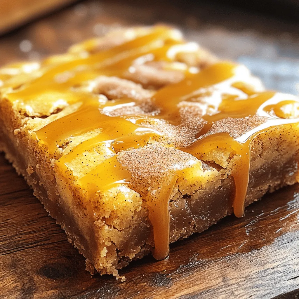 - 1 cup unsalted butter, melted - 1 cup packed brown sugar - 1 cup granulated sugar - 2 large eggs - 1 tablespoon vanilla extract These main ingredients form the base of your blondies. The melted butter adds richness and moisture. Brown sugar gives that deep, caramel-like taste, while granulated sugar balances the sweetness. Eggs help bind everything together, and vanilla adds a warm, inviting flavor. - 3 cups all-purpose flour - 2 teaspoons cream of tartar - 1 teaspoon baking soda - ½ teaspoon salt - 2 teaspoons ground cinnamon The dry ingredients play a crucial role. All-purpose flour provides structure. Cream of tartar helps create a soft texture and lift. Baking soda gives the blondies a nice rise, while salt enhances all the flavors. Ground cinnamon brings warmth and a cozy spice to each bite. - 1 cup caramel sauce (store-bought or homemade) - 1 cup white chocolate chips The optional additions can elevate your blondies. Caramel sauce offers a gooey sweetness, adding depth to each piece. White chocolate chips provide extra creaminess, making each bite even more indulgent. You can mix and match these to suit your taste! - Preheat your oven to 350°F (175°C). This step is key for even baking. - Grease a 9x13-inch baking pan or line it with parchment paper. This helps with easy removal later. - In a large bowl, combine 1 cup of melted butter with 1 cup of brown sugar and 1 cup of granulated sugar. Whisk until smooth. - Add 2 large eggs and 1 tablespoon of vanilla extract to the mix. Whisk again until everything is well blended. - In another bowl, sift together 3 cups of all-purpose flour, 2 teaspoons of cream of tartar, 1 teaspoon of baking soda, and ½ teaspoon of salt. - Gradually mix the dry ingredients into the wet ingredients. Stir until just combined. Avoid overmixing to keep the blondies soft. - Pour half of the blondie batter into your prepared pan, spreading it evenly. - Drizzle half of the caramel sauce (about ½ cup) over the batter. Use the back of a spoon to create swirls. - Spread the remaining batter over the caramel layer. Drizzle the rest of the caramel sauce on top. - Use a knife or toothpick to swirl the caramel lightly into the top layer. - In a small bowl, mix 2 teaspoons of ground cinnamon with 1 tablespoon of sugar. Sprinkle this mixture evenly over the top. - Bake the blondies in your preheated oven for 25-30 minutes. The edges should turn golden brown. - To check doneness, insert a toothpick in the center. It should come out mostly clean. A few moist crumbs are okay. - Let the blondies cool in the pan for about 15 minutes. Then, transfer them to a wire rack to cool completely. To get that soft and chewy blondie, avoid overmixing the batter. When you add the dry mix, stir gently until just combined. This keeps the blondies light and fluffy. Bake the blondies for 25 to 30 minutes. Keep an eye on them. The edges should turn golden, while the center looks slightly soft. A toothpick should come out with a few moist crumbs. If you bake too long, they can dry out. Want to boost the flavor? Add more caramel or even a swirl of chocolate. This gives each bite an extra sweet surprise. For a beautiful finish, serve the blondies drizzled with more caramel. A sprinkle of cinnamon sugar adds a nice touch, too. You can also top them with whipped cream or ice cream for a special treat. One big mistake is overbaking. If they bake too long, they can become hard and dry. Always check for doneness a few minutes early. Another mistake is cutting the blondies while they are still warm. Let them cool in the pan for at least 15 minutes. This helps them set and makes cutting easier. {{image_2}} You can spice up your Caramel Snickerdoodle Blondies with different flavors. Adding nuts like pecans or walnuts gives a nice crunch. It also adds a rich flavor that pairs well with caramel. You can also mix in different types of chocolate. Dark chocolate or milk chocolate chips can create a fun twist. Each option brings a unique taste and texture. If you need gluten-free options, use a gluten-free flour blend. This substitution keeps the blondies tasty for everyone. For vegan modifications, swap eggs for flaxseed meal or applesauce. Use dairy-free butter and chocolate chips too. These changes can make the blondies suitable for various diets without losing flavor. For fall vibes, add spices like nutmeg or pumpkin spice. These warm flavors enhance the caramel and cinnamon. You can also create holiday-themed blondies. Consider mixing in candy canes for a festive crunch or using seasonal spices. These ideas make your blondies perfect for any celebration or cozy day at home. To keep your caramel snickerdoodle blondies fresh, store them in an airtight container. Placing parchment paper between layers can help prevent sticking. I recommend using a glass or plastic container with a tight seal. These containers help keep the blondies moist and tasty. You can freeze blondies for later enjoyment. First, let them cool completely. Next, wrap each blondie in plastic wrap. Then, place them in a freezer bag or airtight container. To thaw, take them out and leave them at room temperature for about an hour. You can also warm them in the microwave for a quick treat. At room temperature, blondies can last about 4 to 5 days. Keep them in a cool place away from direct sunlight. If they start to dry out or smell off, it's best to toss them. Signs that your blondies have gone bad include a hard texture or mold. Always check before enjoying! Caramel Snickerdoodle Blondies are a sweet, soft dessert. They mix flavors of caramel and cinnamon. The main parts are butter, sugars, eggs, and flour. You also have caramel sauce swirled inside. White chocolate chips can make them even sweeter. The cinnamon topping gives them that classic snickerdoodle taste. Yes, you can prepare these blondies in advance. Make the batter and store it in the fridge for a day. When you are ready, bake them fresh. You can also bake them and store them. Just keep them in an airtight container. They stay fresh for several days. To check if your blondies are done, look for golden edges. Insert a toothpick in the center. If it comes out mostly clean, they are ready. A few moist crumbs are okay. They will set more as they cool. You can serve these blondies with ice cream for a treat. Vanilla ice cream pairs well with the caramel. Coffee also makes a nice drink choice. You can even drizzle more caramel on top for extra flavor. Yes, you can adjust the sweetness in these blondies. Use less sugar if you prefer. You can also try alternatives like honey or maple syrup. Just keep in mind that this can change the texture. Always taste your batter and adjust as needed. In this post, we covered how to make delicious Caramel Snickerdoodle Blondies. We discussed key ingredients, like butter, sugars, and eggs, along with baking steps and techniques. Remember to avoid mistakes like overbaking and to store them properly. These blondies are easy to customize with flavors and can fit different diets. Whether you enjoy them warm or cold, they offer a tasty treat for any occasion. Enjoy baking these sweet delights!