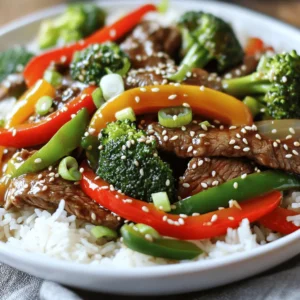 - 1 lb (450g) flank steak, thinly sliced against the grain - 1 red bell pepper, sliced - 1 green bell pepper, sliced - 1 cup broccoli florets Flank steak is tender and full of flavor. Slice it thinly to keep it juicy. Bell peppers add color and crunch. Broccoli gives a nice bite and is good for you. Together, these ingredients create a tasty base for our stir-fry. - 2 tablespoons soy sauce - 1 tablespoon oyster sauce - 1 tablespoon cornstarch - 1 tablespoon sesame oil Soy sauce brings saltiness and umami. Oyster sauce adds depth and sweetness. Cornstarch helps the meat stay tender and thickens the sauce. Sesame oil gives a nutty flavor that ties everything together. These sauces and seasonings elevate our dish to restaurant quality. - 2 green onions, chopped - Sesame seeds, for garnish Green onions add freshness and a mild kick. Sesame seeds bring a nice crunch and look pretty on top. These garnishes make your dish pop and taste even better. To start, we need to marinate the flank steak. In a medium bowl, mix the sliced beef with soy sauce, oyster sauce, and cornstarch. This step helps the beef soak up the flavors. Let it marinate for 15 to 20 minutes. Next, heat 1 tablespoon of vegetable oil in a large skillet over medium-high heat. Once hot, add the marinated beef in a single layer. Sear it for 2 to 3 minutes until it turns brown. This creates a nice crust. After that, remove the beef from the skillet and set it aside. Now it's time to cook the veggies. In the same skillet, add the other tablespoon of vegetable oil. Then, toss in the sliced red and green bell peppers along with the broccoli florets. Cook these for about 3 to 4 minutes. You want them to soften but still have some crunch. Once the veggies start to soften, add the minced garlic and grated ginger. Stir these in and cook for about a minute until they smell amazing. Now, return the cooked beef to the skillet. Pour in the sesame oil to bring all the flavors together. Stir everything to combine well. Cook for another 2 to 3 minutes until everything is hot. Finally, remove the skillet from heat. Garnish with chopped green onions and sesame seeds for added flavor and crunch. Serve this delicious stir-fry hot over cooked jasmine rice. Enjoy your meal! High heat is key for stir-frying. It cooks food fast and keeps it crisp. Use a large skillet or wok. Make sure the pan is very hot before adding ingredients. This helps sear the beef and veggies quickly. Stir often to prevent sticking. Keep everything moving for even cooking. To boost flavor, try adding a splash of rice vinegar or chili paste. You can also use garlic powder or onion powder for more taste. If you need a substitute for flank steak, use sirloin or chicken. For a vegetarian dish, try tofu or tempeh instead. A great plate makes food more appealing. Serve the stir-fry over a mound of jasmine rice. Use a large spoon to create a nice shape. For garnish, sprinkle chopped green onions and sesame seeds on top. A few slices of lime on the side add color and zest. {{image_2}} You can switch up the protein in this dish. If you prefer chicken, use thinly sliced chicken breast. It cooks quickly and stays tender. Just marinate it the same way as the beef. For a vegetarian option, try firm tofu. Press it to remove extra water, then cut it into cubes. You can pan-fry the tofu until golden before adding it to the stir-fry. Both options work well with the sauces and spices. Feel free to mix in more vegetables. Carrots, snap peas, or mushrooms can add nice texture and flavor. You can also use seasonal veggies. In spring, add asparagus; in fall, try sliced zucchini or butternut squash. Just remember to cut them into similar sizes for even cooking. This makes the dish colorful and healthy. While jasmine rice is great, you can serve this stir-fry with other rice types. Brown rice adds a nutty flavor, while sushi rice gives a sticky texture. If you want a change, try serving it over noodles. Udon or rice noodles work well. Just follow the cooking instructions on the package. This adds a fun twist and can change the meal completely. Store leftovers in an airtight container. This keeps them fresh and tasty. Place the container in the fridge. Your stir-fry will last for up to three days. Make sure to cool the dish to room temperature before sealing it. This helps prevent moisture build-up. For longer storage, you can freeze the stir-fry. Use a freezer-safe container or bag. Remove as much air as possible to avoid freezer burn. Your stir-fry can last up to three months in the freezer. When ready to eat, thaw it overnight in the fridge. For quick reheating, you can microwave it or sauté it in a skillet until hot. You can prepare this dish in advance. Marinate the beef the night before for better flavor. Chop your veggies ahead of time to save on cooking time. Divide portions into single-serving containers for easy meals. This way, you can enjoy a quick, healthy dinner anytime! Yes, you can use other cuts of beef for this stir-fry. Here are some good options: - Sirloin Steak: This cut is lean and tender. It cooks quickly and tastes great. - Ribeye Steak: It has more fat, which adds flavor. It makes the dish rich and juicy. - Round Steak: This is a leaner option. It may need a little extra marinating for tenderness. When choosing a cut, aim for something that cooks fast and stays tender. To make this dish gluten-free, swap out certain sauces: - Soy Sauce: Use tamari, which is a gluten-free soy sauce. - Oyster Sauce: Look for a gluten-free brand or make a homemade version. Also, check that your cornstarch is gluten-free. Most brands are, but it's good to confirm. These swaps keep the flavor but avoid gluten. This stir-fry pairs well with a few sides: - Jasmine Rice: It absorbs the sauce and complements the beef. - Steamed Rice Noodles: They add a different texture. Toss them with soy sauce for extra flavor. - Light Drinks: Serve with green tea or a light beer to balance the meal. These choices enhance the dish and round out your meal nicely. This blog post covered how to make a tasty garlic ginger beef stir-fry. We discussed key ingredients like flank steak, bell peppers, and broccoli, plus delicious sauces that add flavor. I shared tips for cooking the beef and veggies just right. You can try different proteins and vegetables for variety. Store leftovers smartly, and meal prep for easy meals. With these steps, you can create a dish that's both satisfying and fun. Dive in and enjoy your cooking adventure!