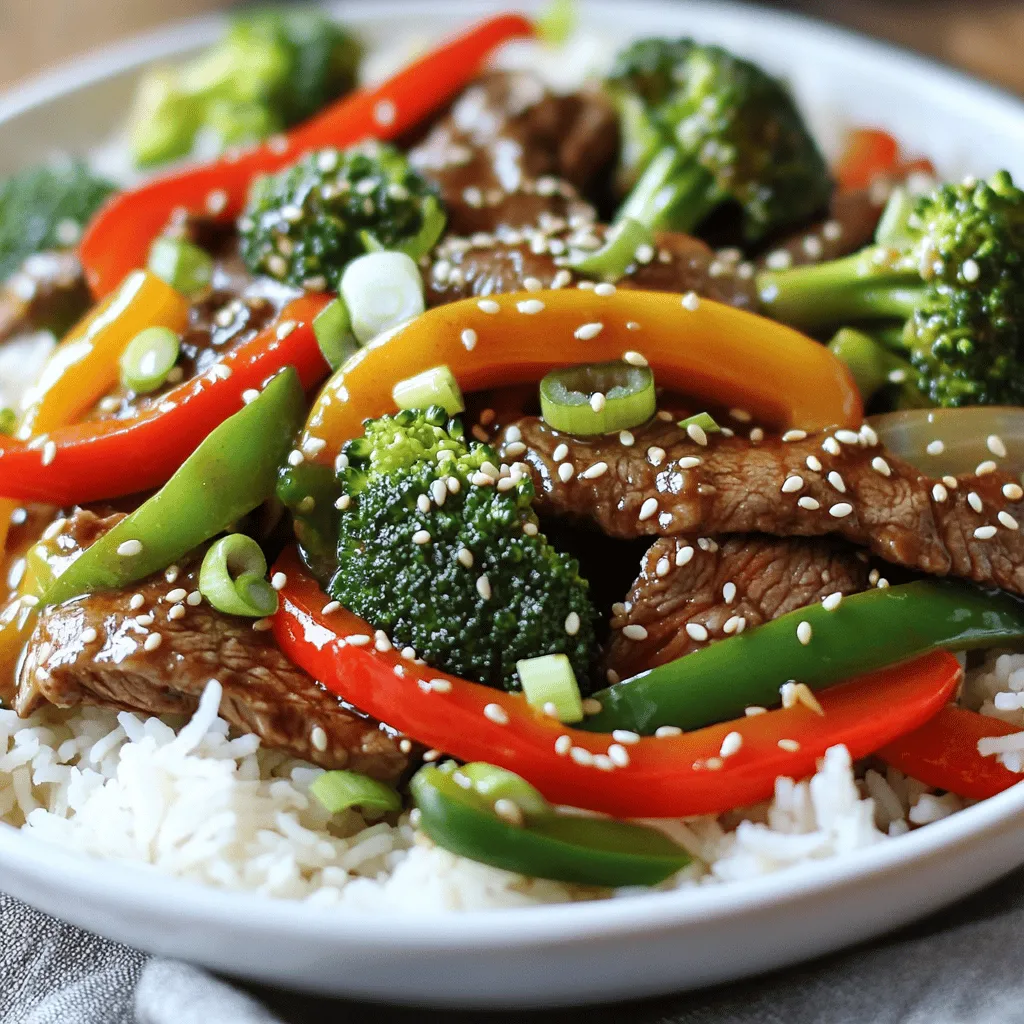 - 1 lb (450g) flank steak, thinly sliced against the grain - 1 red bell pepper, sliced - 1 green bell pepper, sliced - 1 cup broccoli florets Flank steak is tender and full of flavor. Slice it thinly to keep it juicy. Bell peppers add color and crunch. Broccoli gives a nice bite and is good for you. Together, these ingredients create a tasty base for our stir-fry. - 2 tablespoons soy sauce - 1 tablespoon oyster sauce - 1 tablespoon cornstarch - 1 tablespoon sesame oil Soy sauce brings saltiness and umami. Oyster sauce adds depth and sweetness. Cornstarch helps the meat stay tender and thickens the sauce. Sesame oil gives a nutty flavor that ties everything together. These sauces and seasonings elevate our dish to restaurant quality. - 2 green onions, chopped - Sesame seeds, for garnish Green onions add freshness and a mild kick. Sesame seeds bring a nice crunch and look pretty on top. These garnishes make your dish pop and taste even better. To start, we need to marinate the flank steak. In a medium bowl, mix the sliced beef with soy sauce, oyster sauce, and cornstarch. This step helps the beef soak up the flavors. Let it marinate for 15 to 20 minutes. Next, heat 1 tablespoon of vegetable oil in a large skillet over medium-high heat. Once hot, add the marinated beef in a single layer. Sear it for 2 to 3 minutes until it turns brown. This creates a nice crust. After that, remove the beef from the skillet and set it aside. Now it's time to cook the veggies. In the same skillet, add the other tablespoon of vegetable oil. Then, toss in the sliced red and green bell peppers along with the broccoli florets. Cook these for about 3 to 4 minutes. You want them to soften but still have some crunch. Once the veggies start to soften, add the minced garlic and grated ginger. Stir these in and cook for about a minute until they smell amazing. Now, return the cooked beef to the skillet. Pour in the sesame oil to bring all the flavors together. Stir everything to combine well. Cook for another 2 to 3 minutes until everything is hot. Finally, remove the skillet from heat. Garnish with chopped green onions and sesame seeds for added flavor and crunch. Serve this delicious stir-fry hot over cooked jasmine rice. Enjoy your meal! High heat is key for stir-frying. It cooks food fast and keeps it crisp. Use a large skillet or wok. Make sure the pan is very hot before adding ingredients. This helps sear the beef and veggies quickly. Stir often to prevent sticking. Keep everything moving for even cooking. To boost flavor, try adding a splash of rice vinegar or chili paste. You can also use garlic powder or onion powder for more taste. If you need a substitute for flank steak, use sirloin or chicken. For a vegetarian dish, try tofu or tempeh instead. A great plate makes food more appealing. Serve the stir-fry over a mound of jasmine rice. Use a large spoon to create a nice shape. For garnish, sprinkle chopped green onions and sesame seeds on top. A few slices of lime on the side add color and zest. {{image_2}} You can switch up the protein in this dish. If you prefer chicken, use thinly sliced chicken breast. It cooks quickly and stays tender. Just marinate it the same way as the beef. For a vegetarian option, try firm tofu. Press it to remove extra water, then cut it into cubes. You can pan-fry the tofu until golden before adding it to the stir-fry. Both options work well with the sauces and spices. Feel free to mix in more vegetables. Carrots, snap peas, or mushrooms can add nice texture and flavor. You can also use seasonal veggies. In spring, add asparagus; in fall, try sliced zucchini or butternut squash. Just remember to cut them into similar sizes for even cooking. This makes the dish colorful and healthy. While jasmine rice is great, you can serve this stir-fry with other rice types. Brown rice adds a nutty flavor, while sushi rice gives a sticky texture. If you want a change, try serving it over noodles. Udon or rice noodles work well. Just follow the cooking instructions on the package. This adds a fun twist and can change the meal completely. Store leftovers in an airtight container. This keeps them fresh and tasty. Place the container in the fridge. Your stir-fry will last for up to three days. Make sure to cool the dish to room temperature before sealing it. This helps prevent moisture build-up. For longer storage, you can freeze the stir-fry. Use a freezer-safe container or bag. Remove as much air as possible to avoid freezer burn. Your stir-fry can last up to three months in the freezer. When ready to eat, thaw it overnight in the fridge. For quick reheating, you can microwave it or sauté it in a skillet until hot. You can prepare this dish in advance. Marinate the beef the night before for better flavor. Chop your veggies ahead of time to save on cooking time. Divide portions into single-serving containers for easy meals. This way, you can enjoy a quick, healthy dinner anytime! Yes, you can use other cuts of beef for this stir-fry. Here are some good options: - Sirloin Steak: This cut is lean and tender. It cooks quickly and tastes great. - Ribeye Steak: It has more fat, which adds flavor. It makes the dish rich and juicy. - Round Steak: This is a leaner option. It may need a little extra marinating for tenderness. When choosing a cut, aim for something that cooks fast and stays tender. To make this dish gluten-free, swap out certain sauces: - Soy Sauce: Use tamari, which is a gluten-free soy sauce. - Oyster Sauce: Look for a gluten-free brand or make a homemade version. Also, check that your cornstarch is gluten-free. Most brands are, but it's good to confirm. These swaps keep the flavor but avoid gluten. This stir-fry pairs well with a few sides: - Jasmine Rice: It absorbs the sauce and complements the beef. - Steamed Rice Noodles: They add a different texture. Toss them with soy sauce for extra flavor. - Light Drinks: Serve with green tea or a light beer to balance the meal. These choices enhance the dish and round out your meal nicely. This blog post covered how to make a tasty garlic ginger beef stir-fry. We discussed key ingredients like flank steak, bell peppers, and broccoli, plus delicious sauces that add flavor. I shared tips for cooking the beef and veggies just right. You can try different proteins and vegetables for variety. Store leftovers smartly, and meal prep for easy meals. With these steps, you can create a dish that's both satisfying and fun. Dive in and enjoy your cooking adventure!