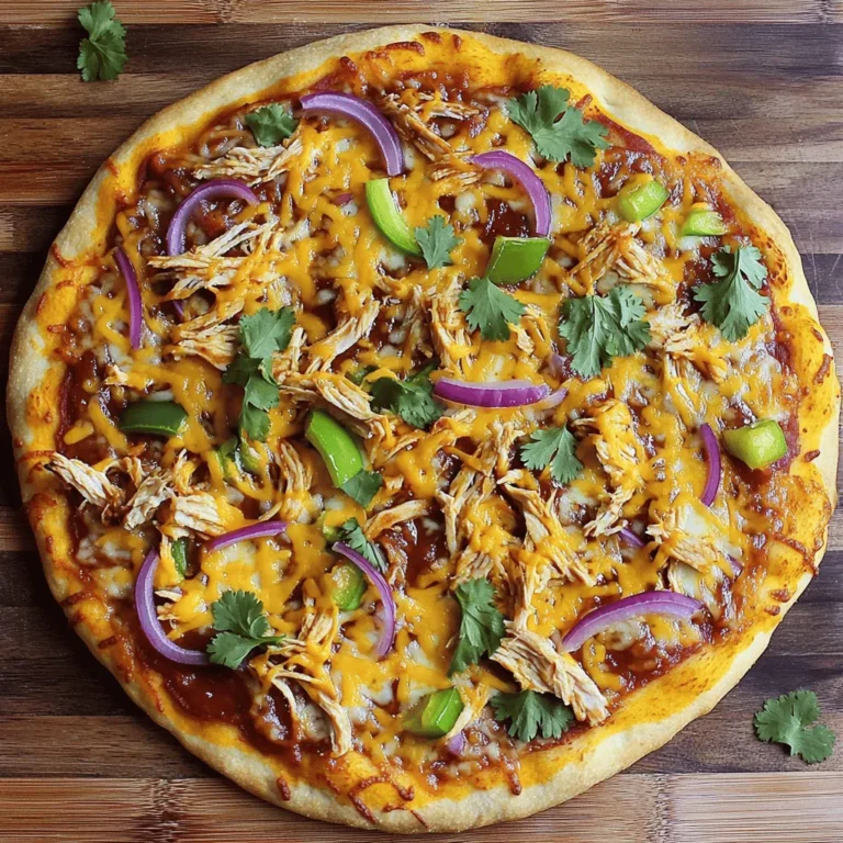 - 1 pre-made pizza crust (store-bought or homemade) - 1 cup cooked chicken, shredded - 1/2 cup barbecue sauce - 1/2 cup ranch dressing - 1 cup shredded mozzarella cheese - 1/2 cup cheddar cheese, shredded - 1/4 red onion, thinly sliced - 1/4 cup green bell pepper, sliced - 1/4 cup cilantro, chopped (for garnish) - Salt and pepper to taste Choosing good ingredients makes a big difference. For the chicken, use fresh or leftover cooked chicken. It adds great flavor. The barbecue sauce should be your favorite. A good brand enhances the pizza's taste. Use full-fat ranch dressing for a creamy texture. For cheese, choose high-quality mozzarella and cheddar for the best melt. Fresh veggies, like red onion and bell pepper, give crunch and color. Fresh cilantro adds a bright touch at the end. You can easily swap ingredients. For the crust, use gluten-free or cauliflower crust. If you don’t have barbecue sauce, try a spicy sauce for a kick. For the chicken, shredded turkey works well too. You can mix different cheeses, like pepper jack for a spicy twist. If you want a lighter option, use yogurt instead of ranch dressing. If you don’t like cilantro, try parsley or leave it out altogether. First, set your oven to 475°F (245°C). This high heat helps the pizza crust get nice and crispy. While the oven heats, roll out your pre-made pizza crust on a floured surface. You can make it as thick or thin as you like. Then, place the crust on a baking sheet or pizza stone. This will hold all your tasty toppings. Next, grab a mixing bowl. Put in one cup of shredded chicken. Then, add half a cup of barbecue sauce. Mix it well, so the chicken is fully coated. This mix gives the pizza its sweet and smoky flavor. You can even taste a little to adjust the flavor if needed. Now, it’s time to build your pizza. Spread ranch dressing evenly on the crust. Leave a small edge around the crust for a nice border. Then, add the BBQ chicken mixture on top of the ranch dressing. Make sure you spread it out evenly. Next, sprinkle one cup of shredded mozzarella cheese and half a cup of shredded cheddar cheese over the chicken. Finally, add sliced red onion and green bell pepper. This adds some crunch and color to your pizza. Once your pizza is assembled, it’s time to bake. Place the pizza in your preheated oven. Bake it for about 12 to 15 minutes. You want the crust to be golden and the cheese to be bubbly and slightly browned. When it’s done, take it out of the oven and let it cool for a few minutes. For the final touch, sprinkle chopped cilantro on top before slicing it into wedges. Enjoy your BBQ ranch chicken pizza with friends or family! To get a crispy crust, you want to start with a hot oven. Preheat your oven to 475°F (245°C). This high heat helps the crust cook fast. If using a pizza stone, place it in the oven to heat up too. Roll your crust out thin for the best crunch. A thin crust bakes better and gives you that nice crunch you want. To boost the flavor, use high-quality barbecue sauce. Choose a sauce that has a nice balance between sweet and tangy. You can mix in spices like garlic powder or smoked paprika into the chicken for more flavor. Don’t forget to add fresh herbs like cilantro on top after baking. This adds a fresh taste that brightens the pizza. One mistake is overloading the pizza with toppings. Too many toppings can make the pizza soggy. Always layer your ingredients evenly. Also, remember to let the pizza cool for a few minutes after baking. Cutting it too soon can make the cheese slide off. Finally, don’t skip seasoning with salt and pepper; it makes a big difference! {{image_2}} You can change up your BBQ Ranch Chicken Pizza with fun toppings. Try adding diced tomatoes for a fresh taste. You can also use jalapeños if you like heat. Pineapple gives a sweet twist, while bacon adds a smoky flavor. For a crunch, add some sliced cucumbers. Feel free to mix and match these toppings to find your favorite combo! Switching sauces can change your pizza's flavor. Instead of barbecue sauce, use buffalo sauce for some spice. A garlic sauce can add a creamy touch. You might also mix ranch and barbecue for a unique taste. Each sauce brings its own flavor, so don’t be shy to experiment! You can make this pizza vegetarian or vegan with a few swaps. Use plant-based chicken or skip the meat altogether. Replace mozzarella and cheddar with vegan cheese for a dairy-free option. You can also add more veggies, like mushrooms or spinach, for extra nutrients. This way, everyone can enjoy BBQ Ranch Chicken Pizza! To keep your BBQ Ranch Chicken Pizza fresh, store it in an airtight container. If you leave it out, the crust becomes soggy. Allow the pizza to cool first, then cover it tightly. You can keep leftovers in the fridge for up to three days. When you want to enjoy leftovers, preheat your oven to 350°F (175°C). Place the pizza on a baking sheet. Heat for about 10-15 minutes until the cheese melts again. This method helps maintain the crust's crispiness. You can also use a microwave, but the crust may not be as crunchy. If you want to save the pizza for later, freezing works well. Wrap each slice in plastic wrap, then place it in a freezer-safe bag. This method helps prevent freezer burn. You can freeze the pizza for up to two months. When ready to eat, thaw it in the fridge overnight before reheating. BBQ Ranch Chicken Pizza is a fun twist on classic pizza. It features tender, shredded chicken mixed with zesty barbecue sauce. The ranch dressing adds a cool flavor that pairs perfectly with the BBQ. It’s topped with melted cheese and colorful veggies. This pizza is a hit for family dinners or casual gatherings. Yes, you can use many types of crust. You can choose a thin crust or a thick crust. Gluten-free options work well too. If you like a crispy base, try a pre-baked crust. Homemade dough is also a great choice if you enjoy baking. To adjust the spice level, you can add hot sauce to the chicken mix. If you want less heat, use a mild barbecue sauce. You can also add more veggies like jalapeños or bell peppers for a kick. Always taste as you go to find the right balance. Absolutely! BBQ Ranch Chicken Pizza is great for meal prep. You can make the chicken mix ahead of time and store it in the fridge. Assemble the pizza before baking for a quick dinner. Leftovers can be stored for easy lunches or snacks. Just reheat in the oven or microwave. You now have all the key steps to make BBQ Ranch Chicken Pizza. We covered the ingredients needed and how to choose quality options. The cooking steps guide you from oven prep to baking. I shared tips for a crispy crust and how to avoid mistakes. You can even explore fun variations to match your taste. Enjoy storing and reheating leftovers with ease. Now, it’s time to create your own delicious pizza!