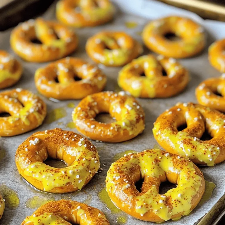 To make Spicy Ranch Pretzels, gather these simple items: - 8 oz (about 4 cups) pretzel bites or traditional pretzels - 1/4 cup vegetable oil - 1 packet (1 oz) ranch dressing mix - 1 teaspoon garlic powder - 1 teaspoon onion powder - 1 teaspoon cayenne pepper (adjust to taste) - 1/2 teaspoon smoked paprika - 1/2 teaspoon black pepper - 1/4 teaspoon salt (optional, depending on saltiness of pretzels) You can make your pretzels even better with these add-ins: - Extra cayenne for more heat - Cheddar powder for a cheesy twist - Dried herbs like dill or parsley - A splash of hot sauce for a kick - Sesame seeds for added crunch Using good ingredients makes a big difference. Here are some brands I trust: - Pretzels: Snyder's or Utz for a great taste - Ranch Dressing Mix: Hidden Valley for classic flavor - Spices: McCormick for fresh and bold flavors - Vegetable Oil: Wesson or Mazola for quality and taste These choices ensure you have a tasty and crunchy snack every time! First, you need to preheat your oven to 350°F (175°C). This step is key for even baking. Next, gather your ingredients. You will need: - 8 oz (about 4 cups) pretzel bites or traditional pretzels - 1/4 cup vegetable oil - 1 packet (1 oz) ranch dressing mix - 1 teaspoon garlic powder - 1 teaspoon onion powder - 1 teaspoon cayenne pepper (adjust to taste) - 1/2 teaspoon smoked paprika - 1/2 teaspoon black pepper - 1/4 teaspoon salt (optional) Make sure your pretzels are fresh. If they are stale, they won’t be as tasty. In a large mixing bowl, add the vegetable oil and the ranch dressing mix. Then, toss in the garlic powder, onion powder, cayenne pepper, smoked paprika, black pepper, and salt if you want. Use a whisk to blend these ingredients well. The mix should look smooth and slightly thick. Now, add your pretzel bites to the bowl. Toss them gently until every pretzel is coated with the spicy oil mixture. This step is important. You want each pretzel to soak up those bold flavors. Take a baking sheet and line it with parchment paper. Spread the coated pretzels evenly across the sheet. Make sure they are in a single layer. This helps them bake evenly. Place the baking sheet in your preheated oven. Bake for about 10-12 minutes. You should see them turning lightly golden. Halfway through, stir the pretzels around to ensure they cook evenly. When they are ready, take them out and let them cool for a few minutes. Enjoy the bold, spicy ranch flavor! To make your pretzels extra crunchy, use less oil. The less oil you use, the crunchier they get. Aim for just enough to coat each pretzel. Also, bake them until golden brown. This usually takes about 12 minutes. Let them cool on the baking sheet for a few minutes. This helps them firm up even more. You can easily change the spice levels in this recipe. If you like it mild, cut back on the cayenne pepper. Start with just a pinch and taste. For more heat, add extra cayenne or even some hot sauce. Remember to mix well after each addition to get even flavor throughout. These pretzels are great for many occasions. Serve them at parties or game days. Pair them with a cool dip like ranch or sour cream. You can also add a side of fresh veggies for crunch. Try serving them with a cold drink for a perfect snack combo! {{image_2}} You can change the flavor of your Spicy Ranch Pretzels easily. Try adding different spices. For a zesty kick, add lemon zest. You can also use chili powder for heat. If you like cheese, sprinkle in some grated Parmesan. Each change brings a new taste. Pretzels come in many shapes and sizes. You can use pretzel bites or traditional pretzels. Each type gives a different crunch. Thin pretzels bake up crispier. If you prefer thick pretzels, they will be chewier. Experiment and see which you like best. You can make your ranch dressing at home. This gives a fresh taste to your pretzels. Mix together sour cream, buttermilk, and herbs. Add garlic and onion powder for flavor. You can control the spice level this way. Use this dressing instead of the packet for a personal touch. To keep your Spicy Ranch Pretzels fresh, store them in an airtight container. This helps keep moisture out and crunch in. You can use a glass jar or a resealable plastic bag. If you want to keep them extra fresh, you can add a piece of bread to the container. The bread helps absorb moisture and keeps the pretzels crisp. When stored properly, these pretzels can last up to two weeks. After that, they may lose their crunch. If you notice any signs of softness, it’s best to eat them soon. Remember, the fresher they are, the better the flavor and crunch. If your pretzels lose some crunch, you can easily revive them. Preheat your oven to 350°F (175°C). Spread the pretzels on a baking sheet in a single layer. Heat them for about 5-7 minutes. This will help them regain their crispy texture and make them taste like fresh out of the oven! Enjoy the spicy ranch flavor all over again. Yes, you can use a different oil. Olive oil or canola oil works well. Just make sure the oil has a mild flavor. This way, it won't change the taste of the spice mix. Each oil brings its own twist to your pretzels. Experiment and find what you like best! To make these pretzels healthier, swap the pretzels for whole grain ones. You can also cut back on the oil. Instead of 1/4 cup, try using just 2 tablespoons. This will reduce the fat while still keeping the flavor. Adding spices like extra garlic or herbs can enhance taste without extra calories. You can find pre-made Spicy Ranch Pretzels at most grocery stores. Check the snack aisle or the deli section. Some health food stores may carry them too. You can also order them online from retailers like Amazon or specialty snack shops. Just make sure to read the label for quality ingredients! You learned how to make spicy ranch pretzels easily. We covered ingredients, including brands that ensure quality. I shared steps to prep, mix, and bake for perfect results. I also gave tips for crunchiness and spice control. You can mix flavors and even use different pretzel types. Proper storage keeps them fresh longer, so you can enjoy them later. These pretzels can fit any taste and add fun to snacks. Now, get cooking and enjoy your tasty creation!
