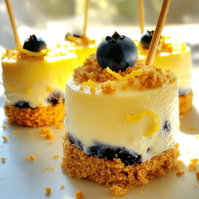 To make Blueberry Lemon Cheesecake Pops, gather these key items: - 1 cup cream cheese, softened - 1/2 cup Greek yogurt - 1/2 cup powdered sugar - 1 teaspoon vanilla extract - Zest of 1 lemon - 2 tablespoons fresh lemon juice - 1 cup fresh blueberries (plus extra for decoration) - 1/2 cup graham cracker crumbs - 1/4 cup melted butter These ingredients create a creamy, tangy treat that is full of flavor. The cream cheese gives the pops their rich taste. Greek yogurt adds a nice tang, making them light and fresh. The blueberries bring a burst of sweetness, while the lemon zest and juice keep it bright. You can make these pops even more fun with some simple garnishes: - Extra graham cracker crumbs - Whole blueberries Rolling the tops in graham cracker crumbs gives a nice crunch. A whole blueberry on top adds a lovely touch. These garnishes make your pops look pretty and add extra flavor. If you need to adjust the recipe, here are some swaps you can make: - Use low-fat cream cheese for a lighter option. - Swap Greek yogurt with regular yogurt if needed. - Replace fresh blueberries with frozen ones if fresh are not available. These substitutions keep the recipe simple. You can find most of these items at any grocery store. Just remember to keep the same amounts for the best results! Start by gathering your ingredients. You will need cream cheese, Greek yogurt, powdered sugar, vanilla extract, lemon zest, and fresh lemon juice. In a mixing bowl, blend the softened cream cheese with the Greek yogurt. Add in the powdered sugar, vanilla extract, lemon zest, and fresh lemon juice. Use a whisk or electric mixer to blend everything until it is smooth and creamy. This will be your cheesecake base. Next, gently fold in the fresh blueberries. Be careful not to crush them too much. You want to keep some whole berries for texture and flavor. This mixture is the heart of your cheesecake pops. Now it’s time to prepare the popsicle molds. In a separate bowl, mix the graham cracker crumbs with the melted butter. Stir until the crumbs are well coated and look like wet sand. This will form the crust for your pops. Spoon a little of this graham cracker mix into the bottom of each mold. Press it down lightly to form a solid layer. After that, fill each mold with the cheesecake mixture, almost to the top. Be sure to leave a small space at the top. This allows room for the pops to expand as they freeze. Carefully insert the popsicle sticks into each mold. If they wobble, adjust them until they stand straight. Place the molds in the freezer. Let them freeze for at least 4 to 6 hours. You want them to be completely firm before you try to unmold them. To take the pops out, run the molds under warm water for a few seconds. This helps to loosen the pops. Then, gently pull them out of the molds. For an extra touch, you can roll the tops in more graham cracker crumbs or add a whole blueberry on top for decoration. Enjoy your Blueberry Lemon Cheesecake Pops! To get a creamy texture, start with softened cream cheese. You want it soft enough to mix easily. Use a whisk or electric mixer to blend all the ingredients. Mix the cream cheese, Greek yogurt, powdered sugar, vanilla, lemon zest, and lemon juice until smooth. This step helps break down lumps and creates a nice, creamy base. Do not skip mixing well. A smooth base means a better popsicle. When adding blueberries, be gentle. You do not want to smash them. Use a spatula to fold the blueberries into the creamy mixture. Start from the bottom and carefully lift the mixture over the berries. This keeps some blueberries whole for texture and flavor. If you crush them too much, your pops may turn blue instead of having pretty swirls. If your cheesecake pops are too icy, you may have used too much yogurt. This can make them freeze harder. To fix this, try using less yogurt next time. If they are hard to remove from the mold, run warm water over the outside for a few seconds. This helps loosen them. If they do not taste sweet enough, add a bit more powdered sugar. Taste as you mix, and adjust to your liking. {{image_2}} You can switch the blueberries for other fruits. Raspberries work great. Strawberries add a sweet kick. If you want a tropical vibe, try mangoes or pineapple. Each fruit gives a new taste and color. To make these pops lighter, use low-fat cream cheese. You can replace Greek yogurt with a dairy-free version. Instead of powdered sugar, try honey or maple syrup. These swaps keep the flavor while cutting calories. Want to change up the taste? Add coconut for a tropical twist. Just mix in shredded coconut with the cream cheese. For a fresh flavor, include mint. A few drops of mint extract can brighten the pops. Each infusion gives you a fun new treat to enjoy! To keep your Blueberry Lemon Cheesecake Pops fresh, store them in an airtight container. This helps prevent freezer burn. You can also wrap each pop in plastic wrap for extra safety. It’s best to keep them in the back of the freezer. This area stays the coldest and most consistent. These cheesecake pops can last up to two months in the freezer. After that, they may lose their taste and texture. If you plan to keep them longer, label the container with the date. This way, you won’t forget how long they’ve been stored. You do not need to heat these pops. They are best served cold as a refreshing treat. If you take them out to thaw, do not refreeze them. Refreezing can change the texture and flavor. Enjoy them fresh after thawing for the best taste! Yes, you can! To make Blueberry Lemon Cheesecake Pops dairy-free, use dairy-free cream cheese. Look for brands that offer a creamy texture. You can also use coconut yogurt instead of Greek yogurt. Check the labels to ensure they fit your taste and dietary needs. You can store these pops in the freezer for up to two months. Make sure they are in an airtight container or wrapped well to avoid freezer burn. If you want to keep them fresh, label the container with the date you made them. The best molds for freezing pops are silicone molds. They make it easy to remove the pops once they are frozen. You can also use plastic molds with sticks. Just remember to run them under warm water to help release the pops. Choose a mold that is easy to clean for convenience! You learned how to make delicious Blueberry Lemon Cheesecake Pops. We covered main ingredients, optional garnishes, and clever substitutions. The step-by-step guide made the process easy. You also got tips for a creamy texture and solved potential problems. Explore different fruit options and healthy swaps to customize your pops. Store them properly to enjoy later. Remember, these treats are fun to make and share. Try them out, and enjoy the sweet rewards of your hard work!