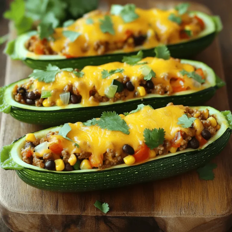 Cheesy taco stuffed zucchini is a fun dish. This meal is tasty and easy to make. You start with fresh zucchinis, then stuff them with a cheesy taco mix. This dish is perfect for a family dinner or a gathering with friends. - 4 medium zucchinis - 1 lb ground turkey or beef - 1 small onion, diced - 2 cloves garlic, minced - 1 tsp chili powder - 1 tsp cumin - 1/2 tsp smoked paprika - 1 cup corn kernels (fresh or frozen) - 1 cup black beans, rinsed and drained - 1 cup diced tomatoes (canned or fresh) - Salt and pepper to taste - 1 cup shredded cheddar cheese - 1/4 cup fresh cilantro, chopped (for garnish) - Sour cream (optional, for serving) You can add a few fun garnishes to enhance your dish. Fresh cilantro adds a nice touch. A dollop of sour cream gives creaminess and cools the spices. You can also sprinkle some extra cheese on top for added flavor. Enjoy your cheesy taco stuffed zucchini with these tasty extras! First, gather all your ingredients. You will need 4 medium zucchinis, 1 pound of ground turkey or beef, and a small diced onion. Don’t forget the garlic, chili powder, cumin, and smoked paprika. You also need 1 cup of corn, 1 cup of black beans, and 1 cup of diced tomatoes. Finally, have salt, pepper, and 1 cup of shredded cheddar cheese ready. Preheat your oven to 375°F (190°C). Now, cut the zucchinis in half lengthwise. Use a spoon to scoop out the insides. Make sure to keep the insides for later. You want to create little boats for your filling. Set the hollowed zucchinis aside on a baking sheet. In a large skillet, heat some oil over medium heat. Add the ground turkey or beef and cook until it turns brown. If there’s a lot of fat, drain it out. Next, toss in the diced onion and minced garlic. Stir them until the onion becomes soft and clear. Now, add the chili powder, cumin, smoked paprika, and the reserved zucchini insides. Cook this mixture for about 2-3 minutes. This lets all the flavors blend together. Then, stir in the corn, black beans, and diced tomatoes. Season with salt and pepper to taste. Let everything cook for an additional 5 minutes, stirring occasionally. Once done, take the skillet off the heat. Mix in half of the shredded cheddar cheese until it melts into the warm filling. Spoon the cheesy taco mixture into the hollowed zucchini halves. Pack it in well so each boat is full. Then, sprinkle the remaining shredded cheddar cheese on top of each stuffed zucchini. Place the baking sheet in the oven and bake for 25-30 minutes. You want the zucchinis to be tender and the cheese to bubble and turn golden. When they are ready, take them out of the oven. Allow them to cool for a few minutes. Garnish with chopped cilantro before serving. Enjoy your cheesy taco stuffed zucchinis! When choosing zucchini, look for ones that are firm. They should feel heavy for their size. Check for a bright color and smooth skin. Avoid zucchinis with soft spots or blemishes. Fresh zucchini has a mild smell. Store them in a cool, dry place. For best taste, use them within a week. Cheddar cheese works great for this recipe, but you can try others too. Monterey Jack melts well and adds creaminess. Pepper Jack gives a nice kick with its spices. For a twist, use crumbled feta for a tangy flavor. Mix different cheeses for a unique blend! You can easily change the spice levels in this dish. If you like it mild, use less chili powder. For more heat, add diced jalapeños or cayenne pepper. Taste the filling as you cook to find your perfect balance. You can always serve hot sauce on the side for extra spice! {{image_2}} You can make a tasty vegetarian version of cheesy taco stuffed zucchini. Just skip the meat. Use extra black beans, lentils, or quinoa instead. They add protein and flavor. Mix in more veggies like bell peppers or mushrooms for added texture. You can still use the same spices like chili powder and cumin. Top it with cheese or a dairy-free option for a creamy finish. Switching up proteins makes this dish fun and new. You can use chicken, pork, or even tempeh. Ground chicken is a leaner choice. If you like beef, try ground beef or even a mix. You can even use shredded rotisserie chicken for a quick option. Just make sure to cook any raw meat fully before mixing it with the other ingredients. Serve your cheesy taco stuffed zucchini with tasty sides. A fresh salad pairs well for a light touch. You can also serve it with rice or quinoa for a filling meal. Cornbread or tortilla chips add a nice crunch. Add a side of salsa or guacamole for extra flavor. Don't forget a dollop of sour cream on top for creaminess! To keep your cheesy taco stuffed zucchini fresh, place it in an airtight container. Make sure it cools to room temperature first. Store it in the fridge for up to three days. If you have a lot left, you can separate the zucchini from the filling. This keeps the zucchini from getting too soggy. When you’re ready to enjoy your leftovers, preheat your oven to 350°F (175°C). Place the stuffed zucchini on a baking sheet. Cover it with foil to prevent it from drying out. Bake for about 15-20 minutes, or until heated through. You can also use a microwave. Just heat for 1-2 minutes on a microwave-safe plate. Check to see if it’s warm enough. You can freeze cheesy taco stuffed zucchini too! Wrap each piece tightly in plastic wrap or foil. Place them in a freezer bag for extra protection. Label the bag with the date. You can freeze them for up to three months. When you are ready to eat, thaw in the fridge overnight. Then, reheat as described above. Yes, you can use other veggies. Bell peppers, eggplant, or squash work well. Each veggie brings its own taste. For instance, bell peppers add sweetness. Eggplant gives a rich texture. Choose what you like best! You can swap ground turkey for ground beef or chicken. You can also use plant-based meat for a veggie option. Each choice has a different flavor and texture. Choose what fits your diet and taste. To add heat, try adding diced jalapeños or hot sauce. You can also increase the chili powder and cumin. For a smoky flavor, add chipotle peppers in adobo sauce. Adjust to your spice level. Enjoy your tasty creation! This blog post covers a tasty zucchini dish. We looked at the ingredients needed, from basics to garnishes. I shared step-by-step instructions to make cooking easier. Then, we explored tips for selecting fresh zucchini and the best cheese options. We also discussed fun variations and how to store leftovers. In summary, this dish is versatile and easy to prepare. I encourage you to try new flavors and make it your own!