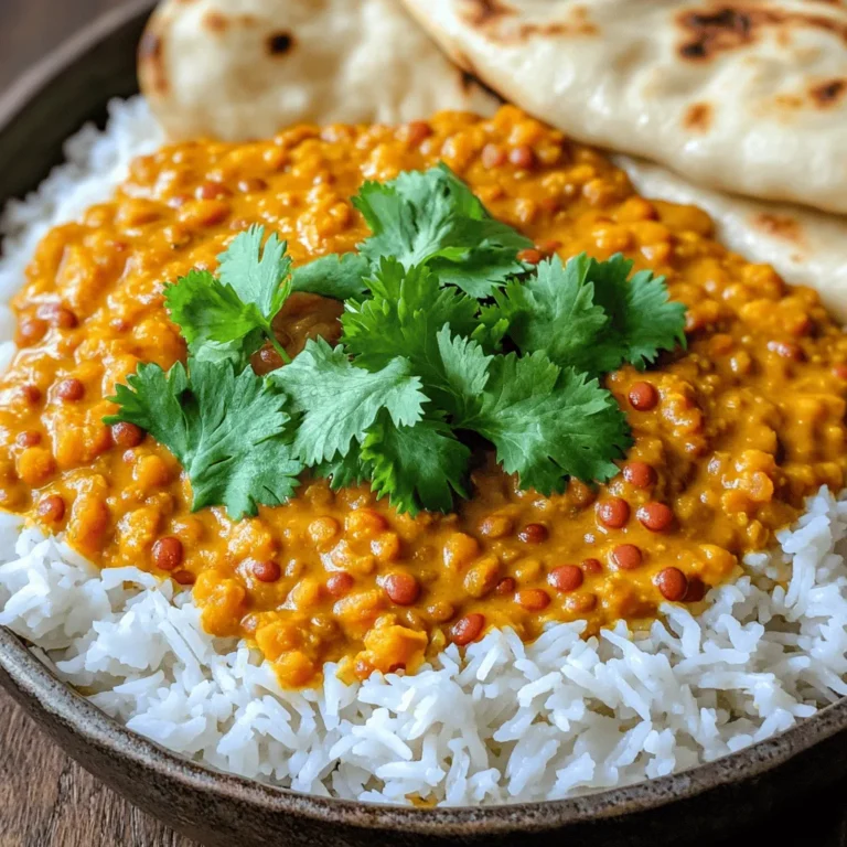 - 1 cup red lentils, rinsed and drained - 1 can (400ml) coconut milk - 1 medium onion, finely chopped - 2 cloves garlic, minced - 1 tablespoon ginger, grated - 1 medium tomato, diced - 2 tablespoons curry powder - 1 teaspoon turmeric powder - 1 teaspoon cumin - 1/2 teaspoon chili powder (adjust for spice preference) - 1 cup vegetable broth - 1 tablespoon olive oil - Salt to taste - Fresh cilantro for garnish - Cooked rice or naan for serving Red lentils are the star of this dish. They cook fast and break down nicely, giving the curry a creamy texture. Coconut milk adds richness and a hint of sweetness, balancing the spices. Onions, garlic, and ginger form a great base. They add depth and flavor. The spices—curry powder, turmeric, cumin, and chili—bring warmth and aroma. You can tweak the chili powder to match your spice level. Tomatoes add a touch of acidity, brightening the dish. Vegetable broth helps the lentils cook and makes the curry smooth. Finish with salt to taste and fresh cilantro for a pop of color and flavor. Serve this curry with rice or naan. Both are perfect for soaking up the creamy sauce. Enjoy this simple dish that is full of flavor! To start, heat one tablespoon of olive oil in a large pot over medium heat. Once it's hot, add one finely chopped medium onion. Sauté it for about five minutes. You want it to be soft and translucent. Next, stir in two cloves of minced garlic and one tablespoon of grated ginger. Cook these for an additional one to two minutes. This step fills your kitchen with a lovely aroma. Now, add one diced medium tomato, two tablespoons of curry powder, one teaspoon of turmeric, one teaspoon of cumin, and half a teaspoon of chili powder. Stir everything together well. Cook this mixture for about three to four minutes, stirring often. The spices will blend nicely with the onion and tomato. After the spices have cooked, it’s time to mix in the coconut milk. Pour in one can (400ml) of coconut milk and one cup of vegetable broth. Stir until everything combines smoothly. This gives your curry a rich and creamy base. Bring this mixture to a gentle simmer. Now, add one cup of rinsed and drained red lentils. Make sure to stir them in well. Cover the pot and let it simmer for about 25 to 30 minutes. The lentils will cook and the curry will thicken during this time. Check the lentils after 25 minutes. They should be tender and soft. If the curry is too thick, add a bit more vegetable broth or water. This helps reach your desired consistency. Finally, season with salt to taste. When serving, garnish with fresh cilantro. This dish pairs wonderfully with cooked rice or naan, making it a complete meal. Enjoy your delicious creamy coconut lentil curry! - Dairy-free alternatives: If you want a vegan option, coconut milk is perfect. It adds creaminess without any dairy. You can also use almond milk, but that may change the taste. - Adjusting spice levels: If you like it mild, reduce the chili powder. You can start with just a pinch. For more heat, add extra chili powder or fresh chili peppers. - Best practices for sautéing: Start with medium heat. Heat the olive oil and add onions. Stir them until they are clear. This helps build flavor. - Preventing lentils from sticking: Stir the lentils every few minutes while cooking. If they stick, add a little more broth or water. This keeps the curry smooth and creamy. - Pairing with rice or naan: Serve this curry with fluffy rice or warm naan. Both soak up the curry well. They add great texture to your meal. - Garnishing ideas: Fresh cilantro on top makes the dish bright. You can also add lime juice for a zesty kick. A sprinkle of chili flakes can enhance the look and taste. {{image_2}} You can easily make this dish vegan. The recipe is already vegan with just lentils and coconut milk. For gluten-free options, ensure your curry powder is gluten-free. Most spices are safe, but always check labels. To boost flavor, add vegetables like spinach, carrots, or bell peppers. These add nutrients and color. You can also mix in different curry spices. Try garam masala for warmth or coriander for a fresh taste. This keeps the dish exciting. For an Indian-inspired twist, use mustard seeds and curry leaves. These add a unique flavor. If you want a Thai-style coconut curry, include lime juice and basil. This gives a fresh and bright taste. Experiment with these ideas to find your favorite version! To keep your creamy coconut lentil curry fresh, store it in an airtight container. This will help maintain its rich flavors. The best practice is to let the curry cool down before sealing it. Once stored, it can last up to five days in the fridge. Just remember to check for any off smells before you heat it. If you want to save some for later, freezing is a great option. Pour the cooled curry into freezer-safe bags or containers, leaving some space for expansion. It can stay good in the freezer for up to three months. To reheat, just take it out and let it thaw in the fridge overnight. Then, warm it up on the stove over low heat, stirring gently until hot. Don't let any leftovers go to waste! You can easily use the curry in other dishes. It makes a perfect base for a soup; just add more broth and some veggies. You can also blend it to create a creamy sauce for pasta or drizzle over roasted vegetables. Transforming your curry into new meals is both fun and tasty! To adjust the spice level, you can change the chili powder amount. If you prefer less heat, use only a pinch. For more spice, add an extra half teaspoon. You can also add a dash of hot sauce or fresh chili. Remember to taste as you go. This helps you find the right balance for your dish. Yes, you can prepare creamy coconut lentil curry in advance. Make the curry and let it cool. Then, store it in an airtight container. It keeps well in the fridge for three to four days. You can also freeze it for up to three months. Just thaw and reheat on the stove, adding a bit of broth if needed. Lentils are high in protein and fiber. They help you feel full and satisfied. They are also a great source of iron, which is vital for your blood. Lentils have many vitamins and minerals, too. They support heart health and help with digestion. Enjoying lentils in your diet can boost your overall health. You learned how to make a delicious creamy coconut lentil curry. We covered key ingredients, step-by-step cooking, and helpful tips. Adjusting spice levels and exploring variations can enhance your dish. Proper storage helps keep leftovers fresh for later meals. Enjoy experimenting with this curry and make it your own! Dive into the flavors and enjoy the health benefits lentils offer. Your cooking will impress friends and family. Make this recipe a staple for tasty, nourishing meals.