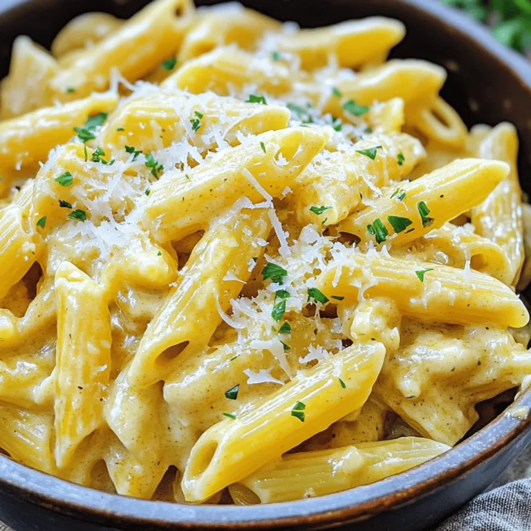 To make One-Pot Creamy Garlic Parmesan Pasta, gather these items: - 12 ounces of penne pasta - 4 cups vegetable broth - 1 cup heavy cream - 1 cup freshly grated Parmesan cheese - 6 cloves garlic, minced - 1 medium onion, finely chopped - 2 tablespoons olive oil - 1/2 teaspoon red pepper flakes (optional) - Salt and pepper to taste - Fresh parsley, chopped (for garnishing) Each ingredient plays a key role in this dish. The penne pasta cooks well and holds the sauce nicely. The vegetable broth adds depth of flavor, while heavy cream makes it rich and smooth. Freshly grated Parmesan cheese brings a savory taste. Minced garlic and chopped onion add aroma and warmth. Olive oil helps with cooking, and red pepper flakes give a little kick. Season with salt and pepper to fit your taste. You can personalize your pasta with these options: - Add grilled chicken or shrimp for protein. - Toss in spinach or sun-dried tomatoes for extra veggies. - Swap out Parmesan for Pecorino Romano or a dairy-free cheese. - Use herbs like basil or thyme for added flavor. Feel free to get creative with your One-Pot Creamy Garlic Parmesan Pasta! Start by gathering all your ingredients. You need 12 ounces of penne pasta, 4 cups of vegetable broth, and 1 cup of heavy cream. Also, grab 1 cup of freshly grated Parmesan cheese, 6 cloves of minced garlic, and 1 medium chopped onion. You will want 2 tablespoons of olive oil, 1/2 teaspoon of red pepper flakes (if you like spice), and salt and pepper to taste. Lastly, keep some fresh parsley handy for garnishing. In a large pot, heat 2 tablespoons of olive oil over medium heat. Add the chopped onion and sauté for about 3-4 minutes until it turns clear. Next, add the minced garlic and red pepper flakes. Stir for one more minute until the garlic smells great. Pour in the vegetable broth and bring it to a boil. Then, add your penne pasta and stir well. Lower the heat to medium-low and cover the pot. Let the pasta cook for 10-12 minutes, stirring from time to time. The pasta should be al dente when done, and most of the liquid will be absorbed. Once the pasta is cooked, lower the heat again. Stir in 1 cup of heavy cream and 1 cup of grated Parmesan cheese. Mix everything well until the cheese melts and the sauce becomes creamy. Season with salt and pepper to taste. Let it simmer for 2-3 more minutes until the sauce thickens slightly. Remove from heat and let it sit for one minute before serving. Don’t forget to garnish with chopped fresh parsley for a nice touch! To get the best creamy texture, use heavy cream. This gives a rich feel. Stir the cream in slowly after cooking the pasta. This helps it blend better. Use freshly grated Parmesan cheese. It melts smoother than pre-grated cheese. Mix it in while the pot is still warm. One big mistake is cooking the pasta too long. It should be al dente, not mushy. Keep an eye on the pot and stir often. Another mistake is adding cheese too fast. Add it gradually for even melting. Lastly, don’t skip tasting! Adjust the salt and pepper to your liking. A large pot works best for this recipe. It gives enough space for the pasta and sauce. A wooden spoon is great for stirring. It won't scratch your pot and helps mix well. A measuring cup is key for the broth and cream. A sharp knife makes chopping onions and garlic easy. {{image_2}} You can easily add protein to this dish. Chicken and shrimp are great choices. If you use chicken, cook diced pieces in the pot first. Season them with salt and pepper before adding onions. For shrimp, add them after the pasta is almost done. Cook until they turn pink. This adds flavor and makes the dish heartier. Adding vegetables boosts nutrition and flavor. Spinach, peas, or broccoli work well. Simply stir in spinach during the last few minutes of cooking. For peas or broccoli, add them when you add the pasta. This way, they cook just right. You can also use bell peppers or mushrooms for more taste. If you want to switch up the cheese, go for it! Gouda or mozzarella can add a different twist. Use a mix of cheeses for more depth. Just remember to aim for a creamy texture. If you try a strong cheese, cut back on the salt. This keeps the dish balanced and tasty. To store leftovers, let the pasta cool first. Place it in an airtight container. This keeps the pasta fresh. You can store it in the fridge for up to three days. Make sure to label the container with the date. This way, you won’t forget when you made it. When you are ready to eat, grab a pot. Add a splash of water or broth to keep it moist. Heat over medium-low heat. Stir often to prevent sticking. This helps to warm it evenly. You can also use the microwave. Place your pasta in a microwave-safe bowl. Cover it with a damp paper towel. Heat for one to two minutes, checking often. You can freeze One-Pot Creamy Garlic Parmesan Pasta if you want to save it longer. Use a freezer-safe container. Leave some space at the top, as the pasta expands when frozen. It can last up to three months in the freezer. When you are ready to eat, thaw it in the fridge overnight. Then reheat as described above for the best taste. Yes, you can. You can use any pasta shape you like. Bowtie, farfalle, or even spaghetti work well. Just keep an eye on the cooking time. Different pasta shapes may cook differently. Check the package for the best cooking time. To make this dish dairy-free, swap the heavy cream for a plant-based cream. You can use coconut cream or almond milk. For cheese, try nutritional yeast as a great substitute. It adds a nice cheesy flavor without the dairy. You can serve this pasta with a fresh green salad. A crisp Caesar salad pairs nicely too. Garlic bread is another tasty option. If you want protein, grilled chicken or shrimp complements this dish well. Enjoy experimenting with sides! We explored the key parts of making One-Pot Creamy Garlic Parmesan Pasta. I detailed important ingredients and measurements. You learned how to prep, cook, and mix everything for a creamy dish. We also talked about tips for the best texture and common mistakes. Don't forget to try fun variations like adding different proteins or vegetables. Finally, I shared how to store and reheat your pasta. With this knowledge, you can make a delicious meal that everyone will enjoy. Enjoy cooking!