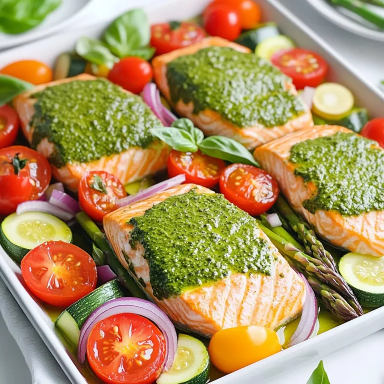 - 4 salmon fillets - 1 cup basil pesto (store-bought or homemade) - 1 cup cherry tomatoes, halved - 1 zucchini, sliced - 1 bell pepper (any color), diced - 1 red onion, cut into wedges - 1 cup asparagus, trimmed - 2 tablespoons olive oil - Salt and pepper to taste - Juice of 1 lemon - Fresh basil leaves for garnish Gather these fresh ingredients on your kitchen counter. Having everything ready helps you cook faster and stay organized. Salmon is the star here, and the pesto adds great flavor. Choose vibrant vegetables for a colorful dish. Cherry tomatoes burst with sweetness. The zucchini and bell pepper give crunch. Red onion adds a mild bite, and asparagus brings a nice texture. Don’t forget the olive oil, salt, and pepper. These simple items enhance the taste and make the dish sing. Fresh basil will brighten the meal as a lovely garnish. With these ingredients, you create a meal that is delicious, healthy, and easy to make. Enjoy your cooking adventure! - Preheat your oven to 400°F (200°C). Line a large baking sheet with parchment paper. This helps with cleanup later. - In a small bowl, mix together 2 tablespoons of olive oil, the juice of 1 lemon, salt, and pepper. This is your marinade. - Take the salmon fillets and place them on one end of the baking sheet. Brush each fillet with basil pesto. Make sure each piece is covered well. - In a large bowl, add cherry tomatoes, sliced zucchini, diced bell pepper, onion wedges, and trimmed asparagus. Pour the marinade over the veggies and toss them until they are well coated. - Spread the marinated vegetables around the salmon on the baking sheet. Make sure everything is evenly spaced. - Bake in the preheated oven for 15 to 20 minutes. The salmon should flake easily with a fork, and the veggies should be tender yet crisp. - Once baked, take it out of the oven and let it rest for a few minutes. This helps the flavors settle. - Garnish with fresh basil leaves and extra lemon wedges if you like. This adds a nice touch! To get perfectly cooked salmon, I recommend using a meat thermometer. Aim for an internal temperature of 145°F. This ensures the salmon is flaky and safe to eat. Keep an eye on the time, as cooking can vary with thickness. For crisp-tender veggies, cut them evenly. This helps them cook at the same rate. Asparagus should be bright green and tender. Roast until they are slightly charred but still firm. This gives a great texture and flavor. Using homemade pesto can elevate this dish. You can blend fresh basil, garlic, nuts, and olive oil for a tasty twist. This adds a personal touch that store-bought pesto can't match. Feel free to add herbs or spices for extra flavor. A sprinkle of red pepper flakes can add heat. Try fresh thyme or rosemary for a fragrant touch. These enhancements make the dish more exciting and flavorful. For plating, arrange the salmon and veggies neatly on a plate. You can place the salmon in the center and surround it with colorful veggies. This makes the dish look inviting and vibrant. Serve with lemon wedges on the side. This adds a pop of color and allows guests to squeeze fresh juice on their meal. Garnish with fresh basil leaves for an appealing finish. It makes your dish look gourmet without extra effort. {{image_2}} You can swap salmon for other fish like cod or tilapia. These fish also cook well on a sheet pan and take on flavors nicely. If you prefer a vegetarian option, try chickpeas or tofu. Both options add protein and soak up the yummy pesto flavor. Seasonal veggies are a great way to change things up. Try using squash in summer or Brussels sprouts in fall. You can mix colors, too. Rainbow carrots and purple cauliflower make your dish pop. The more colors, the more fun and healthy your meal looks! Feel free to play around with sauces. A honey mustard glaze can add sweetness. For a spicy kick, use sriracha or chili garlic sauce. You can also create custom spice blends. Try garlic powder, paprika, or Italian herbs for extra flavor. These small changes keep your meal exciting and fresh! To keep your salmon and veggies fresh, follow these steps: - Cool completely: Let the dish cool to room temperature first. - Use airtight containers: Place the leftovers in containers that seal well. - Refrigerate: Store in the fridge for up to three days. This method helps maintain the taste and texture of the dish. Reheating your leftovers can be simple and tasty. Here are two great methods: - Oven method: Preheat the oven to 350°F (175°C). Place the salmon and veggies on a baking sheet. Heat for about 10-15 minutes or until warm. - Microwave method: Use a microwave-safe plate. Heat in short bursts of 30 seconds, checking often to avoid overcooking. Both methods help preserve flavors and keep the salmon moist. If you want to save some for later, freezing is a great option. Here’s how: - Wrap tightly: Use plastic wrap or freezer bags to wrap the portions tightly. - Label and date: Write the date on the bag or container to track freshness. - Thaw safely: To thaw, place the frozen dish in the fridge overnight. You can also use the microwave for quick defrosting. This way, you can enjoy your pesto salmon and veggies even after some time! It takes about 15-20 minutes to cook salmon at 400°F. The salmon should flake easily with a fork. This cooking time works well for fillets that are about one inch thick. If your fillets are thicker, you may need a few extra minutes. Yes, you can use frozen salmon. Just make sure to thaw it first. You can do this overnight in the fridge or in a sealed bag in cold water for about an hour. Once thawed, follow the same steps in the recipe. You can pair the pesto salmon with many sides. Here are some great options: - Quinoa or rice for a filling base - Salad with mixed greens and lemon vinaigrette - Garlic bread for a tasty crunch - Roasted or steamed vegetables for added nutrition Most basil pesto is not gluten-free because it often contains cheese. However, you can find or make dairy-free versions. Use nuts, fresh basil, olive oil, and nutritional yeast for a dairy-free option. To check if the salmon is done, look for a few signs: - It should turn from translucent to opaque. - It should flake easily with a fork. - The internal temperature should reach 145°F. Use a meat thermometer for accuracy. This blog post covered a tasty salmon dish with fresh veggies and pesto. You learned to prep and cook the salmon perfectly, along with tips for flavor and presentation. I shared variations for proteins and veggies to suit your taste. Enjoy experimenting in the kitchen! With the right ingredients and steps, you can create a meal that is not just satisfying but also healthy. Happy cooking!