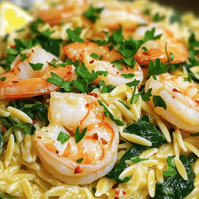 To make Garlic Butter Orzo with Shrimp, you need: - 1 cup orzo pasta - 2 tablespoons unsalted butter - 4 cloves garlic, minced - 1 pound shrimp, peeled and deveined - 1/4 teaspoon red pepper flakes (optional) - 1 cup spinach, roughly chopped - 1/2 lemon, juiced - Salt and pepper to taste - Fresh parsley, chopped, for garnish These ingredients create a bright and flavorful dish. The garlic and butter mix well with the shrimp. The spinach adds color and nutrients. You can easily change some ingredients if needed. Here are some ideas: - Use whole wheat orzo for a healthier option. - Swap shrimp for chicken or tofu for a different taste. - Add cherry tomatoes for sweetness. - Replace spinach with kale or arugula for variety. These swaps keep your dish tasty while suiting your needs. To cook this dish, you will need: - A medium pot for boiling orzo - A large skillet for cooking shrimp and mixing - A cutting board and knife for chopping - A measuring cup and spoons for accuracy Having the right tools makes cooking easier and more fun. First, grab a medium pot. Fill it with water and add salt. Bring the water to a boil. Once boiling, add 1 cup of orzo pasta. Cook the orzo as the package says, usually about 8 to 10 minutes. Stir it occasionally. You want it to be al dente, which means it should have a slight bite. After cooking, drain the orzo and set it aside. Next, take a large skillet and place it over medium heat. Add 2 tablespoons of unsalted butter and let it melt. Once the butter melts, add 4 cloves of minced garlic. Sauté the garlic for about 1 minute. You want it fragrant but not browned. Then, toss in 1 pound of peeled and deveined shrimp. Sprinkle with 1/4 teaspoon of red pepper flakes, salt, and pepper to taste. Cook the shrimp for 3 to 4 minutes. Stir them so they cook evenly. The shrimp should turn pink and opaque when ready. Now, it’s time to bring it all together. Add 1 cup of roughly chopped spinach to the skillet. Cook for another 1 to 2 minutes until the spinach wilts. Then, stir in the cooked orzo and the juice from half a lemon. Mix everything well to combine the flavors. Taste and adjust the salt and pepper if needed. Finally, remove from heat and garnish with fresh chopped parsley. Enjoy your meal! To cook shrimp well, start with fresh shrimp. You want them peeled and deveined. Heat your skillet to medium. Add the butter and let it melt. When it's hot, toss in the shrimp. Cook them for about 3-4 minutes. They should turn pink and opaque. Avoid overcooking, as they can get tough. Keep an eye on them, and remove them from heat as soon as they look done. Seasoning is key to great flavor. Add salt and pepper to the shrimp while they cook. I also like to use red pepper flakes for a kick. If you prefer less heat, skip the flakes. Squeeze fresh lemon juice into the dish at the end. This adds brightness and balances the richness of the butter. Taste your dish before serving, and adjust the salt and pepper as needed. To save time, prep your ingredients first. Chop your garlic and spinach before starting. Have your shrimp ready to go. While the orzo cooks, you can focus on the shrimp. This way, everything comes together fast. You can have a delicious meal ready in just 15 minutes. Keeping your workspace organized makes cooking easier and more fun! {{image_2}} You can make this dish vegetarian by swapping shrimp for veggies. Try using mushrooms or zucchini. Both add great texture. You can also use chickpeas for protein. They pair well with garlic and butter. Sauté veggies until soft, then follow the same steps in the recipe. If you want other proteins, consider using chicken or scallops. Chicken breast cooks quickly. Just cut it into small pieces before adding it to the skillet. Scallops add a sweet touch. Cook them for about 2-3 minutes until golden. Both options blend well with the garlic butter. To boost flavor, add herbs like thyme or basil. Fresh herbs make the dish pop. You can also sprinkle some cheese on top. Feta or Parmesan work great. For a spicy kick, add more red pepper flakes or a dash of hot sauce. A splash of white wine can add depth too. To keep your Garlic Butter Orzo with Shrimp fresh, let it cool first. Then, place it in an airtight container. Store it in the fridge for up to three days. This helps keep the flavors intact. When you are ready to eat, you can reheat the orzo. Use the microwave for quick heating. Place the orzo in a bowl and cover it with a damp paper towel. Heat for about 1-2 minutes. Stir halfway through to warm it evenly. You can also reheat it on the stove. Add a splash of water or broth in a pan. Heat it over low heat, stirring until warm. If you want to save some for later, you can freeze it. Use a freezer-safe container or bag. Be sure to leave some space for expansion. It can last up to two months in the freezer. When you want to eat it, thaw it in the fridge overnight. Reheat it as mentioned above for the best taste. Yes, you can use other types of pasta. Penne, fusilli, or macaroni work well. Just remember to adjust the cooking time based on the pasta you choose. Follow the package instructions to get it just right. Orzo is great for its small shape, which soaks up flavors well. But if you want a change, feel free to experiment. No, this recipe is not gluten-free. Orzo is made from wheat. If you need a gluten-free option, try gluten-free pasta. Many brands offer similar shapes like orzo. Just check the label to make sure it fits your diet. Cooking times may vary, so watch them closely. You can serve this dish with a fresh salad. A simple green salad with vinaigrette pairs nicely. You might also enjoy garlic bread on the side. For a light touch, serve with steamed vegetables. Lemon wedges add a nice zing, too. These sides complement the rich flavors of the orzo and shrimp. In this blog post, I shared how to make delicious Garlic Butter Orzo with Shrimp. We covered the ingredients you need, possible substitutions, and tools to use. I outlined the clear steps for cooking and offered tips for perfect shrimp. We explored variations, storage info, and answered common questions. Now you can easily enjoy this dish at home. Embrace your creativity and make it your own. Happy cooking!