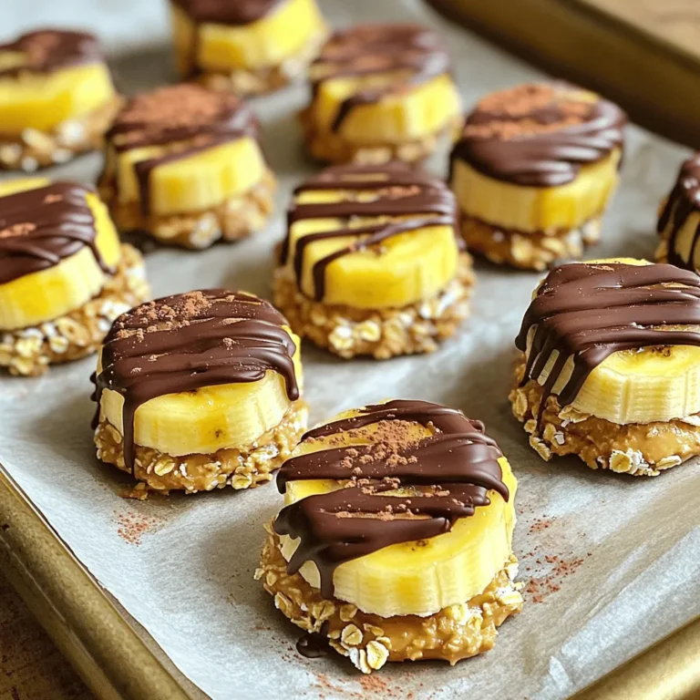 - 2 ripe bananas - 1/2 cup creamy peanut butter - 1/4 cup rolled oats - 1/4 cup dark chocolate chips - 1 tablespoon honey (optional) - A pinch of sea salt - 1/2 teaspoon cinnamon (optional) These simple ingredients create a delicious and healthy snack. The ripe bananas bring natural sweetness. Creamy peanut butter adds protein and richness. Rolled oats give a nice texture. Dark chocolate chips offer a delightful touch of indulgence. You can make this recipe with what you have at home. - 1 tablespoon honey - 1/2 teaspoon cinnamon Honey adds extra sweetness. It also helps bind the mixture together. Cinnamon gives a warm spice note, enhancing the flavor. You can choose to add these based on your taste. These bites are not just tasty; they are nutritious too. Each serving has around: - Calories: 200 - Protein: 6g - Carbohydrates: 30g - Fiber: 3g - Sugars: 10g This snack packs a punch of energy. It’s perfect for kids and adults alike. Each bite is a balance of healthy fats, carbs, and protein. Enjoy them after school, before workouts, or anytime you need a quick boost! 1. Peel the bananas and slice them into 1/2-inch thick rounds. 2. In a bowl, mix the peanut butter and rolled oats. 3. Add honey, sea salt, and cinnamon if you want. Mix it well. 4. Take a banana slice. Spread a good amount of the peanut butter mix on top. 5. Place another slice on top to create a sandwich. Repeat until all slices are used. 1. Place the dark chocolate chips in a microwave-safe bowl. 2. Microwave for about 30 seconds. 3. Stir until the chocolate is smooth. If it's not melted, microwave for another 10 seconds. 4. Be careful not to burn the chocolate. Stirring is key to a nice melt. 1. Drizzle the melted chocolate over the banana bites using a fork or spoon. 2. For a fun twist, dip each sandwich halfway into the chocolate. 3. Place the bites on a parchment-lined baking sheet. 4. Let the chocolate set at room temperature or refrigerate for 15 minutes. To make the peanut butter mixture smooth, use a bowl. Start with creamy peanut butter. Add rolled oats, honey, sea salt, and cinnamon. Mix until it feels uniform. If you want a thinner spread, add a tiny bit of warm water. This makes it easier to apply on the bananas. When melting chocolate, use a microwave-safe bowl. Heat the chocolate chips in 30-second bursts. Stir well between each burst. This keeps the chocolate smooth and shiny. For a nice drizzle, use a fork or spoon. Hold the chocolate above the banana bites. Let the chocolate fall in thin streams. Arrange the bites on a colorful platter. Add a sprinkle of cinnamon on top. Serve with a small bowl of melted chocolate for dipping. This makes the bites look fancy and fun. You can also add fresh fruit on the side for extra flavor. {{image_2}} You can switch out peanut butter for many other nut butters. Almond, cashew, or sunflower butter work great! Each gives a unique taste. If you want a nut-free option, try soy nut butter. It has a similar texture and flavor. Dark chocolate is a classic choice for these bites. But you can also use milk chocolate or white chocolate. If you want to avoid chocolate, try using yogurt or a drizzle of honey. It adds sweetness without the chocolate. Get creative with your fruit! You can add sliced strawberries, blueberries, or even apples. These fruits add fresh flavors and textures. You can also try sprinkling nuts or seeds on top for added crunch. Feel free to mix and match to find your favorite! To store leftover Peanut Butter Banana Bites, place them in an airtight container. This keeps them fresh and prevents them from drying out. You can put a piece of parchment paper between layers. It keeps them from sticking together, which is key for easy snacking later. You can freeze these bites for up to three months. To freeze, arrange the bites on a baking sheet. Make sure they are not touching each other. Freeze them for about an hour, then transfer to a freezer-safe bag or container. Label it with the date. When you're ready to eat, thaw them in the fridge overnight. Use glass or plastic containers with tight-fitting lids for best results. Avoid using containers that are too large, as this can cause air to get in. For freezing, use freezer bags or hard plastic containers. These options help keep your bites safe and tasty. Yes, you can make these bites ahead of time. They store well in the fridge. Just keep them in an airtight container. This way, you can enjoy them later as a quick snack. I often prepare a batch on Sunday to have snacks ready for the week. If you need a substitute, try almond butter or cashew butter. These options give a nice flavor. Sunflower seed butter works well too, especially for nut-free diets. Each choice brings its own taste to the bites, so feel free to experiment. These bites last about 3 to 5 days in the fridge. After that, they may lose flavor or texture. If you want to keep them longer, consider freezing them. Just wrap each bite well, and they can stay fresh for about a month. This blog post covered key ingredients and step-by-step guides for Peanut Butter Banana Bites. You learned how to prepare, melt chocolate, and assemble these tasty snacks. We shared tips to perfect your mixtures and drizzle chocolate like a pro. You also discovered fun variations and storage tips to keep your bites fresh. Remember, these bites are easy to make and customize. Enjoy creating your own delicious versions!