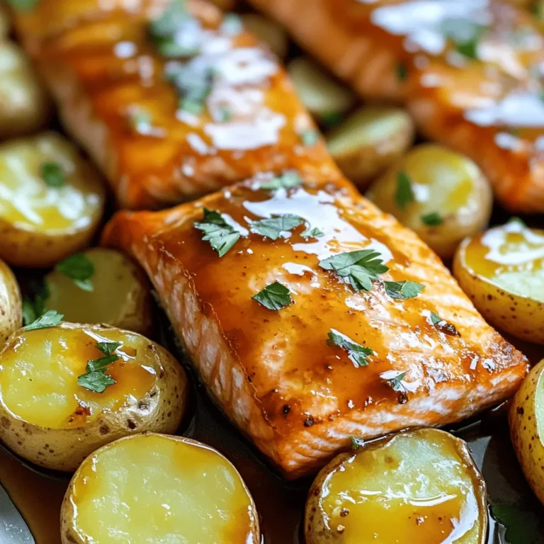 To make this tasty dish, gather these ingredients: - 4 salmon fillets - 2 tablespoons maple syrup - 2 tablespoons low sodium soy sauce - 1 tablespoon Dijon mustard - 1 tablespoon olive oil - 1 teaspoon garlic powder - 1 teaspoon onion powder - 1 pound baby potatoes, halved - Salt and pepper to taste - Fresh parsley, chopped (for garnish) These simple items create a great flavor mix. The maple syrup adds sweetness. The soy sauce gives it a savory kick. Dijon mustard adds tanginess. Garlic and onion powders boost the taste even more. This meal is not only delicious but also nutritious. Each serving has about: - Calories: 350 - Protein: 30g - Carbohydrates: 30g - Fat: 15g - Fiber: 4g This dish provides good protein from salmon. The baby potatoes add healthy carbs. Using olive oil gives you healthy fats. The fresh parsley on top adds vitamins too. You can switch some ingredients for different flavors or needs: - Salmon: Try trout or tilapia instead. - Maple Syrup: Honey works well for sweetness. - Soy Sauce: Use coconut aminos for a soy-free option. - Dijon Mustard: Yellow mustard can be used in a pinch. - Potatoes: Sweet potatoes are a tasty alternative. These changes help if you have allergies or want new tastes. Feel free to experiment! To start, grab a small bowl. In it, whisk together: - 2 tablespoons maple syrup - 2 tablespoons low-sodium soy sauce - 1 tablespoon Dijon mustard - 1 tablespoon olive oil - 1 teaspoon garlic powder - 1 teaspoon onion powder - Salt and pepper to taste This mix will create a sweet and salty sauce. It will add rich flavor to the salmon. Next, get your salmon fillets. Place them in a shallow dish. Pour half of the marinade over the salmon. Set aside the other half for later. Make sure the salmon is coated well. Let it marinate for at least 15 minutes. This time helps the flavors soak in while you prepare the potatoes. Now, preheat your oven to 400°F (200°C). Take 1 pound of baby potatoes and cut them in half. Spread them out on a baking sheet. Drizzle olive oil over the potatoes. Add salt and pepper to taste. Toss them well to coat. Roast these in the oven for about 20 minutes. They should start to soften. After 20 minutes, take out the baking sheet. Push the potatoes to the sides. Place the marinated salmon fillets in the center. Spoon some of the reserved marinade on top of the salmon. Return the baking sheet to the oven. Bake for another 15 minutes. The salmon should flake easily when done. The potatoes will be golden brown. Once finished, let everything rest for a couple of minutes before serving. Enjoy your tasty meal! To get flaky salmon, cook it at the right temperature. Preheat your oven to 400°F. This temperature helps the salmon cook evenly. Avoid overcooking, as it can dry out. Salmon is done when it flakes easily with a fork. This usually takes about 15 minutes in the oven. Using a meat thermometer? Aim for 145°F for perfect doneness. For this dish, I recommend using baby potatoes. They are small and cook quickly. Their skin is thin and tender, adding flavor and texture. Always look for firm potatoes without any soft spots. You can also use Yukon Gold or red potatoes if you prefer. Just remember to cut them in half for even cooking. If you have leftovers, store them right away. Place the salmon and potatoes in an airtight container. This keeps flavors in and air out. Store in the fridge for up to three days. To reheat, use the oven to keep the salmon flaky. Heat at 350°F for about 10 minutes. Enjoy your meal again without losing taste! {{image_2}} You can switch up the glaze for your salmon. If you want a spicy kick, try adding sriracha to the maple syrup. A mix of honey and balsamic vinegar also works well. You can use orange juice instead of soy sauce for a fruity flavor. Just remember to balance the sweet and salty elements. While salmon is my go-to, other fish work great too. Try trout for a milder taste. Cod can be a nice option as well. Just adjust cooking times. Each fish has its own texture, so watch them closely to avoid overcooking. Fresh herbs can bring a new flavor. Try dill or cilantro for a fresh twist. You can also add paprika for a smoky taste. If you like it zesty, a bit of lemon zest works wonders. Don’t be afraid to experiment with spices you love! You want to serve your maple glazed salmon with tasty sides. Roasted vegetables work well. Try asparagus or green beans. A simple salad with mixed greens adds freshness. For a heartier meal, serve with rice or quinoa. These sides balance the sweet glaze of the salmon. Make your plate look pretty. Place the salmon in the center. Arrange the roasted potatoes around it. Drizzle more maple glaze on top for shine. Sprinkle fresh parsley over the dish for color. This simple touch makes the meal more inviting. Pair your meal with a nice wine. A chilled white wine, like Sauvignon Blanc, complements the salmon well. If you prefer red, try a light Pinot Noir. Both wines enhance the flavors without overpowering them. Enjoying the right wine can elevate your dining experience. To cook salmon at 400°F, it takes about 15 to 20 minutes. The salmon should flake easily with a fork when done. This temperature ensures a moist and tender texture. Check it after 15 minutes to avoid overcooking. Yes, you can make maple glazed salmon in an air fryer. Preheat the air fryer to 400°F. Cook the salmon for about 10 to 12 minutes. This method gives you crispy edges while keeping the inside moist. Just remember to adjust the cooking time based on the thickness of your fillets. You can serve many sides with maple glazed salmon. Here are some great ideas: - Steamed vegetables: Broccoli, asparagus, or green beans work well. - Rice: Quinoa or jasmine rice adds a nice touch. - Salad: A fresh green salad with a light vinaigrette balances the meal. - Potatoes: Roasted or mashed potatoes complement the salmon perfectly. These sides enhance the flavors of the salmon and create a well-rounded meal. You learned about making a delicious maple glazed salmon dish. We covered ingredients, including useful substitutions and nutritional facts. I shared step-by-step instructions and helpful tips for cooking. Variations let you experiment with flavors and types of fish. Lastly, I provided some serving ideas and answers to common questions. Now it’s time to take your new skills to the kitchen. Prepare, enjoy, and share this tasty meal with others. Happy cooking!