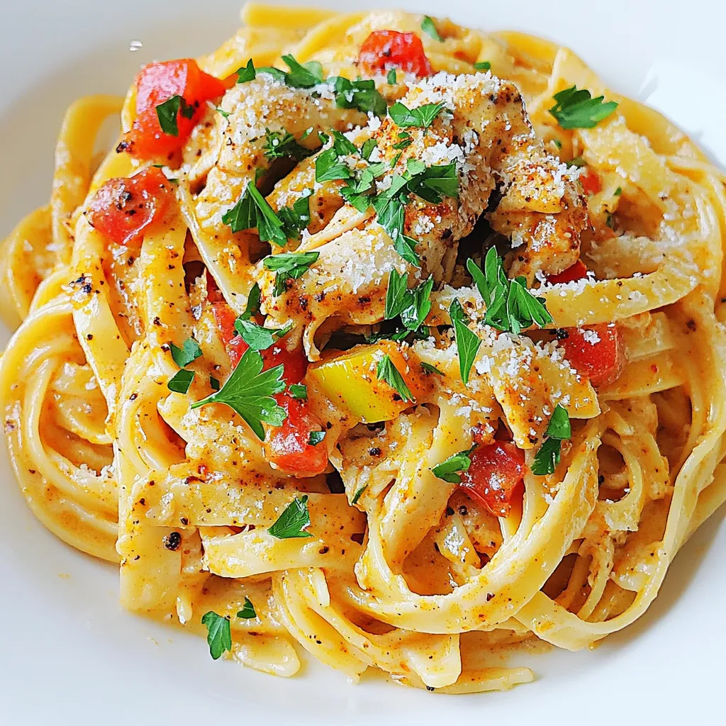- 1 pound boneless, skinless chicken thighs - 2 tablespoons Cajun seasoning - 1 tablespoon olive oil - 1 bell pepper (red or green), sliced - 1 small onion, sliced - 3 cloves garlic, minced - 1 cup chicken broth - 1 (14.5 oz) can diced tomatoes with green chilies - 1 cup heavy cream - 8 oz fettuccine or penne pasta - Salt and pepper to taste - Fresh parsley, chopped (for garnish) - Grated Parmesan cheese (for serving) You can swap chicken thighs for chicken breasts if you prefer. If you want a lighter dish, use half-and-half instead of heavy cream. For a vegetarian option, use tofu or chickpeas. Instead of Cajun seasoning, try a mix of paprika, cayenne, and garlic powder. You can also use vegetable broth in place of chicken broth. Using fresh ingredients makes a big difference in taste. Fresh vegetables, like bell peppers and onions, add great flavor and texture. Fresh garlic gives a strong kick that dried garlic simply can't match. When you use fresh ingredients, your meal shines with flavor and color. Plus, they offer more nutrients. So, next time you cook, choose fresh whenever you can! Start by prepping your chicken. Take 1 pound of boneless, skinless chicken thighs. In a bowl, mix the chicken with 2 tablespoons of Cajun seasoning. Make sure every piece gets coated well. This seasoning gives the chicken its tasty kick. Next, heat 1 tablespoon of olive oil in a skillet over medium-high heat. Once the oil is hot, add the seasoned chicken. Sear the chicken for about 3 to 4 minutes on each side. You want the chicken to turn a nice golden brown. This step adds flavor. Once done, remove the chicken from heat and set it aside. Now it's time to build our dish in the slow cooker. Start by adding sliced bell pepper and onion. You can use either red or green bell peppers. Add 3 cloves of minced garlic on top. This mix adds a great base flavor. After adding the veggies, place the seared chicken on top. Pour in 1 cup of chicken broth and 1 can of diced tomatoes with green chilies. These ingredients will keep everything moist and flavorful. Cover the slow cooker. Set it to low heat for 4 to 5 hours. This slow cooking method makes the chicken tender. You will know it's ready when you can shred it easily. Once the cooking time is up, take the chicken out. Use two forks to shred it into pieces. Return the shredded chicken to the slow cooker. Now, stir in 1 cup of heavy cream and 8 ounces of uncooked pasta. Cover the slow cooker again and cook on high for 30 to 40 minutes. Check the pasta for doneness. If it's too thick, add more chicken broth. Taste your dish and season with salt and pepper as needed before serving. To boost flavor, use fresh spices. Fresh spices add more taste than dried ones. Cajun seasoning is key here. You can make your own by mixing paprika, thyme, and cayenne pepper. Adjust the spice level to fit your taste. If you love heat, add more cayenne. For a milder dish, cut back on the spice. Cooking pasta in the slow cooker is easy. You can add uncooked pasta directly with heavy cream. Stir it well and let it cook. Check the pasta after 30 minutes. If it's too firm, let it cook longer. Add chicken broth if it gets too thick. This helps keep a creamy texture. Serve your Cajun chicken pasta hot. Garnish it with fresh parsley for color. A sprinkle of grated Parmesan cheese adds richness. Pair this dish with a side salad for a fresh crunch. You can also serve it with garlic bread to soak up the sauce. Enjoy this meal with family and friends for a cozy night! {{image_2}} You can swap the chicken for veggies. Use mushrooms, zucchini, and bell peppers. These add great flavor and texture. Toss them with Cajun seasoning for that spicy kick. Cook the veggies just like the chicken. Layer them in the slow cooker with the broth and tomatoes. Add heavy cream and pasta as usual. This way, you keep all the creamy goodness without meat. If you want a different protein, try sausage or shrimp. For sausage, use Andouille for a real Cajun feel. Slice it and add it to the layers in the slow cooker. For shrimp, add them in the last 10 minutes of cooking. They cook quickly and absorb all those tasty flavors. Both options give a new twist to this dish. Want more heat? Add extra Cajun seasoning or some cayenne pepper. If you prefer it milder, cut back on the seasoning. You can also add a dollop of sour cream when serving. This cools down the spice and balances the flavors. Adjust the spice to fit your taste and enjoy! To keep your Slow Cooker Cajun Chicken Pasta fresh, let it cool first. Once cool, transfer it to an airtight container. Make sure to store it in the fridge. It should stay good for 3 to 4 days. Always label the container with the date. This way, you know when to eat it by. When you are ready to enjoy your leftovers, reheating is easy. You can use the microwave or the stove. If using the microwave, place the pasta in a bowl and cover it. Heat for 1-2 minutes, stirring halfway through. If using the stove, add a splash of chicken broth to a pan. Heat over medium heat until warm. Stir often to keep it from sticking. If you want to save some for later, freezing is a great option. Portion the pasta into freezer-safe bags or containers. Remove as much air as you can before sealing. The pasta can last for up to 3 months in the freezer. When you're ready to eat, thaw it in the fridge overnight. Reheat as described above for a tasty meal anytime. You have many great choices. Here are some ideas: - Garlic Bread: A classic pairing that complements the dish well. - Salad: A fresh green salad with a light vinaigrette adds crunch. - Steamed Vegetables: Broccoli or green beans work well to balance flavors. - Rice: Serve it on a bed of rice for extra texture and flavor. Each option enhances the meal, making it even more enjoyable. Yes, you can use an Instant Pot for this recipe. Just follow these steps: 1. Sear the chicken in the pot on the sauté setting. 2. Add the bell pepper, onion, garlic, chicken broth, and tomatoes. 3. Close the lid and set it to cook on high pressure for 10 minutes. 4. Once done, shred the chicken and add cream and pasta. 5. Use the sauté function again to cook the pasta until tender. This method saves time and still delivers great taste. You can easily tweak the spice level. Here’s how: - For Mild: Reduce the Cajun seasoning to 1 tablespoon. - For Spicy: Add more Cajun seasoning or a pinch of cayenne pepper. - Other Options: Use a milder pepper or skip the green chilies in the tomatoes. Taste as you go and adjust until you get the perfect balance for your palate. These simple changes let you customize the dish to your liking! This post explored how to make Slow Cooker Cajun Chicken Pasta. We covered key ingredients, easy steps, and tips for great flavor. Using fresh ingredients matters, and you can swap some items if needed. I shared ideas for vegetarian options and how to store leftovers. Always remember, you can adjust spice levels to fit your taste. Enjoy this dish with sides or modify it in a new way. Cooking is fun, and you can make it your own!