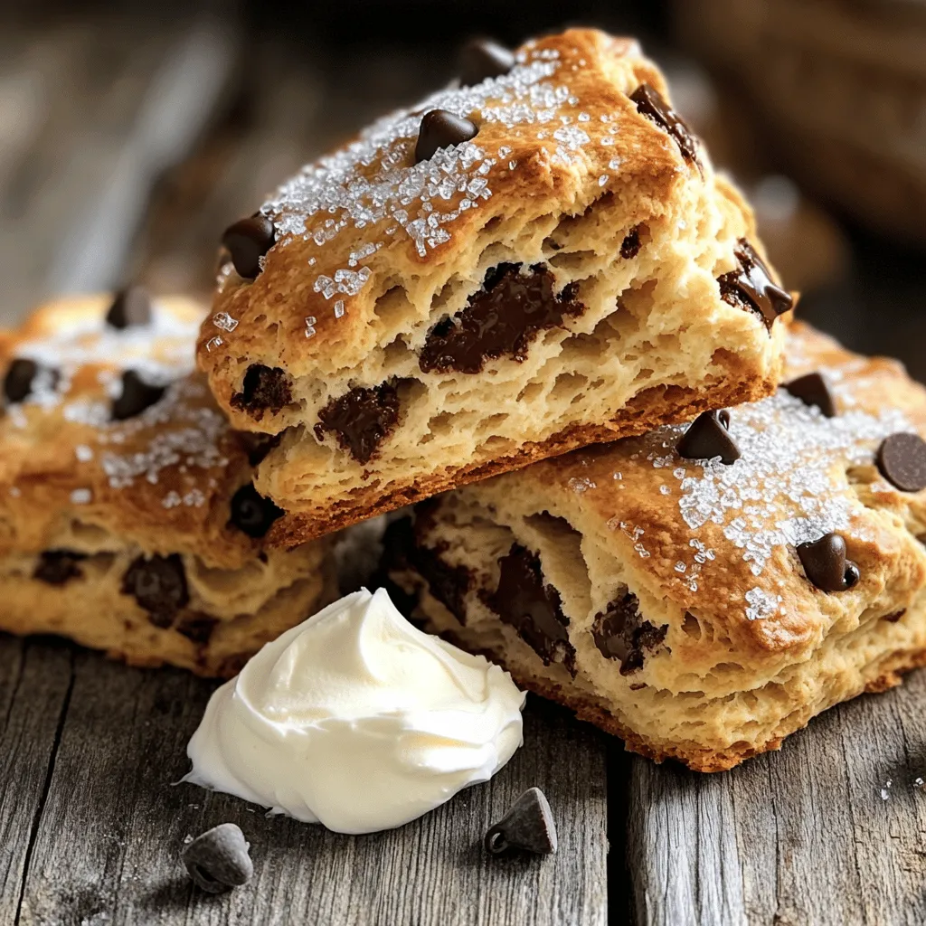 - 2 cups all-purpose flour - 1/4 cup granulated sugar - 1 tablespoon baking powder - 1/2 teaspoon salt - 1/2 cup unsalted butter, chilled and cubed - 1/2 cup heavy cream - 1 large egg - 1 teaspoon vanilla extract - 1 cup semi-sweet chocolate chips - 1/4 cup coarse sugar for topping To make these chocolate chip scones, gathering your ingredients is key. Start with the basics: flour, sugar, baking powder, and salt. These form the base of your dough. I use all-purpose flour for the best texture. The sugar adds a touch of sweetness, while the baking powder helps the scones rise. Next, you need butter. Use unsalted butter that is chilled and cubed. Cold butter creates flaky layers in your scones. Then, add heavy cream, a large egg, and vanilla extract. These wet ingredients bind everything together and add richness to the scones. The stars of the show are the chocolate chips. I recommend semi-sweet chocolate chips for a perfect balance of sweet and rich flavors. Lastly, coarse sugar is for sprinkling on top. It adds a nice crunch and extra sweetness. With these ingredients, you will create a treat everyone will love. So, gather your items and get ready to bake! - Preheat oven and prepare baking sheet Start by heating your oven to 400°F (200°C). Line a baking sheet with parchment paper. This helps the scones not stick. - Make the dough mixture In a large bowl, whisk together 2 cups of all-purpose flour, 1/4 cup of granulated sugar, 1 tablespoon of baking powder, and 1/2 teaspoon of salt. Mix them well until they are combined. - Incorporate wet ingredients In a separate bowl, whisk together 1/2 cup of heavy cream, 1 large egg, and 1 teaspoon of vanilla extract. Pour this mixture into the dry ingredients. Stir gently, just until they come together. - Cut and shape the scones Fold in 1 cup of semi-sweet chocolate chips until they are evenly spread in the dough. Turn the dough onto a floured surface. Pat it into a circle about 1-inch thick. Use a sharp knife to cut it into 8 wedges. - Transfer to baking sheet and add toppings Carefully move the scone wedges to the prepared baking sheet. Sprinkle 1/4 cup of coarse sugar on top for extra sweetness and a nice crunch. - Baking time and temperature details Bake the scones for 15 to 20 minutes. They are done when they are golden brown and a toothpick comes out clean. Let them cool on the baking sheet for a few minutes before moving them to a wire rack. Enjoy these warm and tasty treats! To make great scones, start with chilled butter. Cold butter helps create flaky layers. When you cut it into the flour, it must stay cold. If it warms up, the scones won't rise well. Mixing is also key. When combining the dry and wet ingredients, mix gently. Overmixing makes the dough tough. You want a light, tender scone. Chocolate chip scones pair well with clotted cream or butter. A sprinkle of powdered sugar adds a sweet touch. You can also serve them with fresh berries for color. For drinks, enjoy them with tea or coffee. This makes for a cozy treat. Arrange the scones on a nice plate to impress guests. {{image_2}} You can make your chocolate chip scones even better with fun mix-ins. Try adding fruit like blueberries or cranberries. These fruits will add a tasty burst of flavor. You can also mix in nuts like walnuts or pecans for a crunchy bite. If you want to switch up the chocolate, consider using dark or white chocolate chips. Dark chocolate gives a rich taste, while white chocolate offers a sweet twist. Both options make the scones unique and delicious. For those who need gluten-free options, use gluten-free flour blends. They are easy to find in stores. Just make sure to pick one that works well for baking. This way, everyone can enjoy these scones. If you want a dairy-free version, swap the heavy cream with almond or coconut milk. You can also use dairy-free butter. These changes keep the scones soft and tasty, and they cater to different diets. Enjoy experimenting with these variations! To keep your chocolate chip scones fresh, first let them cool completely. Once cooled, store them in an airtight container. This helps prevent them from drying out. You can keep them at room temperature for up to three days. If you want to save them for later, freezing is a great option. Wrap each scone tightly in plastic wrap. Then place them in a freezer-safe bag or container. They can last for up to three months in the freezer. When you're ready to enjoy, just take out the number of scones you want. When it's time to enjoy your scones again, reheating them is easy. You can use an oven, toaster oven, or microwave. For the oven, preheat it to 350°F (175°C). Place the scones on a baking sheet and heat for about 5-10 minutes. This keeps them warm and crisp. If you use a microwave, heat each scone for about 15-20 seconds. Be careful not to overheat them, as this can make them tough. Enjoy your warm scones with a bit of butter or a sprinkle of powdered sugar. Can I substitute other sugars? Yes, you can use brown sugar instead of granulated sugar. Brown sugar adds a rich flavor and moistness. You can also try coconut sugar for a healthier option. Just keep the same amount. What should I do if my dough is too sticky? If your dough is sticky, sprinkle a bit more flour on it. Use just enough to help you handle it. Avoid adding too much flour, as it can make the scones dry. How long do chocolate chip scones last? Chocolate chip scones stay fresh for about two days at room temperature. Store them in an airtight container. They can last up to a week in the fridge. What to do if scones don’t rise? If your scones do not rise, check the baking powder. Make sure it is fresh and active. Also, avoid over-mixing the dough. This can cause them to be dense. How to tell when scones are done baking? Scones are done when they turn golden brown. You can also poke one with a toothpick. If it comes out clean, they are ready. Let them cool slightly before serving. To make chocolate chip scones, start with simple ingredients and clear steps. We explored mixing the dry and wet elements and shaping the dough. You learned tips for the best texture and ideas for serving. Variations let you customize flavors to suit your taste. Proper storage keeps your scones fresh, and we answered common questions to help you troubleshoot. Enjoy baking these scones; they are a delightful treat!