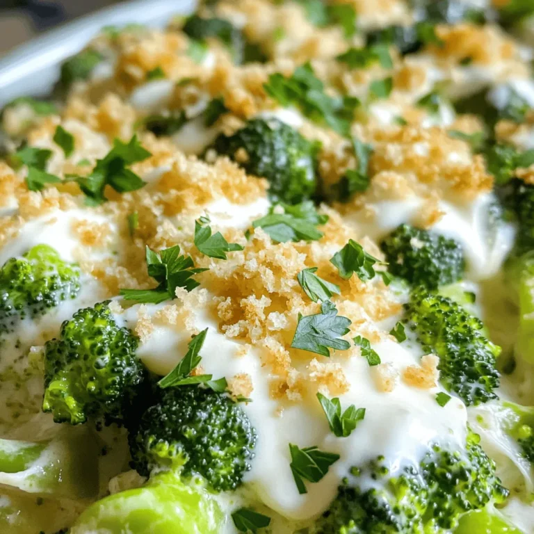 - 4 cups fresh broccoli florets - 1 cup cooked quinoa - 3 cloves garlic, minced - 1 cup heavy cream - 1 cup vegetable broth - 1 cup grated Parmesan cheese - 1 cup shredded mozzarella cheese - Chopped parsley for garnish Fresh broccoli is the star here. It adds crunch and color. The quinoa gives a nice base and adds protein. Garlic adds flavor, while heavy cream makes it rich and creamy. - 1 teaspoon onion powder - 1 teaspoon garlic powder - Salt and pepper to taste - 1/2 cup breadcrumbs - 2 tablespoons olive oil Pantry staples keep this dish simple. Onion and garlic powders boost the flavor. Salt and pepper are a must to season. Breadcrumbs add crunch on top, making every bite delightful. Olive oil helps the casserole not stick to the slow cooker. - Chopped parsley Garnish with chopped parsley. It adds a bright touch and fresh flavor. You can also try a sprinkle of extra cheese for a cheesy finish. Using these simple ingredients, you create a tasty dish that keeps you coming back for more. Start with fresh broccoli florets. Wash them well under cool water. If the florets are large, cut them into smaller pieces. This helps them cook evenly. You want bite-sized pieces for easy eating. Once you chop the broccoli, set it aside. Grab a large mixing bowl. Add the cooked quinoa first; it gives a nice base. Next, add minced garlic and grated Parmesan cheese. Pour in heavy cream and vegetable broth. Sprinkle in onion powder and garlic powder for extra flavor. Don’t forget to add salt and pepper to taste. Mix everything well until smooth and creamy. Now, fold in the broccoli florets gently. Make sure they are well coated in the mixture. Take your slow cooker and lightly grease it with olive oil. This step keeps the casserole from sticking. Pour the broccoli and quinoa mixture into the slow cooker. Cover it and set it to cook on low for 3 to 4 hours. You want the broccoli to be tender and the mixture bubbly. About 30 minutes before serving, add shredded mozzarella cheese on top. Cover it again to let the cheese melt. For a crunchy finish, toast breadcrumbs in a pan with olive oil until golden, then sprinkle on top. Finally, garnish with chopped parsley for a nice touch before serving. To cook broccoli just right, start with fresh florets. Look for bright green color and firm stems. Cut large florets into smaller pieces. This helps them cook evenly. When adding them to the slow cooker, make sure they are coated well in the creamy mixture. This will help them soak up all the flavors. Cook them until they are tender but still bright green. Overcooking can make them mushy and dull. If you want a creamier casserole, add more heavy cream. You can also mix in extra cheese, like more Parmesan or mozzarella. Just remember, too much can make it greasy. If you prefer a lighter dish, reduce the cream and cheese. Use low-fat options for a healthier take. This way, you can still enjoy the rich flavors without the guilt. Using the right slow cooker makes a big difference. Choose one with a good seal to keep moisture in. A 4-quart slow cooker works well for this recipe. I like to use a non-stick slow cooker to make cleanup easier. A spatula is helpful for mixing and serving. Make sure to have measuring cups on hand for accuracy. This will help you get every ingredient just right. {{image_2}} You can add proteins to the casserole to make it more filling. Chicken, turkey, or shrimp work well. Simply cook the meat first and mix it with the other ingredients. If you use chicken, I suggest shredded rotisserie chicken for ease. For shrimp, cook them until just pink, then fold them in gently. This will add flavor and a nice texture to your dish. If you want a vegetarian twist, replace the quinoa with chickpeas or lentils. Both options are rich in protein and add heartiness. You can also toss in some diced bell peppers or mushrooms for extra flavor. These veggies pair well with garlic and cheese. They add a nice crunch and color to the casserole. To make this casserole gluten-free, skip the breadcrumbs or use gluten-free ones. You can also add crushed gluten-free crackers for a similar crunch. Be sure to check that your cheese and broth are gluten-free as well. This way, you keep the flavors while making it safe for everyone to enjoy. After enjoying your Slow Cooker Garlic Parmesan Broccoli Casserole, you may have some leftovers. To store them, let the casserole cool to room temperature. Then, transfer it to an airtight container. Make sure to cover it tightly to keep it fresh. You can store leftovers in the fridge for up to 3 days. When you are ready to enjoy your leftovers, reheating is easy. You can use the microwave or oven. If using the microwave, place a portion in a microwave-safe dish. Heat in 30-second intervals until warm. If you prefer the oven, preheat it to 350°F (175°C). Place the casserole in an oven-safe dish and cover with foil. Heat for about 15 minutes or until hot throughout. If you want to save some for later, freezing is a great option. First, let the casserole cool completely. Then, portion it into freezer-safe containers or bags. Remove as much air as possible before sealing. Label with the date and type. You can freeze it for up to 3 months. To reheat, thaw it overnight in the fridge and then follow the reheating instructions above. Yes, you can use frozen broccoli. Just remember to thaw and drain it first. Frozen broccoli cooks faster than fresh. So, check your casserole sooner. This helps keep the broccoli from getting mushy. You can replace heavy cream with milk mixed with a bit of butter. Use ¾ cup of milk and ¼ cup of melted butter to mimic the thickness of cream. Another option is to use coconut cream for a dairy-free twist. Both will keep your casserole creamy. Check the broccoli for tenderness. It should be bright green and soft when you poke it with a fork. The mixture should also be bubbly around the edges. If you see this, your casserole is ready to enjoy! This blog covers everything needed for a delicious slow cooker broccoli dish. We explored fresh ingredients, pantry staples, and optional garnishes. I shared step-by-step instructions, helpful tips, and variations to suit your taste. You learned about storage and reheating options, along with answers to common questions. Enjoy cooking with fresh, healthy ingredients and make it your own. With these steps, you'll create a tasty and fun dish every time.