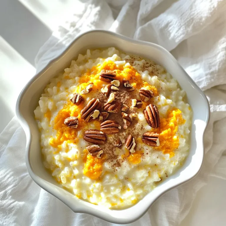 - 1 cup arborio rice - 4 cups milk (whole or almond) - 1 cup canned pumpkin puree - 1/2 cup sugar (adjust to taste) - Spices: 1 teaspoon cinnamon, 1/2 teaspoon nutmeg, 1/4 teaspoon allspice, 1/4 teaspoon ginger powder - 1/4 teaspoon salt - 1 teaspoon vanilla extract - 1 tablespoon butter (optional) - Chopped pecans or walnuts for garnish To make pumpkin spice rice pudding, you need a few simple ingredients. First, arborio rice is the star. It cooks up creamy and rich. Next, you can use whole milk or almond milk. Both work well with pumpkin. Canned pumpkin puree gives the dish its fall flavor. Sugar sweetens the pudding, but feel free to adjust it to your taste. The spices add warmth. Cinnamon, nutmeg, allspice, and ginger powder blend perfectly with pumpkin. A pinch of salt balances the sweetness. You also need vanilla extract for extra depth of flavor. If you want a richer taste, add butter. Finally, sprinkle chopped pecans or walnuts on top. They add a nice crunch. This mix of ingredients makes a comforting dessert that feels like a hug in a bowl. Start by mixing the arborio rice and milk in a medium saucepan. Heat them over medium heat. Stir often until the mixture reaches a gentle boil. Once it boils, lower the heat to low. Cover the saucepan and let it simmer. This should take about 20 minutes. Stir occasionally. The rice will become tender and soak up most of the milk. Next, stir in the pumpkin puree and sugar. Add the spices: cinnamon, nutmeg, allspice, ginger powder, and salt. Mix everything well to combine. Keep cooking on low heat for another 10 to 15 minutes. Stir often until the rice pudding thickens to the texture you like. Once it reaches your desired thickness, remove the saucepan from the heat. Mix in the vanilla extract and the butter, if you choose to use it. Let the pudding cool for a few minutes. It will thicken more as it cools. Serve it warm or chilled, topped with chopped pecans or walnuts for a nice crunch. To get the right texture in your pumpkin spice rice pudding, follow these tips: - Cook the rice slowly. Start with medium heat and then lower it to a simmer. This helps the rice absorb the milk without burning. - Keep an eye on the cooking time. If the rice is not tender after 20 minutes, let it simmer a little longer. Stir often to prevent sticking. Adding spices can boost the pumpkin flavor. Here are my best picks: - Ground cinnamon is a must. It adds warmth and sweetness. - A pinch of nutmeg brings a nice depth to the pudding. - Try allspice for a hint of clove and pepper. - Ginger powder adds a bright note that balances the sweetness. If you want to change the sweet flavor, consider these options: - Maple syrup gives a rich, earthy taste. - Honey can add a floral note. Just use less than sugar. - Agave syrup is lighter and blends well. Presentation matters! Here are my favorite ways to serve this dish: - Top your rice pudding with chopped pecans or walnuts for a nice crunch. - A sprinkle of cinnamon on top makes it look and taste amazing. - You can drizzle caramel sauce for an extra treat. For drinks, I recommend a warm spiced apple cider. It complements the dessert nicely. If you want another sweet bite, serve with a slice of pumpkin pie or a warm biscuit. {{image_2}} If you want a dairy-free twist on this pumpkin spice rice pudding, you can use almond or oat milk instead of regular milk. Both options provide a creamy texture and delicious flavor. You can also swap out butter for vegan butter. This keeps the rich taste but makes it suitable for a plant-based diet. To make your rice pudding extra special, consider adding chocolate or caramel. A swirl of caramel brings sweetness, while chocolate chips add richness. You can also mix in nuts and fruits. Chopped pecans or walnuts give a nice crunch. Diced apples or raisins can add a fruity flavor, making every bite unique and fun. You can easily scale this recipe for larger gatherings. Just double or triple the ingredients. For individual servings, use small bowls or jars. These are perfect for parties, and they look great. You can also layer the pudding with whipped cream or more spices for a fun presentation. To keep your pumpkin spice rice pudding fresh, store it in the fridge. Place the pudding in an airtight container. This helps keep out moisture and odors. You can enjoy your pudding for up to four days when stored this way. When it's time to enjoy your pudding again, you can reheat it. You can use the microwave or stovetop. The microwave is quick, but it may dry out the pudding. I suggest stirring in a little milk before microwaving. Heat in short bursts and stir often. For stovetop reheating, use low heat. Add a splash of milk to keep it creamy. Stir continuously until it warms up. This keeps the texture smooth and nice. If you want to save some for later, you can freeze it. Pour the cooled pudding into a freezer-safe container. Leave some space at the top for expansion. It can last up to three months in the freezer. To thaw, place the container in the fridge overnight. Reheat using the stovetop method with a little milk. This way, you maintain the creamy texture. Enjoy your pumpkin spice rice pudding anytime! You can use instant rice, but the cooking time will change. Instant rice cooks much faster than arborio rice. You will need to adjust the milk and cooking time. Instant rice may not give you the same creamy texture. For best results, I suggest using arborio rice. If you do not have canned pumpkin puree, you can use fresh pumpkin. Just cook and mash it first. Sweet potato puree is another great option. Both alternatives will add a nice flavor to your pudding. Yes, this recipe is gluten-free. Arborio rice, milk, and pumpkin are all gluten-free. Make sure to check the labels of any added ingredients for gluten. If you use a gluten-free sweetener, you will keep it safe for gluten-free diets. Pumpkin spice rice pudding lasts about 4 to 5 days in the fridge. Store it in an airtight container to keep it fresh. If you notice any changes in smell or texture, it’s best to throw it away. Yes, you can make this recipe a day ahead. Just cool it and store it in the fridge. When ready to serve, you can heat it gently on the stove or microwave. This will make serving easier and quicker. In this post, we explored how to make delicious pumpkin spice rice pudding. We covered the ingredients you'll need, from arborio rice to spices. I shared step-by-step cooking instructions to help you create a rich, creamy dish. Tips for storage and reheating ensure your pudding stays fresh. Don't forget the variations to make it your own! Experimenting with flavors can add fun twists. I'm excited for you to try this easy recipe. Enjoy your delicious creation and share it with friends and family!