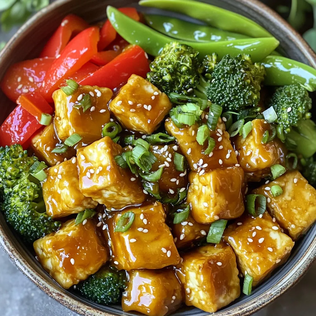 - 1 block (14 oz) firm tofu, drained and pressed - 2 tablespoons honey - 3 cloves garlic, minced - 1 tablespoon soy sauce - 1 tablespoon cornstarch The main ingredients are simple but full of flavor. Firm tofu gives this dish a great texture. Honey adds sweetness, while garlic brings a robust taste. Soy sauce gives saltiness, and cornstarch is key for thickening the sauce. - 1 red bell pepper, sliced - 1 cup broccoli florets - 1 cup snap peas For the veggies, I love using a red bell pepper. It adds sweetness and color. Broccoli florets are crunchy and healthy. Snap peas give a nice crispness and freshness to the dish. Together, they make this stir-fry vibrant and delicious. - 1 green onion, chopped (for garnish) - Sesame seeds (for garnish) Garnishes are not just for looks! Chopped green onion adds a mild onion flavor. Sesame seeds give a nutty crunch and look lovely on top. These small touches make your dish even more appealing. Start by cutting the pressed tofu into bite-sized cubes. Use a sharp knife for clean cuts. Next, pat the tofu cubes dry with a paper towel. This step is key for crispiness. Moisture can make your tofu soggy, so dry it well. Now, let’s create the honey garlic sauce. In a small bowl, mix together two tablespoons of honey, three minced garlic cloves, one tablespoon of soy sauce, and one tablespoon of cornstarch. Stir until smooth. Set this mixture aside for later. Heat two tablespoons of vegetable oil in a large skillet or wok over medium-high heat. Make sure the oil is hot before adding the tofu. This helps achieve a golden and crispy texture. Once the oil is ready, add the tofu cubes to the skillet. Fry them for about 5 to 7 minutes. Turn them occasionally to ensure even cooking. They should turn golden brown and crispy all over. Now it’s time to add some color and crunch. Toss in the sliced red bell pepper, one cup of broccoli florets, and one cup of snap peas. Stir-fry these veggies for 3 to 4 minutes. You want them to be tender but still crisp. Next, pour in the honey garlic sauce you prepared earlier. Stir everything together to coat the tofu and veggies evenly. Cook for an additional 2 to 3 minutes. This allows the sauce to thicken and caramelize slightly. To get crispy tofu, start by pressing it well. Pressing removes extra water, which helps the tofu crisp up in the pan. Use a clean towel or paper towels. Place a heavy object on top for about 15 minutes. After pressing, cut the tofu into bite-sized cubes. Make sure to dry the cubes with a paper towel. When you fry them, heat the oil until it shimmers. This usually takes around 2 minutes on medium-high heat. Cook the tofu for 5 to 7 minutes, turning occasionally. Look for a nice golden color on all sides. To boost the flavor, try adding spices. A pinch of red pepper flakes can add heat. You could also use a splash of sesame oil for a nutty taste. If you want a different sauce, try teriyaki or sweet chili sauce. Using fresh garlic makes a big difference. Fresh garlic has a bright flavor. Dried garlic can work in a pinch, but it won’t be as strong. Mince the garlic finely to release its oils and flavor. Serve your stir-fry with fluffy jasmine rice or quinoa. These sides soak up the sauce well. You can also add a fresh salad for crunch. For plating, use a large bowl. Pile the stir-fry in the center. Sprinkle with sesame seeds and chopped green onions for color. This makes the dish look great and appetizing! {{image_2}} You can easily switch out tofu for different proteins. Chicken works well if you want a meat option. Just cut it into bite-sized pieces and cook it like the tofu. Shrimp is another great choice. It cooks quickly and adds a nice taste. For a plant-based option, consider tempeh. It has a firm texture and absorbs flavors well. Feel free to use seasonal veggies in your stir-fry. Carrots, zucchini, or bell peppers can add color and crunch. If fresh veggies are not available, frozen options are perfect. They save time and still taste great. Just add them straight to your skillet without thawing. You can change the sauce to fit your taste. If you prefer less sweetness, cut back on the honey. For more spice, add red pepper flakes or chili sauce. You can also try different sauces. For a tangy twist, use teriyaki or hoisin sauce. Each option gives a new flavor to the dish. To store leftover stir-fry, let it cool first. Place it in an airtight container. This keeps it fresh and safe. Always refrigerate within two hours of cooking. It can last for up to three days in the fridge. When reheating, use a skillet over medium heat. Add a splash of water or oil. This helps to steam and warm it evenly. Stir occasionally to prevent sticking. You can also use a microwave. Just cover it with a damp paper towel to keep moisture in. Yes, you can freeze honey garlic tofu stir-fry! First, let it cool completely. Then, portion it into freezer-safe bags or containers. Squeeze out as much air as possible. This helps to avoid freezer burn. It can last for about three months in the freezer. To thaw the stir-fry, place it in the fridge overnight. If you need it quickly, use the microwave's defrost setting. After thawing, reheat it in a skillet. This helps to keep the texture nice. In the fridge, honey garlic tofu stir-fry lasts about three days. Always check for signs of spoilage. Look for off smells, discoloration, or a slimy texture. If you see any of these signs, it’s best to throw it away. Keeping track of how long your food lasts helps you eat safely. Yes, you can use other sweeteners. Maple syrup and agave work well. These options add a nice flavor. Just swap them in for honey at the same amount. They will keep the dish sweet and tasty. You can serve this stir-fry with fluffy jasmine rice or quinoa. Both are great for soaking up the sauce. You might also add a side salad for a fresh crunch. Steamed dumplings pair nicely too. They add another layer of flavor to your meal. This recipe is perfect for meal prep. You can make a big batch and store it. Keep it in an airtight container in the fridge. It stays fresh for up to three days. Reheat it on the stove or in the microwave. Just add a splash of water if it seems dry. Enjoy it throughout the week! This blog post covered the main ingredients, step-by-step instructions, and tips for making honey garlic tofu stir-fry. You learned how to prepare crispy tofu and stir-fry fresh vegetables. We also explored variations, storage tips, and answered common questions. In conclusion, cooking can be fun and healthy. You can make this dish your own with different flavors and ingredients. Enjoy experimenting in the kitchen and share with others!