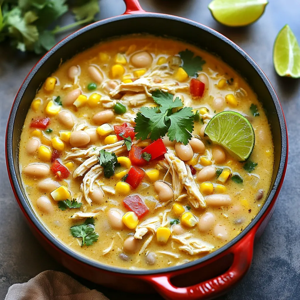 - 1 lb boneless, skinless chicken breasts - 1 head of garlic - 1 tablespoon olive oil - 1 small onion, chopped - 1 red bell pepper, diced - 1 can (15 oz) white beans (cannellini or great northern), drained and rinsed - 1 can (4 oz) diced green chilies - 4 cups chicken broth - 1 teaspoon ground cumin - 1 teaspoon chili powder - ½ teaspoon smoked paprika - 1 cup heavy cream - 1 cup corn (frozen or canned) - Salt and pepper to taste - Fresh cilantro for garnish - Lime wedges for serving - Large pot or Dutch oven - Aluminum foil - Whisk or wooden spoon Gathering the right ingredients is key to making this chili shine. You start with chicken breasts, which are lean and tender. Roasting a head of garlic adds a sweet, rich flavor. The olive oil helps sauté the veggies and chicken well. The onions and red bell peppers bring a nice crunch. White beans give the chili body and protein. Diced green chilies add a mild heat. Chicken broth keeps everything moist and flavorful. The spices—cumin, chili powder, and smoked paprika—give the chili depth. Heavy cream makes it rich and creamy. Corn adds sweetness and texture, while salt and pepper enhance all the flavors. For garnishes, fresh cilantro brightens the dish. Lime wedges offer a zesty kick when squeezed over the chili. Make sure you have a large pot or Dutch oven for cooking. Aluminum foil is needed to wrap the garlic for roasting. A whisk or wooden spoon helps you stir and mix all the ingredients together. 1. Start by preheating your oven to 400°F (200°C). 2. Cut off the top of the head of garlic to expose the cloves. 3. Drizzle the garlic with olive oil. 4. Wrap the garlic in aluminum foil and place it in the oven. 5. Roast for 30-35 minutes until the cloves are soft and fragrant. 1. In a large pot, heat 1 tablespoon of olive oil over medium heat. 2. Add the chopped onion and diced red bell pepper. 3. Sauté for about 5 minutes until the vegetables soften and become fragrant. 1. Now, add the boneless, skinless chicken breasts to the pot. 2. Cook for about 5 minutes on each side until lightly browned. 1. Stir in the ground cumin, chili powder, smoked paprika, salt, and pepper. 2. Let the spices cook for a minute to bloom and develop their flavors. 1. Squeeze the roasted garlic from its skins into the pot. 2. Add the white beans, diced green chilies, chicken broth, and corn. 3. Stir well and bring the mixture to a gentle simmer. 1. Let the chili simmer for 20-25 minutes to cook the chicken thoroughly. 2. Remove the chicken breasts and shred them using two forks. 3. Return the shredded chicken to the pot. 4. Stir in the heavy cream and let the chili simmer for another 5 minutes. 5. Taste and adjust the seasoning if needed for the perfect flavor. To boost the flavor of your chili, consider adding spices like cayenne pepper or oregano. A dash of lime juice can brighten the dish. Fresh herbs, like cilantro, give a nice taste. Use fresh herbs for a stronger flavor. Dried herbs work well too, but use less. About one-third of the amount is a good rule. If you want a creamier chili, try using half-and-half or coconut milk instead of heavy cream. You could also add cream cheese for extra richness. Adjust the creaminess by adding more or less cream. Start with a cup, then taste and tweak to your liking. Meal prepping is a game changer. Chop your veggies and roast the garlic in advance. Store them until you're ready to cook. Using rotisserie chicken is also a smart time-saver. Shred the chicken and add it directly to the pot. It cuts down on cooking time and gives great flavor. {{image_2}} You can make this chili without chicken if you want a vegetarian dish. Use plant-based protein, like tofu or tempeh. These options cook well and soak up flavors. Adjust the broth, too. Use vegetable broth instead of chicken broth. For cream, you can swap heavy cream for plant-based cream. This way, your dish stays creamy and tasty. If you like heat, add jalapeños or more chili powder. Start with one jalapeño, chopped fine. You can always add more spice later. To balance the heat, add extra cream or a dash of sugar. This helps to tone down the spice while keeping the flavor strong. White beans are great, but you can try different beans too! Black beans or pinto beans add a new twist. They change the texture and flavor of the chili. Mix and match to find your favorite combination. Each bean type brings its own taste and feel, making the dish unique. To keep your One-Pot Creamy Roasted Garlic White Chicken Chili fresh, store it in an airtight container. Make sure it cools down before sealing it. In the fridge, it stays good for about 3 to 4 days. Always check for any off smells or signs of spoilage before enjoying leftovers. You can freeze the chili for a longer shelf life. First, let it cool completely. Then, pour it into freezer-safe bags or containers. Remove as much air as possible to prevent freezer burn. It can last up to 3 months in the freezer. When you want to eat it, move it to the fridge for overnight thawing. For reheating, warm it on the stove over low heat. Stir often to keep it smooth. The chili is great for meal prep! Use leftovers for lunches or dinners throughout the week. You can also serve it over rice or quinoa for a filling meal. Another idea is to use it as a topping for baked potatoes or nachos. It adds a tasty twist to many dishes, making your meals more exciting! The total time is about 1 hour. You will spend 15 minutes prepping and 45 minutes cooking. This includes roasting the garlic, sautéing the veggies, and simmering the chili. It is quick and easy, perfect for a weeknight meal. Yes, you can use canned chicken. The pros are that it saves time and effort. However, the flavor may not be as rich as fresh chicken. Fresh chicken gives a better texture, while canned chicken is softer. Choose based on your needs. You can serve this chili with several sides. Some great options are: - Cornbread - Tortilla chips - Rice - Fresh avocado - Sour cream - Shredded cheese These toppings add flavor and fun to your meal. To make this chili gluten-free, use gluten-free chicken broth. Check the labels on your canned ingredients. Some canned beans and chilies may contain gluten. Most of the other ingredients are naturally gluten-free, making it easy to adjust. Yes, you can adapt this recipe for a slow cooker. First, roast the garlic as directed. Then, add all the ingredients, except for the cream, to the slow cooker. Cook on low for 6-8 hours. Add the cream in the last 30 minutes for a creamy finish. This blog post walked you through making a tasty One-Pot Creamy Roasted Garlic White Chicken Chili. You learned about key ingredients, step-by-step instructions, and creative variations. Remember to adjust spices and try different beans for added fun. This chili is easy to store and perfect for meal prep. Enjoy your cooking journey! Try this recipe and share it with friends. Your kitchen will be a little warmer and a lot tastier.