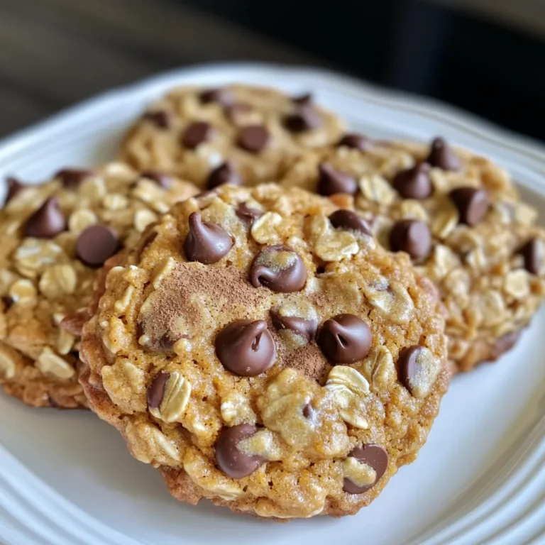 To make bakery-style pumpkin oatmeal chocolate chip cookies, gather these key ingredients: - 1 cup pumpkin puree (canned or fresh) - 1/2 cup unsalted butter, softened - 1/2 cup brown sugar, packed - 1/4 cup granulated sugar - 1 large egg - 1 teaspoon vanilla extract - 1 1/2 cups rolled oats - 1 cup all-purpose flour - 1/2 teaspoon baking soda - 1/2 teaspoon baking powder - 1 teaspoon pumpkin spice (or mix of cinnamon, nutmeg, and ginger) - 1/4 teaspoon salt - 1 cup semi-sweet chocolate chips - 1/2 cup chopped walnuts (optional) These ingredients create a warm, spiced flavor with a delightful chewy texture. Measuring your ingredients accurately is key. Here’s how to get it right: - Use a dry measuring cup for flour and oats. - Pack the brown sugar firmly in the cup. - Level off the baking powder and baking soda with a knife. - Use a liquid measuring cup for pumpkin puree and melted butter. These precise measurements ensure your cookies bake evenly and taste great. Feel free to customize your cookies! Here are some fun options: - Nuts: Add 1/2 cup of walnuts or pecans for crunch. - Dried Fruit: Toss in a handful of raisins or cranberries for sweetness. - Spices: Swap pumpkin spice for your favorite fall spices like allspice or cardamom. - Gluten-Free Flour: Use a gluten-free blend instead of all-purpose flour. These add-ins let you create a cookie that fits your taste perfectly. Start by gathering your ingredients. You need: - 1 cup pumpkin puree - 1/2 cup unsalted butter - 1/2 cup brown sugar - 1/4 cup granulated sugar - 1 large egg - 1 teaspoon vanilla extract - 1 1/2 cups rolled oats - 1 cup all-purpose flour - 1/2 teaspoon baking soda - 1/2 teaspoon baking powder - 1 teaspoon pumpkin spice - 1/4 teaspoon salt - 1 cup semi-sweet chocolate chips - 1/2 cup chopped walnuts (optional) Make sure your butter is softened. This makes it easier to mix. Measure all your ingredients accurately for the best results. In a large bowl, cream the softened butter, brown sugar, and granulated sugar. Mix until it looks light and fluffy. This step adds air to your mix. Next, add the pumpkin puree, egg, and vanilla extract. Stir until everything blends well. In another bowl, whisk the rolled oats, flour, baking soda, baking powder, pumpkin spice, and salt. This helps to evenly distribute the dry ingredients. Gradually mix the dry ingredients into the wet ingredients. Be gentle. Over-mixing can make your cookies tough. Finally, fold in the chocolate chips and walnuts if you’re using them. Make sure they are spread out evenly. Preheat your oven to 350°F (175°C) and line a baking sheet with parchment paper. This helps the cookies not stick. Using a tablespoon or cookie scoop, drop balls of dough onto the baking sheet. Space them about 2 inches apart. Bake for 10-12 minutes. The edges should be lightly golden. The centers may look soft but will firm up as they cool. After baking, let the cookies cool on the sheet for 5 minutes. Then, transfer them to a wire rack to cool completely. Enjoy your delicious cookies! To get that soft and chewy cookie, measure your flour well. Use a spoon to scoop it into a measuring cup, then level it off. Too much flour can make your cookies dry. Also, don’t over-mix the dough. This can make cookies tough instead of soft and chewy. When you fold in the chocolate chips, do it gently. Keep your cookies fresh by storing them in an airtight container. This helps keep them soft. If you want to keep them longer, freeze them. Place your cookies in a freezer bag. They can last up to three months. When you want one, just take it out and let it sit for a few minutes. You can also warm it in the microwave for a few seconds. These cookies shine when served warm with a glass of milk. You can also drizzle melted chocolate on top. For an extra festive touch, sprinkle pumpkin spice over the cookies. If you want to impress, serve them on a decorative plate or in a rustic cookie jar. This makes for a cozy display that everyone will love! {{image_2}} You can make these cookies gluten-free by swapping the all-purpose flour. Use a gluten-free flour blend instead. Look for blends that include xanthan gum. This will help your cookies hold together. Be sure to check the labels for any allergens. You might also want to add a bit more pumpkin puree for moisture. This keeps your cookies soft and chewy. If you want to change the sweetness, try different sweeteners. Honey or maple syrup can work well. Just remember, these liquids will change the dough's texture. You might need to reduce the amount of pumpkin puree slightly. If you prefer a lower-calorie option, consider using stevia or monk fruit sweetener. These can add sweetness without the calories. Try adding seasonal flavors to make your cookies unique. You can mix in cranberries or white chocolate chips for a twist. Chopped pecans can also add a nice crunch. For a festive touch, use peppermint extract instead of vanilla. Adding spices like cardamom or allspice can enhance the holiday feel. Experimenting with these flavors can make your cookies even more special. To keep your Bakery-Style Pumpkin Oatmeal Chocolate Chip Cookies fresh, use an airtight container. Place parchment paper between layers to prevent sticking. Store them at room temperature for up to one week. If you want to keep them longer, freezing is a great option. To freeze these cookies, let them cool completely first. Then, place each cookie in a single layer on a baking sheet. Freeze them for about an hour until firm. After that, transfer the cookies to a freezer-safe bag or container. They can stay in the freezer for up to three months. Remember to label them with the date. To enjoy that fresh-baked taste again, reheat the cookies in the oven. Set your oven to 350°F (175°C). Place the cookies on a baking sheet and warm them for about 5 to 7 minutes. You can also use the microwave for a quick fix. Heat each cookie for about 10 to 15 seconds. This method will bring back their soft, chewy texture. Yes, you can use fresh pumpkin. Just make sure to cook it first. Cut the pumpkin in half, remove the seeds, and roast it until soft. Then, scoop out the flesh and mash it until smooth. This will give your cookies a fresh taste. However, canned pumpkin is more convenient and saves time. To make vegan pumpkin oatmeal chocolate chip cookies, replace the egg with a flax egg. Mix one tablespoon of flaxseed meal with three tablespoons of water. Let it sit for a few minutes to thicken. You can also use vegan butter instead of regular butter. This keeps the cookies rich and tasty. To prevent your cookies from spreading too much, chill the dough for at least 30 minutes before baking. This helps keep the shape. Also, make sure your butter is softened but not melted. Too much heat can cause the cookies to spread out. Lastly, use parchment paper on your baking sheet for easy removal and to help maintain shape. You learned about making pumpkin oatmeal chocolate chip cookies. We covered key ingredients, measurements, and tasty add-ins. I provided clear steps for mixing and baking to help you get perfect cookies. Remember to try my tips for texture and storage. You can explore variations too, like gluten-free or seasonal flavors. With these ideas, your cookies will impress everyone. Enjoy baking and sharing these treats!