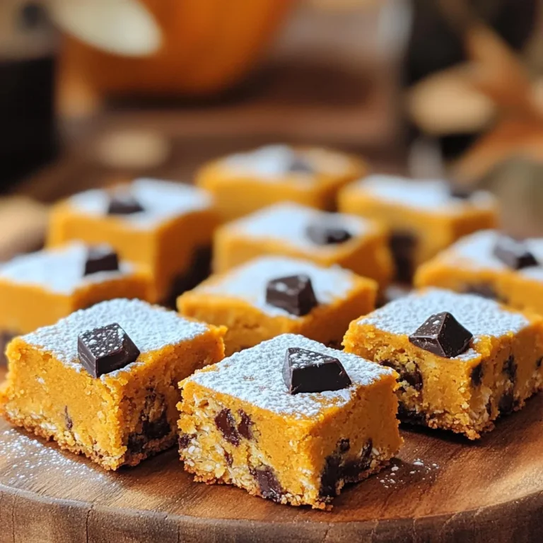 Here are the ingredients you will need for Pumpkin Chocolate Chip Oat Squares: - 1 cup rolled oats - 1 cup pumpkin puree (canned or fresh) - 1/2 cup almond butter (or your favorite nut butter) - 1/3 cup honey or maple syrup - 1/2 teaspoon vanilla extract - 1 teaspoon baking powder - 1/2 teaspoon cinnamon - 1/4 teaspoon nutmeg - 1/4 teaspoon salt - 1/2 cup chocolate chips (dark or semi-sweet) - 1/4 cup chopped walnuts or pecans (optional) You can easily swap some ingredients based on what you have. Here are a few ideas: - Nut Butter: Use peanut butter or sunflower seed butter if you prefer. - Sweetener: You can use agave syrup instead of honey or maple syrup. - Chocolate Chips: If you want a healthier option, try using dark chocolate chips. - Pumpkin Puree: Use mashed banana or applesauce for a different flavor. Want to make your oat squares even better? Here are some fun add-ins: - Nuts: Chopped almonds or pecans give a nice crunch. - Seeds: Add pumpkin seeds or sunflower seeds for extra texture. - Spices: A pinch of ginger or allspice can elevate the flavor. - Dried Fruits: Raisins or cranberries add sweetness and chewiness. These options can turn your oat squares into a treat that suits your taste! First, heat your oven to 350°F (175°C). This step makes sure your oat squares bake evenly. Next, grab an 8x8-inch baking dish. Line it with parchment paper. Leave some paper hanging over the sides. This will help you lift the squares out later. In a big mixing bowl, add these wet ingredients: - 1 cup pumpkin puree - 1/2 cup almond butter - 1/3 cup honey or maple syrup - 1/2 teaspoon vanilla extract Stir these together until they mix well. In a smaller bowl, mix the dry ingredients: - 1 teaspoon baking powder - 1/2 teaspoon cinnamon - 1/4 teaspoon nutmeg - 1/4 teaspoon salt Add the dry mix to the wet mix. Stir gently. Be careful not to overmix. Then, fold in: - 1/2 cup chocolate chips - 1/4 cup chopped walnuts or pecans (optional) Mix until the chocolate and nuts are spread out evenly. Pour the batter into the baking dish. Use a spatula to spread it out evenly. Place it in the preheated oven. Bake for 25-30 minutes. Check if it’s done by inserting a toothpick. If it comes out clean, it’s ready. When the edges look golden, take it out. Let it cool in the pan for about 10 minutes. Then, lift the oat squares out using the parchment paper. Move them to a wire rack to cool fully. Once cool, cut into squares. Enjoy your tasty treat! To get the best texture for your pumpkin chocolate chip oat squares, follow these steps: - Use rolled oats. They provide a chewy base. - Mix wet and dry ingredients gently. Overmixing can make them tough. - Bake until the edges are golden. This gives a nice crispness. - Let them cool before cutting. This helps them set properly. You can easily change the sweetness in these oat squares: - Start with 1/3 cup of honey or maple syrup. - Taste the batter before baking. If you want it sweeter, add a bit more. - Remember, chocolate chips add extra sweetness. Choose dark or semi-sweet based on your preference. These oat squares are versatile. Here are some great ways to serve them: - Enjoy them plain as a snack or breakfast. - Dust with powdered sugar for a sweet touch. - Serve warm with whipped cream for dessert. - Pair with a scoop of vanilla ice cream for an indulgent treat. These tips will help you make the perfect pumpkin chocolate chip oat squares every time. Enjoy! {{image_2}} If you need a gluten-free treat, you can easily make these oat squares safe for you. Use certified gluten-free oats. This ensures no cross-contamination occurs. You can also try using almond flour instead of regular flour for texture and flavor. This option keeps it light and tasty. To make these squares vegan, swap honey for maple syrup or agave nectar. Both options add sweetness without animal products. For the nut butter, use a sunflower seed butter or any vegan-friendly spread. This keeps the squares vegan and just as delicious. You can change the flavor of these oat squares by adding spices or nuts. Try adding ginger or cloves for a warm spice blend. You can also mix in 1/4 cup of chopped walnuts or pecans for a nutty crunch. This will enhance the texture and make each bite special. To keep your pumpkin chocolate chip oat squares fresh, store them in an airtight container. This will help maintain their moisture and flavor. You can place parchment paper between layers to avoid sticking. For best results, keep them at room temperature if you plan to eat them within a few days. If you want to store them longer, refrigeration is a safe choice. When stored properly, these oat squares last about 4 to 5 days at room temperature. If you refrigerate them, they can stay fresh for up to a week. Just make sure to check for any signs of spoilage, like an off smell or change in texture. You want every bite to be delicious! Freezing is a great way to keep these oat squares for longer. To freeze, cut them into squares first. Wrap each square tightly in plastic wrap, then place them in a freezer-safe bag. This prevents freezer burn and keeps them tasty. They can last in the freezer for about 2 to 3 months. When you're ready to enjoy, just let them thaw in the fridge or at room temperature. Warm them up in the microwave for a cozy treat! Yes, you can use other nut butters! Almond butter works well, but peanut butter is great too. You can even try cashew or sunflower seed butter for a different taste. Just make sure the nut butter is smooth for the best texture. To use fresh pumpkin, start with a whole pumpkin. Cut it, remove the seeds, and roast it until soft. Once cool, scoop the flesh and mash it well. You need one cup of fresh pumpkin puree. This fresh version adds a nice flavor and is a fun option! Absolutely! You can make the oat squares one or two days ahead. Just store them in an airtight container. For longer storage, you can freeze them. Wrap each square tightly in plastic wrap and place them in a freezer bag. They will last up to three months! You learned about the key ingredients for Pumpkin Chocolate Chip Oat Squares, including substitutions and tasty add-ins. We covered simple steps for baking and tips for the perfect texture. Explore variations like gluten-free and vegan options to suit your needs. You also discovered the best ways to store these treats. Remember, customizing your squares makes them special. Enjoy the fun of baking and sharing these delicious snacks with friends and family. With all this info, you’re ready to make your oat squares a hit!