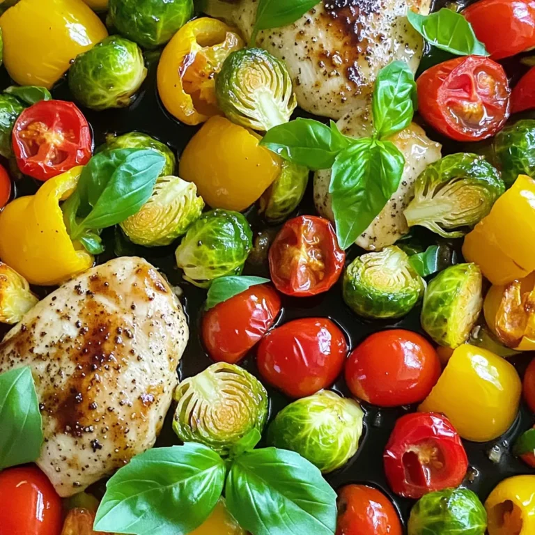 - 4 boneless, skinless chicken breasts - 2 cups Brussels sprouts, halved - 1 red bell pepper, sliced - 1 yellow bell pepper, sliced - 1 cup cherry tomatoes, halved - 1/4 cup balsamic vinegar - 2 tablespoons honey - 3 tablespoons olive oil - 2 cloves garlic, minced The chicken breasts are the star of this dish. They soak up the marinade while roasting. The Brussels sprouts, red and yellow bell peppers, and cherry tomatoes bring color and nutrition. Each veggie adds a unique taste. - 1 teaspoon dried Italian herbs (oregano, thyme, and basil) - Salt and pepper to taste Italian herbs mix well with the balsamic vinegar. They add depth to the dish. Salt and pepper bring out the flavors, making every bite tasty. - Fresh basil leaves Fresh basil leaves can add a bright touch. They give a nice aroma and a pop of green. You can add them just before serving for a final flourish. How to prepare the chicken Start with the chicken breasts. Rinse them under cold water. Pat them dry with paper towels. Trim off any fat. Then, season with salt and pepper. This step adds flavor and helps your chicken shine. Preparing the vegetables Next, wash your veggies. Cut the Brussels sprouts in half. Slice the red and yellow bell peppers. Halve the cherry tomatoes. Place all the veggies in a bowl. This makes it easy to coat them with the marinade later. Mixing balsamic vinegar and honey In a medium bowl, add balsamic vinegar and honey. Whisk them together until they blend well. This mix adds a tangy sweetness to the dish. Adding olive oil and spices Now, pour in the olive oil. Add minced garlic and dried Italian herbs. Whisk again until everything combines. This marinade will coat the chicken and veggies, adding great flavor. Placing chicken and veggies on the sheet pan Grab a large sheet pan. Place the seasoned chicken on one side. On the other side, add the bowl of veggies. Make sure they are spread out. This helps them roast evenly. Roasting in the oven Pour the remaining marinade over the chicken and veggies. Preheat your oven to 425°F (220°C). Bake for 25 to 30 minutes. Check that the chicken reaches 165°F inside. The veggies should be tender and lightly charred. Enjoy the delicious aroma while it cooks! To keep your chicken juicy, brine it for a few hours. A simple mix of salt and water does wonders. Letting it soak adds moisture. Always check the internal temperature. It should reach 165°F for safe eating. A meat thermometer is your best friend here. It helps avoid dry chicken. For even cooking, cut your veggies to similar sizes. This way, they cook at the same rate. Spread them out on the pan, giving them space. Crowding leads to steaming instead of roasting. For caramelization, roast at a high heat. The natural sugars in the veggies will brown beautifully. A little oil helps too, ensuring they don’t stick. Using parchment paper makes cleanup a breeze. Simply lift and toss when you’re done. No scrubbing needed! For storing leftovers, wait for the food to cool. Then place it in airtight containers. This keeps them fresh and prevents spills in your fridge. {{image_2}} You can switch out chicken for many other proteins. Try using turkey breast for a leaner option. Pork tenderloin also works well and adds a different flavor. If you want something plant-based, use firm tofu or chickpeas. Both soak up the marinade nicely. Seasonal veggies add a fresh twist. In spring, use asparagus or zucchini. Summer brings eggplant and corn. In fall, try sweet potatoes or carrots. Choose veggies you enjoy or whatever looks good at the store. Don't hesitate to mix and match for a colorful dish. Want to spice things up? Add chili flakes for heat or smoked paprika for a smoky touch. You can also use red wine vinegar or apple cider vinegar for a different taste. If you like it sweeter, drizzle in more honey or use maple syrup. Adjust the flavors to make it your own! To keep your sheet-pan balsamic chicken and veggies fresh, store them in an airtight container. Make sure the chicken and veggies cool down before sealing. This helps prevent moisture build-up. Place the container in the fridge. For best flavor, eat leftovers within three days. If you want to freeze leftovers, separate the chicken from the veggies. Place them in freezer-safe bags or containers. Squeeze out as much air as you can before sealing. This helps prevent freezer burn. You can keep them in the freezer for up to three months. When it’s time to enjoy your leftovers, reheat them in the oven for the best taste. Preheat your oven to 350°F (175°C). Place the chicken and veggies on a baking sheet. Cover with foil to keep moisture in. Heat for about 15-20 minutes or until warmed through. If you prefer the microwave, use a microwave-safe dish. Cover it with a lid or microwave-safe wrap. Heat in short bursts, checking every minute to avoid sogginess. In the fridge, your sheet-pan balsamic chicken and veggies last about three to four days. Always check for signs of spoilage before eating. If the chicken smells off or looks discolored, toss it. Veggies that are mushy or slimy should also be discarded. For frozen leftovers, they can last up to three months. After that, the taste and texture may change. Always label your containers with dates. This helps you keep track of how long they’ve been stored. You can tell the chicken is cooked when it reaches an internal temperature of 165°F. Use a meat thermometer to check the thickest part of the chicken. The juices should run clear, not pink. If you don’t have a thermometer, cut into the chicken. It should look white and not glossy. Yes, you can use frozen chicken, but it is best to thaw it first. Thawing helps the chicken cook evenly. If you cook it from frozen, it will take longer to cook. Ensure it still reaches 165°F by checking with a meat thermometer. This dish goes well with many sides, such as: - Rice or quinoa - Mashed potatoes - Garlic bread - A fresh salad - Roasted sweet potatoes These sides balance the flavors and add variety to your meal. Yes, this recipe is great for meal prep! You can make it ahead and store it in the fridge. Just divide the chicken and veggies into containers. They will stay fresh for about 3 to 4 days. You can also freeze individual portions for longer storage. This blog post provided a complete guide for making a tasty sheet-pan balsamic chicken dish. We covered key ingredients, like chicken, vegetables, and the marinade, along with special seasonings that enhance the flavor. I shared tips for perfect cooking and useful storage info to keep leftovers fresh. Incorporating different proteins or veggies lets you make this meal your own. I hope you feel confident trying this recipe and enjoy every bite!