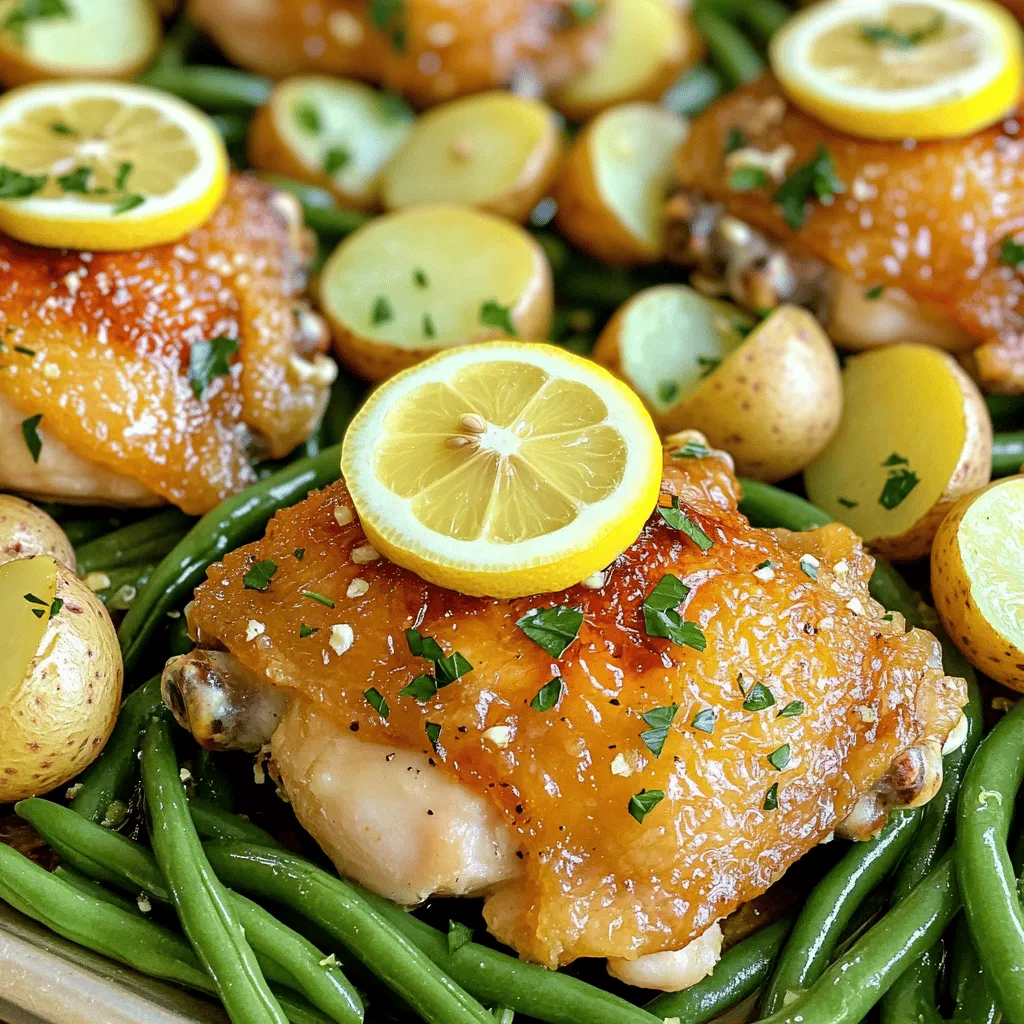 - 4 bone-in, skin-on chicken thighs - 4 cloves garlic, minced - 2 large lemons (1 for zest and juice, 1 sliced for garnish) - 2 tablespoons olive oil - 1 teaspoon dried oregano - 1 teaspoon paprika - Salt and pepper to taste The main stars of this dish are the chicken thighs. Their skin gets crispy and golden, while the meat stays juicy. Garlic adds a strong flavor that pairs well with the zesty lemons. The olive oil helps everything cook evenly and adds a nice richness. I use dried oregano and paprika to give the chicken more depth. Don’t forget to add salt and pepper for balance! - 1 cup baby potatoes, halved - 1 cup green beans, trimmed Baby potatoes bring a creamy texture and soak up the lemony goodness. Halving them lets the cut sides crisp up nicely. The green beans add color and a bit of crunch. You can also use other veggies like carrots or bell peppers if you prefer. Just make sure to cut them to similar sizes for even cooking. - Fresh parsley, chopped (for garnish) - Additional lemon slices Fresh parsley adds a pop of color and freshness to the dish. It brightens the flavors and makes your meal look beautiful. The extra lemon slices not only look pretty but also add a nice tang when served. You can squeeze them over the chicken right before eating for a burst of flavor. First, we need to preheat the oven. Set it to 425°F (220°C). This high heat helps get a nice crust on the chicken. Next, prepare the garlic lemon mixture. In a small bowl, whisk together 4 minced garlic cloves, 2 tablespoons of olive oil, the zest of 1 lemon, the juice of that lemon, 1 teaspoon of dried oregano, 1 teaspoon of paprika, and salt and pepper to taste. Mix well until it blends together smoothly. Now, let’s coat the chicken thighs. Pat 4 bone-in, skin-on chicken thighs dry with paper towels. Place them in a large bowl. Pour half of the garlic lemon mixture over the chicken. Make sure each piece is well coated. For the best flavor, let the chicken marinate for at least 15 minutes. If you have more time, longer is better. This lets the flavors soak in deeply. Let’s assemble the sheet pan now. Take 1 cup of halved baby potatoes and spread them on the sheet pan. Drizzle with a little olive oil and season with salt and pepper. Toss them to coat and arrange them cut side down. This helps them crisp up nicely. After that, nestle the marinated chicken thighs among the potatoes on the sheet pan. Next, scatter 1 cup of trimmed green beans around the chicken and potatoes. Drizzle the remaining garlic lemon mixture over everything. Finally, place lemon slices on top of the chicken thighs for extra flavor and a pretty look. Now, it’s time to bake. Place the sheet pan in the preheated oven for 35-40 minutes. The chicken should be golden brown and reach an internal temperature of 165°F (75°C). For an extra crispy skin, switch the oven to broil for the last 2-3 minutes. Keep a close eye on it so it doesn’t burn. Once done, remove the pan from the oven. Let it rest for a few minutes before garnishing with fresh parsley. To get crispy skin on your chicken thighs, dry them well with paper towels. This step removes moisture that can make the skin soggy. After drying, coat the chicken with the garlic lemon mixture. Bake at 425°F for 35-40 minutes. For extra crispiness, broil for 2-3 minutes at the end. Always check the internal temperature with a meat thermometer. The chicken should reach 165°F for safe eating. You can boost the flavor with fresh herbs like rosemary or thyme. Adding these herbs will make the dish more fragrant and tasty. Try using different spices too, like cumin or chili powder, for a twist. If you want to change the marinade, consider soy sauce or honey mustard. These alternatives add new layers of flavor. Serving directly from the sheet pan looks great and saves time. It makes for a casual and fun meal. If you prefer plating, place chicken and veggies on individual plates. Add extra lemon wedges and sprinkle with parsley for color. This simple touch makes the meal feel special. {{image_2}} You can switch proteins to keep it fresh. Try using bone-in chicken breasts or even turkey thighs. Each offers a slightly different taste while keeping the dish juicy. If you're feeling adventurous, you can even use fish like salmon. Just watch the cooking time, as fish cooks faster. Seasonal vegetables are a great way to change things up, too. In summer, throw in zucchini or bell peppers. In fall, consider butternut squash or carrots. These swaps not only add color but also enhance the flavors. To make this dish even more exciting, add spices. Try cumin for a warm kick or chili powder for heat. You can also use fresh herbs like thyme or rosemary. They can elevate the dish and give it a whole new vibe. Exploring different citrus flavors can change the profile, too. Use limes instead of lemons for a zesty twist. Or, add orange zest for a sweet touch. Each option can transform your meal while keeping it vibrant. If you need a gluten-free option, this meal is already safe. Just ensure all your spices are gluten-free. You can also swap the olive oil for avocado oil. It works well and is still healthy. For a low-carb version, skip the baby potatoes. You can replace them with cauliflower florets. They roast beautifully and soak up the garlic lemon flavor. This tweak keeps the dish light while still being filling. To keep your chicken thighs fresh, store them in an airtight container. Refrigerate them right after they cool. This method helps maintain flavor and texture. For freezing, wrap the chicken tightly in plastic wrap, then place it in a freezer bag. This prevents freezer burn. Label the bag with the date to track freshness. When it's time to eat leftovers, aim for quality. Preheat your oven to 350°F (175°C). Place the chicken thighs in a baking dish, adding a splash of chicken stock for moisture. Cover with foil to keep them juicy. Bake for about 20 minutes, or until warm. You can also use a microwave, but be cautious. Heat in short intervals to avoid drying out the chicken. In the fridge, your leftovers last about 3 to 4 days. After that, they may spoil. Always check for signs of spoilage. If the chicken has an off smell or change in color, it’s best to discard it. Trust your senses; safety comes first! Baking chicken thighs takes about 35 to 40 minutes. At 425°F (220°C), they cook evenly. For best results, check that the internal temperature reaches 165°F (75°C). Larger thighs may need more time. Always use a meat thermometer to be sure. Yes, you can use boneless chicken thighs. They will cook faster than bone-in thighs. Bake them for about 25 to 30 minutes. Keep an eye on them to avoid dryness. You can still use the same garlic lemon mixture for flavor. This dish pairs well with many sides. Here are some great options: - Roasted carrots - Steamed broccoli - Rice pilaf - Quinoa salad These sides add color and flavor to your meal. They also complement the chicken’s zest. Yes, you can prepare this recipe ahead of time. Marinate the chicken and store it in the fridge. You can do this up to 24 hours before cooking. For leftovers, store them in an airtight container. They will stay fresh for up to three days. Reheat in the oven for the best taste. This recipe for garlic lemon chicken thighs is simple and tasty. You learned about key ingredients, step-by-step baking, and helpful tips. Try different veggies and flavors to make it your own. Remember, storing leftovers properly keeps your meal fresh for later. Follow the reheating tips to enjoy it again. Cooking with this sheet pan method saves time and cleanup. Enjoy making meals that are easy, fun, and delicious!