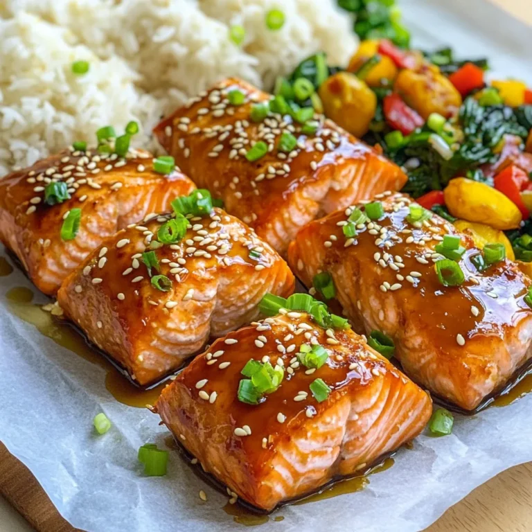 - 1 lb salmon fillet, skin removed, cut into bite-sized pieces - 1/4 cup soy sauce - 2 tablespoons honey - 1 tablespoon sesame oil - 1 teaspoon minced garlic - 1 teaspoon grated ginger - 1 tablespoon rice vinegar - 1 tablespoon cornstarch - 1 tablespoon sesame seeds - 2 green onions, sliced - Air fryer - Mixing bowl - Whisk - Measuring cups and spoons - Tongs To make the Air Fryer Teriyaki Salmon Bites, you need fresh ingredients. The salmon fillet is the star of the dish. It should be skinless and cut into small pieces. This helps it cook evenly and absorb the flavors well. Soy sauce gives a salty flavor. Honey adds sweetness, balancing the taste. Sesame oil brings a nutty aroma. Garlic and ginger add warmth and depth. Rice vinegar rounds out the flavors with a hint of tang. Cornstarch makes the salmon bites crispy. Sesame seeds add a nice crunch and garnish. Green onions give a fresh touch. For tools, you need an air fryer. It cooks the salmon quickly and evenly. A mixing bowl helps combine the marinade. A whisk mixes the ingredients smoothly. Measuring cups and spoons ensure the right amounts. Tongs are useful for flipping and serving the salmon bites. With this list, you are ready to create a tasty meal. Enjoy the process and the delicious results! First, gather your ingredients. In a mixing bowl, combine: - 1/4 cup soy sauce - 2 tablespoons honey - 1 tablespoon sesame oil - 1 teaspoon minced garlic - 1 teaspoon grated ginger - 1 tablespoon rice vinegar Whisk them together until mixed well. Next, add the salmon pieces into the bowl. Toss gently to coat each piece with the marinade. Let the salmon marinate for 15-20 minutes. This step helps the flavors soak in. After marinating, sprinkle 1 tablespoon of cornstarch over the salmon. Toss gently to coat again. This will make the salmon crispy when cooked. Preheat your air fryer to 375°F (190°C). This is an important step for even cooking. Now, arrange the salmon pieces in a single layer in the air fryer basket. Do not overcrowd them; this helps them cook evenly. Cook the salmon bites for 8-10 minutes. Flip them halfway through for best results. When done, they should be crispy and cooked through. Enjoy your tasty bites! To boost the taste, let your salmon marinate longer. I recommend marinating for at least 30 minutes. This time allows the flavors to soak in. You can also add spices or herbs. Garlic powder, chili flakes, or even fresh cilantro can add a nice twist. Do not overcrowd your air fryer basket. If you fit too many pieces, they won’t cook evenly. Each piece should have some space around it. A light spray of cooking oil helps achieve that perfect crisp. It also gives the salmon a nice golden color. Serve your salmon bites with steamed rice and fresh vegetables. This adds color and texture to your plate. For a pop of flavor, sprinkle extra sesame seeds and sliced green onions on top. It makes the dish look beautiful and adds a fresh taste. {{image_2}} You can make your teriyaki salmon bites even better by adding vegetables. Bell peppers and snap peas work great. They add color and nutrients to your dish. Just chop them into bite-sized pieces. Toss them in with the salmon during marination. This makes your meal more balanced and fun to eat. If you want to change the flavor, try different marinades. You can use store-bought teriyaki sauce for a quick option. If you like heat, use a spicy sauce instead. Marinades can change the taste a lot. Experimenting will help you find your favorite flavor. Don’t be afraid to get creative with this. Cooking time can change based on salmon size. If your salmon pieces are larger, cook them a bit longer. For smaller pieces, reduce the cook time. I recommend checking them after 7 minutes. Use a fork to see if they flake easily. Adjusting the time will help you get the perfect texture every time. After you enjoy your Air Fryer Teriyaki Salmon Bites, store any leftovers in an airtight container. This helps keep them fresh and safe to eat. Place the container in your refrigerator. The salmon will stay good for about three to four days. If you want to freeze the salmon bites, let them cool completely first. Then, place them in a freezer-safe bag or container. Remove as much air as possible. Label the bag with the date. When you're ready to eat, thaw them in the fridge overnight. Reheat in the air fryer at 375°F (190°C) for about 5-7 minutes. This keeps them tasty and crispy! In the fridge, your salmon bites will last for three to four days. If frozen, they can stay fresh for about three months. This makes meal prep easy. You can enjoy a quick and healthy meal anytime! To check if the salmon is done, look for a few signs: - The salmon should appear opaque and flake easily with a fork. - The internal temperature should reach 145°F (63°C). - If you do not have a thermometer, gently press the salmon. If it feels firm yet slightly springy, it’s likely ready. Yes, you can use skin-on salmon. However, it may not crisp as well in the air fryer. If you like the skin, remove it after cooking. The skin adds flavor but can be tough. If you prefer a tender bite, opt for skinless salmon. If you need a soy sauce substitute, try these options: - Tamari is a gluten-free option that works well. - Coconut aminos offers a sweeter taste and is soy-free. - Liquid aminos can also be a good choice. These options keep your dish flavorful while meeting dietary needs. This post covered a tasty air-fried salmon recipe using simple ingredients. We explored marinating, cooking, and serving ideas. Also, I shared helpful tips for flavor and crispiness. Remember, you can mix it up with veggies or alternative sauces for fun. Aim for perfect portions and proper storage for leftovers. Enjoy this easy dish that’s full of flavor and good for you! Happy cooking!