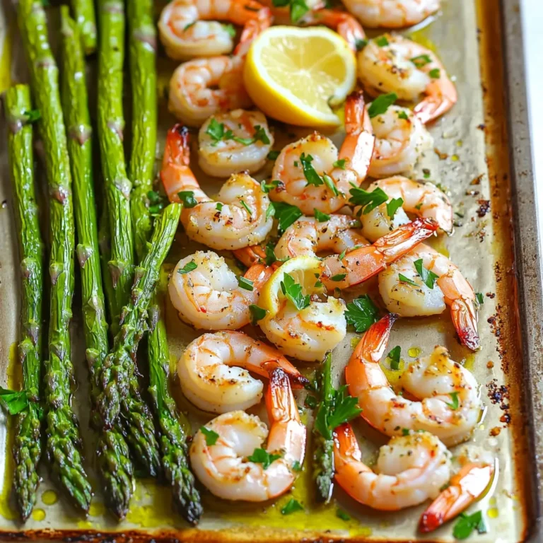 - 1 lb (450g) large shrimp, peeled and deveined - 1 lb (450g) asparagus, trimmed - 6 cloves garlic, minced - 3 tablespoons olive oil - 1 teaspoon smoked paprika - 1 tablespoon lemon zest - 2 tablespoons lemon juice - Salt and pepper to taste - 1/4 teaspoon red pepper flakes (optional) - Fresh parsley, chopped (for garnish) If you can't find shrimp, try using chicken or tofu. Both cook well and absorb flavor. For asparagus, green beans or broccoli can work too. They add a nice crunch. If you don’t have smoked paprika, regular paprika can replace it. It won’t have the same smoky taste but will still be good. Use lime juice instead of lemon juice if you want a different zest. Look for shrimp that smell clean, not fishy. They should feel firm to the touch. For asparagus, choose bright green stalks with tightly closed tips. Avoid any that look limp or have dark spots. Fresh garlic should feel firm and not sprout. When buying olive oil, look for one in a dark bottle for better quality. Always check the expiration date. This ensures you are getting the best flavor for your dish. First, gather all your ingredients. You need 1 pound of shrimp and 1 pound of asparagus. The shrimp should be peeled and deveined. Trim the asparagus to remove tough ends. Mince 6 cloves of garlic. You’ll also need 3 tablespoons of olive oil, 1 teaspoon of smoked paprika, and lemon zest from one lemon. Squeeze out 2 tablespoons of lemon juice. Finally, add salt, pepper, and optional red pepper flakes. In a large bowl, add the shrimp, minced garlic, olive oil, smoked paprika, lemon zest, lemon juice, salt, and pepper. If you like spice, toss in the red pepper flakes. Mix everything well so the shrimp are fully coated. Let them sit for 15 minutes. This helps the shrimp soak up all the flavor. Preheat your oven to 400°F (200°C). Line a large baking sheet with parchment paper. Spread the trimmed asparagus in a single layer on the sheet. Drizzle with a bit of olive oil and sprinkle with salt and pepper. Now, take your marinated shrimp and pour them over the asparagus. Spread them out evenly. Bake for 10-12 minutes. The shrimp should turn pink and be cooked through. The asparagus should be tender but still crisp. After baking, garnish with fresh parsley before serving. Cooking times can change based on your oven and shrimp size. If your shrimp are larger, add a few extra minutes. For smaller shrimp, check them sooner. Always watch your dish closely. You want the shrimp to be pink and firm. The asparagus should be bright green and tender but still crisp. To cook shrimp just right, look for the "C" shape. When shrimp curl into a tight "C," they are done. If they form an "O," they are overcooked. This can make them tough. Marinating shrimp for 15 minutes adds flavor and helps with cooking. Make sure to spread them out on the pan. This helps them cook evenly and prevents steaming. Adding spices can take this dish to the next level. Try adding cayenne for heat, or fresh herbs for freshness. You can also use a dash of cumin or coriander for warmth. A splash of soy sauce or a hint of ginger gives a nice twist. Don’t be afraid to experiment. Cooking is all about personal taste and fun! {{image_2}} You can mix in different veggies for more colors and flavors. Try bell peppers, cherry tomatoes, or zucchini slices. Each adds unique taste and crunch. Just remember to cut them to a similar size as the asparagus. This way, everything cooks evenly. Toss them in the same marinade as the shrimp. This will let the flavors blend well. If you want to switch proteins, chicken or scallops work great. For chicken, use boneless thighs or breasts, cut into bite-sized pieces. Cook them for about 15 minutes, as they take longer than shrimp. Scallops can also be a tasty choice. They need just 8-10 minutes in the oven. They add a sweet, delicate flavor to the dish. Feel free to play with the seasonings. For a kick, try adding curry powder or Italian herbs. You can also use a store-bought sauce like teriyaki or soy sauce for a different flavor. Mix sauces for a unique taste. A splash of sesame oil can add depth. Just remember to balance the flavors so they don't overpower the dish. To store leftovers, put them in an airtight container. Make sure the shrimp and asparagus cool down first. You can keep them in the fridge for up to three days. Label your container with the date to track freshness. If you want to enjoy them later, freezing is a great option. When you’re ready to eat, reheating is simple. Preheat your oven to 350°F (175°C). Spread the shrimp and asparagus on a baking sheet. Heat for about 10 minutes or until warmed through. You can also use a microwave. Just cover the dish and heat for 1-2 minutes. Stir halfway through to warm evenly. If you want to freeze this dish, do so before cooking. Place the marinated shrimp and asparagus in a freezer bag. Remove as much air as possible before sealing. This helps prevent freezer burn. You can freeze it for up to three months. When ready to cook, thaw overnight in the fridge and follow the baking instructions. You can tell shrimp are cooked when they turn pink. They should curl into a C shape. If they look gray or opaque, they are not done. Cook them for about 10-12 minutes at 400°F. This time is perfect for large shrimp. Always check them to avoid overcooking. Yes, you can use frozen shrimp! Just make sure to thaw them first. Place them in cold water for about 15-20 minutes. Pat them dry before marinating. This keeps the dish from getting watery. Follow the same marinating and cooking steps as fresh shrimp. Many side dishes go great with this meal. Here are some ideas: - Rice: White or brown rice soaks up the sauce well. - Quinoa: A healthy option that adds protein. - Garlic Bread: Perfect for dipping in juices. - Salad: A light green salad balances the dish. - Pasta: Tossed with olive oil for a filling choice. These sides will complement your garlic shrimp and asparagus nicely! This blog covered key steps to make a tasty sheet pan garlic shrimp dish. We explored essential ingredients, swaps, and tips for freshness. I shared clear steps for preparing, marinating, and baking shrimp. You learned tricks for perfect cooking and flavor boosts. We discussed fun variations and guide for storing leftovers. With these tools, you can create an easy and delicious meal anytime. Enjoy experimenting in the kitchen!