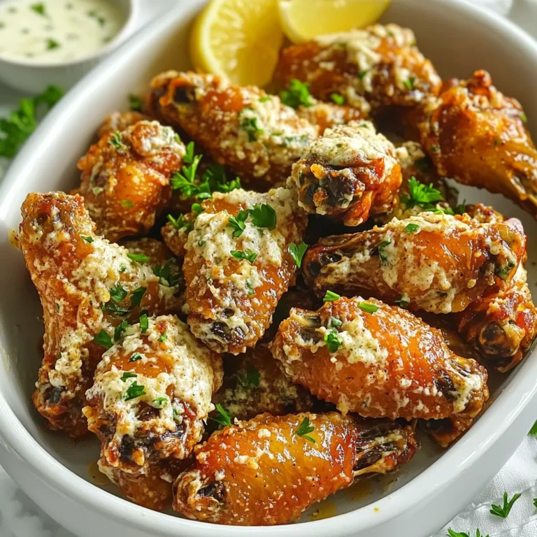 To make Air Fryer Garlic Parmesan Wings, gather these items: - 2 pounds chicken wings - 1 tablespoon olive oil - 4 cloves garlic, minced - 1 teaspoon garlic powder - 1 teaspoon onion powder - 1 teaspoon smoked paprika - ½ teaspoon salt - ½ teaspoon black pepper - ½ cup grated Parmesan cheese - 2 tablespoons fresh parsley, chopped (for garnish) These ingredients work together to create bold and tasty flavors. The garlic and Parmesan really shine in this recipe. You can use fresh or frozen chicken wings. Fresh wings usually taste better. They cook faster and get crispier. If you use frozen wings, make sure to thaw them first. This helps them cook evenly. I suggest using good quality olive oil. Extra virgin olive oil adds rich flavor. You can also use light olive oil if you want a milder taste. Both options work well to help the spices stick to the wings. First, start by rinsing the chicken wings under cold water. This step helps remove any debris and makes them clean. Next, pat them dry with paper towels. Dry wings will get crispier in the air fryer. Drying is key to great texture. In a large mixing bowl, combine the olive oil, minced garlic, garlic powder, onion powder, smoked paprika, salt, and black pepper. I love using fresh garlic for a bold taste. Mix these ingredients well until they form a nice paste. This step adds tons of flavor to the wings. Now, toss the chicken wings in the bowl with the garlic mixture. Coat every wing evenly. You want each wing to absorb that yummy flavor. After that, sprinkle the grated Parmesan cheese over the wings. Toss them again until every wing is coated with cheese. Preheat your air fryer to 400°F (200°C) for about 5 minutes. This ensures even cooking from the start. Place the wings in a single layer in the air fryer basket. If your basket is small, cook in batches. Overcrowding can make them soggy. Cook the wings for 25-30 minutes. Shake the basket halfway through. This helps them cook evenly and get crispy. Once they turn golden brown, they are ready. Carefully remove the wings from the air fryer and place them in a large serving bowl. Garnish with chopped parsley for a fresh touch. It adds color and flavor. Enjoy your tasty garlic Parmesan wings! To make your wings extra crispy, start with dry wings. Rinse them and pat them dry completely. This helps remove moisture. Next, toss the wings in olive oil and seasoning thoroughly. The oil creates a barrier that promotes crispiness. When you cook, ensure the air fryer is preheated to 400°F. This high heat cooks the wings fast and makes them crispy. Lastly, shake the basket halfway through cooking. This helps them cook evenly and get that perfect crunch. Seasoning your wings is key. Feel free to adjust the spices based on your taste. If you love garlic, add more minced garlic or garlic powder. For a bit of heat, consider adding cayenne pepper or hot sauce to the mix. Remember to taste the seasoning blend before adding it to the wings. This way, you can find the right balance that you enjoy. Just keep in mind that Parmesan cheese adds saltiness. So, adjust your salt accordingly. Dipping sauces can elevate your wings. Classic ranch or blue cheese dressing pairs well with chicken wings. If you want something zesty, try a lemon garlic aioli. You can also serve the wings with crispy celery or carrot sticks for a fresh crunch. Consider adding lemon wedges on the side. The citrus can brighten the flavors of your wings. These simple accompaniments make your snack more enjoyable. {{image_2}} Want a kick? Add some heat to your wings! Mix in 1-2 teaspoons of cayenne pepper or hot sauce. This gives your wings a spicy twist. You can also toss them with a spicy garlic sauce after cooking. The heat pairs well with the garlic and cheese. For a fresh taste, try lemon herb garlic wings. Squeeze fresh lemon juice over the wings before cooking. Add 1 tablespoon of lemon zest for more flavor. You can also mix in fresh herbs like thyme or rosemary. This variation brightens up the dish and adds a nice zing. If you want to change the cheese, try these options. Use feta cheese for a tangy taste. Or, try a blend of mozzarella and Parmesan for a creamy feel. You can also switch to cheddar for a sharper flavor. Each cheese adds its own twist to your wings, making them unique. After enjoying your Air Fryer Garlic Parmesan Wings, store any leftovers properly. Place them in an airtight container. Keep the wings in the fridge for up to three days. This helps keep them fresh and tasty. If you want, you can separate them with parchment paper. This prevents sticking. When you're ready to eat leftovers, heat them carefully. The air fryer is best for this. Set it to 350°F (175°C) and cook for about 5-7 minutes. This keeps the wings crispy. You can also use a microwave if you're in a hurry. Just heat them for 1-2 minutes. But be aware, they might not stay crispy. You can freeze these wings for later. First, let them cool completely. Then, place them in a freezer bag. Remove as much air as possible before sealing. They can last up to three months in the freezer. When you want to eat them, thaw overnight in the fridge. Reheat in the air fryer for the best taste. Yes, you can use different types of wings. You can try drumsticks or boneless wings. Both options will work well with this recipe. Just make sure to adjust the cooking time. Drumsticks may need a bit longer, while boneless wings may cook faster. Always check that the meat is cooked through. The best temperature for air frying wings is 400°F (200°C). This high heat helps to make the wings crispy. It also cooks the inside quickly without drying them out. Preheating your air fryer for about 5 minutes before cooking is key. This ensures an even cook and a nice crunch. Air fryer wings can last for about 3 to 4 days in the fridge. Store them in an airtight container to keep them fresh. If you want them to last longer, you can freeze them. When frozen, they can last for up to 3 months. Just remember to thaw them in the fridge before reheating. This blog covered how to make perfect garlic parmesan chicken wings. We discussed key ingredients, like fresh wings and olive oil options. You learned how to prepare the wings and mix the garlic coating. I also shared tips for extra crispiness and some tasty sauce ideas. We explored fun variations like spicy wings and storage tips for leftovers. Try these ideas and make meal time fun. Enjoying your wings should be easy and delicious!