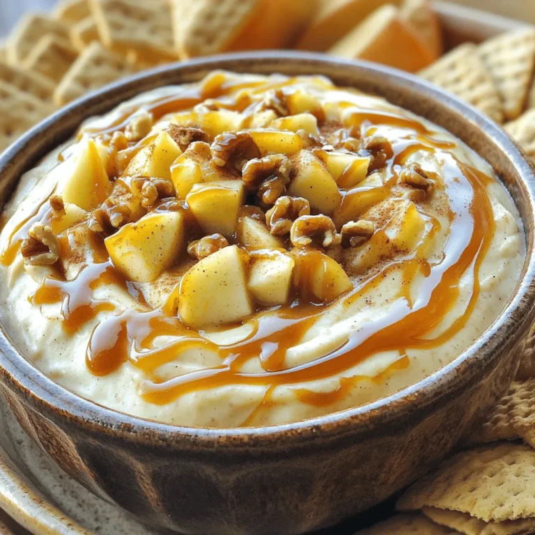 When making Caramel Apple Cheesecake Dip, fresh and tasty ingredients are key. Here’s what you need: - 8 oz cream cheese, softened - 1/2 cup powdered sugar - 1 tsp vanilla extract - 1 cup sour cream - 1/2 cup caramel sauce, plus extra for drizzling - 1/2 tsp cinnamon - 1 large apple, diced (Granny Smith or Honeycrisp recommended) - 1/2 cup chopped nuts (walnuts or pecans) - Graham crackers or vanilla wafers for dipping Each ingredient adds a special touch to this creamy dip. The cream cheese gives it a smooth texture. The powdered sugar sweetens it just right. Vanilla extract adds flavor that makes it pop. Sour cream keeps it light and fluffy. Cinnamon brings warmth to the mix, while fresh apples add crunch. Chopped nuts offer a nice bite, making this dip exciting. Lastly, graham crackers or vanilla wafers serve as perfect dippers. You can mix and match to find your favorite! - Step 1: Beat the cream cheese Start by placing 8 oz of softened cream cheese in a medium bowl. Use an electric mixer to beat it until it's smooth and creamy. This step is key for a nice texture. - Step 2: Incorporate powdered sugar Gradually add in 1/2 cup of powdered sugar. Mix until it is well combined. This makes the dip sweet and fluffy. - Step 3: Add vanilla and sour cream Next, mix in 1 tsp of vanilla extract and 1 cup of sour cream. Blend until the dip is light and fluffy. This adds depth and creaminess. - Step 4: Mix in caramel and cinnamon Stir in 1/2 cup of caramel sauce and 1/2 tsp of cinnamon. Mix well, but leave some swirls of caramel for a pretty look. This step gives the dip warmth and flavor. - Step 5: Fold in apples and nuts Gently fold in 1 large diced apple and 1/2 cup of chopped nuts. Make sure they are evenly mixed in. Use Granny Smith or Honeycrisp apples for a nice tartness. - Step 6: Transfer and garnish Finally, transfer the dip to a serving bowl. Drizzle some extra caramel sauce on top for a beautiful finish. This will make your dip look as good as it tastes. Serve this creamy treat with graham crackers or vanilla wafers. Enjoy every bite! For the best dippers, I recommend using graham crackers or vanilla wafers. They add a nice crunch to the creamy dip. You can also try apple slices for extra apple flavor. Fresh fruit pairs well with the caramel. If you're feeling adventurous, pretzel sticks can add a salty twist. This dip shines at gatherings and parties. Serve it during game nights, birthdays, or fall festivities. It's a fun treat for kids and adults alike. Make it a centerpiece for your dessert table. Guests will love how easy it is to scoop and enjoy! To store leftovers, place the dip in an airtight container. Cover it tightly to keep it fresh. It stays good in the fridge for about three days. If the dip gets too thick after storing, just mix in a bit of sour cream to loosen it. When it's time to serve again, give it a quick stir. Add a drizzle of caramel on top for a fresh look. This makes it feel special and new even after a few days. If your dip is too thick, mix in a splash of milk or cream. This will help it become smooth and creamy again. Don't worry; it will still taste great. For a dip that is too sweet, add a pinch of salt or extra cinnamon. This helps balance the flavors. If it's too sour, mix in a bit of powdered sugar. This will soften the tanginess and bring joy to every bite. {{image_2}} You can swap cream cheese for Greek yogurt. This change makes the dip lighter but still creamy. For a dairy-free option, use vegan cream cheese. This keeps the dip rich without any dairy. Want to mix it up? Add chocolate chips or peanut butter. These flavors give a fun twist. You can also try seasonal flavors. In fall, pumpkin spice adds warmth. In summer, fresh berries bring a light touch. For a fancy touch, layer the dip in a clear bowl. It looks great and impresses guests. You can also skewer fruit, like apple slices, for easy eating. Serve with graham crackers or vanilla wafers for dipping. This makes it fun and interactive! Caramel Apple Cheesecake Dip is a sweet and creamy treat. It blends cream cheese, sour cream, and caramel. You mix in diced apples and nuts for added flavor. This dip is perfect for parties or family gatherings. The balance of sweet and tart makes it a hit! Yes, you can make this dip ahead of time! Prepare it and keep it in the fridge. Just cover it well to prevent drying out. It tastes even better after chilling for a few hours. This way, the flavors mix and become richer. Granny Smith and Honeycrisp apples are my favorites for this dip. Granny Smith adds a nice tartness. Honeycrisp is sweet and crunchy. Both of these apples hold up well in the dip. They add great texture and flavor. I do not recommend freezing this dip. The cream cheese and sour cream can change texture. Once thawed, it may become watery and less creamy. It's best enjoyed fresh, so make only what you need! To make this dip healthier, try using low-fat cream cheese and sour cream. You can also reduce the amount of sugar. Instead of caramel sauce, use a lighter fruit puree. Adding more apples can also boost the nutrition. This way, you still enjoy the flavor but with fewer calories! - Prep Time: 15 minutes - Cook Time: 15 minutes - Servings: 6-8 servings This caramel apple cheesecake dip is quick to make. You only need 15 minutes to prep and cook. It serves 6 to 8 people, making it perfect for gatherings. - Dessert dip category - American cuisine This dip fits in the dessert dip category. It showcases classic American flavors, especially with the blend of cream cheese, caramel, and apples. - Calories: Approximately 250 per serving - Total Fat: 15g - Saturated Fat: 8g - Carbohydrates: 30g - Sugar: 20g - Protein: 3g Knowing the nutritional facts helps you enjoy this dip mindfully. Each serving has about 250 calories. It’s rich and creamy, so a little goes a long way. In this blog post, we explored a tasty caramel apple cheesecake dip. We covered the key ingredients, from cream cheese to diced apples. You learned step-by-step how to make it and some helpful tips for serving and storage. Remember, using the right apples gives the best flavor. Don’t hesitate to get creative with variations. This dip is a fun treat for any occasion. Enjoy making it and sharing with friends!