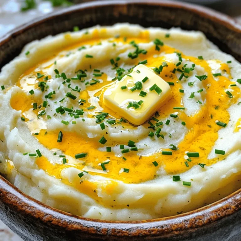 To make Cheddar Herb Mashed Potatoes, gather these key items: - 2 pounds Yukon Gold potatoes, peeled and cubed - 1/2 cup unsalted butter - 1 cup sharp cheddar cheese, shredded - 1/2 cup heavy cream - 1/4 cup cream cheese, softened - 1/4 cup fresh chives, chopped - 1/4 cup fresh parsley, chopped - 1 teaspoon garlic powder - Salt and pepper to taste These ingredients blend together to create a rich and creamy dish. When choosing potatoes, I recommend Yukon Gold. They have a smooth skin and buttery flavor. Yukon Gold potatoes mash well, making them perfect for this recipe. Look for potatoes that are firm and free from blemishes. Avoid soft spots, as they can lead to uneven texture. For this dish, sharp cheddar cheese stands out. It gives a strong flavor that pairs well with the herbs. You can also try aged cheddar for a bolder taste. Avoid mild cheddar as it might not give the same depth of flavor. Choose cheese that is freshly shredded for the best melt and taste. Start by boiling a large pot of salted water. Use about 2 pounds of Yukon Gold potatoes. Peel and cube them for even cooking. Add the potatoes to the boiling water and cook for 15 to 20 minutes. You want them to be fork-tender. Once cooked, drain the potatoes well. Return them to the pot on low heat for about 2 minutes. This helps to evaporate any extra moisture. Now, it’s time to mash! Add 1/2 cup of unsalted butter to the hot potatoes. Use a potato masher or a ricer for the best results. Mash until the potatoes are smooth and creamy. This step is key for that dreamy texture you want in your mashed potatoes. Next, stir in 1/2 cup of heavy cream and 1/4 cup of cream cheese. Mix until everything is fully blended and creamy. Then, gently fold in 1 cup of shredded sharp cheddar cheese. Let it melt into the warm potatoes. Add 1 teaspoon of garlic powder, 1/4 cup each of chopped chives and parsley. Season with salt and pepper to taste. Mix well until all the flavors combine. Taste your mashed potatoes and adjust the seasoning if needed. Transfer them to a serving dish. For a nice touch, top with extra cheddar cheese and a sprinkle of fresh herbs. Enjoy your Cheddar Herb Mashed Potatoes! To get the best texture, start with Yukon Gold potatoes. They are creamy and smooth. Boil them until fork-tender, about 15-20 minutes. After draining, put the potatoes back on low heat for 2 minutes. This step helps remove extra water. When mashing, use a sturdy potato masher or ricer. Ricing gives a super smooth finish. Mix in butter and cream while the potatoes are still warm. This way, they absorb moisture well. Keep mashing until there are no lumps. Want to take your mashed potatoes to the next level? Add garlic powder for a savory kick. Fresh herbs like chives and parsley brighten the dish. You can also add roasted garlic for a deep flavor. If you like spice, try a pinch of cayenne pepper. For extra creaminess, use more cream cheese or butter. Balance the flavors with salt and pepper. Always taste before serving to ensure it’s just right. One common mistake is overcooking the potatoes. This can lead to watery mash. Make sure to drain them well. Another mistake is not using enough seasoning. Potatoes need salt to enhance their flavor. Mixing too aggressively can make them gummy, so mash gently. Lastly, avoid skipping the warming step after draining. It’s important for achieving that perfect creamy texture. {{image_2}} You can make these mashed potatoes vegan by swapping ingredients. Use vegan butter instead of unsalted butter. For creaminess, use coconut cream or almond milk instead of heavy cream. Nutritional yeast adds a cheesy flavor without dairy. You can also use vegan cream cheese to keep that rich texture. Fresh herbs like chives and parsley still work great for flavor. This recipe is naturally gluten-free. Just ensure that all your ingredients are certified gluten-free. Most brands of butter, cheese, and cream are gluten-free. Always check labels to be sure. You can enjoy these mashed potatoes without worry if you stick to these guidelines. Get creative with your mashed potatoes! You can mix in roasted garlic for a sweet, rich taste. Adding sautéed mushrooms gives a savory twist. For spice lovers, a dash of cayenne or chili flakes can heat things up. Try adding caramelized onions for a sweet and earthy flavor. Each of these options helps you create a new taste experience. To store leftover Cheddar Herb Mashed Potatoes, let them cool first. Once cool, place them in an airtight container. This keeps the potatoes fresh and tasty. You can store them in the fridge for up to three days. If you want, label the container with the date. This helps you track how long they have been stored. Reheating mashed potatoes can be tricky. To keep them creamy, add a splash of heavy cream or milk before warming. Use a microwave-safe dish and cover it with a damp paper towel. Heat in short bursts, stirring in between. This helps heat them evenly. If you’re using the stove, warm the potatoes over low heat. Stir often to prevent sticking. Freezing is a great option if you have lots of leftovers. First, cool the mashed potatoes completely. Then, scoop them into freezer-safe bags or containers. Make sure to remove as much air as possible to avoid freezer burn. You can freeze them for up to two months. When you're ready to eat them, thaw in the fridge overnight and reheat as mentioned above. Yes, you can use other cheeses. Try using gouda or Monterey Jack. These cheeses melt well. They can add great flavor too. Just make sure the cheese is creamy. It should blend nicely with the potatoes. To make them healthier, you can reduce the butter. Try using low-fat cream instead of heavy cream. You can also add more herbs for flavor. Replace some cheese with steamed cauliflower. This will keep them creamy and cut calories. Cheddar Herb Mashed Potatoes pair well with many dishes. Serve them with roasted chicken or grilled steak. They also go great with veggies like green beans or broccoli. A rich gravy can add even more flavor. These potatoes can be a star at dinner! Cheddar herb mashed potatoes are simple and tasty. We covered key ingredients, like quality potatoes and the best cheese types. I shared step-by-step methods for perfect mashing and combining flavors. Don't forget the tips for consistency and common mistakes to avoid. We also explored vegan options and how to store leftovers. Now you can make your own creamy mash, full of flavor. Enjoy these mashed potatoes with your favorite dishes!
