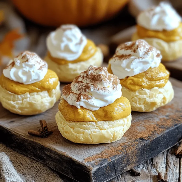 - 1 cup water - 1/2 cup unsalted butter - 1 cup all-purpose flour - 1 teaspoon sugar - 1/4 teaspoon salt - 4 large eggs - 1 cup heavy cream - 1/2 cup pumpkin puree - 1/4 cup powdered sugar - 1 teaspoon vanilla extract - 1 teaspoon pumpkin pie spice - Whipped cream (optional) - Ground cinnamon To make these pumpkin spice cream puffs, you need a mix of simple ingredients. First, for the choux pastry, you start with water and unsalted butter. These create the base. Add all-purpose flour, sugar, and salt to form a dough. Finally, eggs give the puffs their lightness. For the filling, whisk together heavy cream, pumpkin puree, powdered sugar, vanilla extract, and pumpkin pie spice. This blend creates a rich, creamy delight. You can also garnish with whipped cream and sprinkle ground cinnamon on top. This adds a nice touch and more flavor. Each ingredient plays a role, making these cream puffs a tasty treat worth making! 1. Begin by combining 1 cup of water and 1/2 cup of unsalted butter in a medium saucepan. 2. Heat this mixture over medium heat until the butter melts. Bring it to a boil. 3. Remove the saucepan from heat. Stir in 1 cup of all-purpose flour, 1 teaspoon of sugar, and 1/4 teaspoon of salt. 4. Mix until a smooth dough forms. Return the pan to low heat. Stir for 1-2 minutes until the dough pulls away from the sides. 5. Let the dough cool slightly. Add 4 large eggs one at a time. Mix well after each egg until the dough is smooth and glossy. 1. Preheat your oven to 400°F (200°C). Line a baking sheet with parchment paper. 2. Transfer the choux pastry dough to a piping bag fitted with a large round tip. 3. Pipe 1.5-inch rounds onto the prepared baking sheet. Leave space between each puff. 4. Bake in the preheated oven for 20-25 minutes. Do not open the oven door while baking. 5. Once baked, let the puffs cool completely on a wire rack. 1. In a mixing bowl, combine 1 cup of heavy cream, 1/2 cup of pumpkin puree, 1/4 cup of powdered sugar, 1 teaspoon of vanilla extract, and 1 teaspoon of pumpkin pie spice. 2. Using an electric mixer, whip the mixture until soft peaks form. Be careful not to overbeat. 1. Once the choux puffs are cool, use a small knife to create a small opening in the side of each puff. 2. Fill a piping bag with the pumpkin spice cream and pipe it into each puff until they are filled. 3. For garnish, dust the filled cream puffs with ground cinnamon. You can also top with whipped cream if you like. To achieve the best choux pastry, you need to avoid common mistakes. First, make sure to measure your ingredients accurately. Too much flour or water can change the dough. When boiling, watch the butter closely. If it burns, your puffs will taste bitter. When you mix the dough, stir until it pulls away from the pan. This step ensures your puffs rise well. After adding eggs, mix until the dough looks smooth and glossy. To ensure your puffs are golden brown, preheat your oven to 400°F (200°C). Don’t open the door while baking. This keeps the heat inside, helping the puffs rise. Bake them for 20 to 25 minutes for the best results. Adjusting sweetness and spice in the cream filling is key. Start with the basic recipe, then taste as you go. If you want more sweetness, add a bit more powdered sugar. For extra spice, feel free to add more pumpkin pie spice. You can also try flavor combinations. Mix in some maple syrup for a richer taste. Or add a hint of nutmeg for extra warmth. The filling is versatile, so feel free to experiment! Pair your pumpkin spice cream puffs with warm drinks. A spiced chai or a latte complements the flavors nicely. For presentation, arrange the puffs on a pretty plate. Dust them with ground cinnamon for a lovely finish. If you're serving at a party, add some whipped cream on top. These simple touches make your treats look festive and inviting. {{image_2}} If you want to make gluten-free pumpkin spice cream puffs, don't worry! You can easily swap out all-purpose flour with gluten-free flour. Look for blends that work well in baking. A mix of rice flour, potato starch, and tapioca flour often works best. These blends will keep the texture light and airy. You can get creative with the cream filling! Instead of pumpkin spice, try using chocolate or vanilla cream. You could even blend in some caramel for a sweet twist. Another option is to add a hint of mint or almond extract to change the flavor profile. The possibilities are endless! Make your cream puffs festive! For Halloween or Thanksgiving, drizzle some chocolate on top. You can also sprinkle colorful sprinkles for a fun touch. Use fall-themed plates to serve your treats. For a winter holiday vibe, add peppermint or even edible glitter to wow your guests. To store unfilled puffs, keep them in an airtight container. Place them in the fridge to maintain freshness. They stay crisp for about two days. Avoid stacking them to prevent flattening. Fill the puffs just before serving to keep them fresh. If you must store them filled, use an airtight container. Place a piece of parchment paper between layers. This helps keep them from getting soggy. Consume them within one day for the best taste. You can freeze unfilled puffs for later use. First, let them cool completely. Then, place them in a freezer-safe bag. Remove as much air as possible. To thaw, leave them in the fridge overnight. You can fill them after thawing. Enjoy them fresh! To help the choux pastry rise, focus on a few key elements. First, use the right amount of water and butter. When you heat them, the mixture should boil. This steam helps the pastry puff up. Next, when you add flour, stir until the dough pulls away from the pan. This step forms the base. Finally, add eggs one by one. Mix well until the dough is smooth and shiny. This structure allows air to mix in, making the pastry rise perfectly. Yes, you can use canned pumpkin for the filling. Canned pumpkin is easy and saves time. Just make sure it’s pure pumpkin, not pumpkin pie filling. If using fresh pumpkin, cook it until soft, then puree it. Both options work well, but fresh may taste a bit brighter. Adjust spices and sweetness to your taste. This way, you can create a filling that’s just right for you. Bake the cream puffs at 400°F (200°C). This temperature is key for a good rise. Preheat your oven well before baking. Place the puffs in the oven without opening the door during baking. This keeps steam inside. Bake for 20 to 25 minutes until they are golden brown. After they puff up, they will be light and airy. Filled cream puffs last about 4 hours at room temperature. They taste best fresh. If you store them in the fridge, they stay good for about 1 day. Unfilled puffs can last longer, about 2-3 days in an airtight container. For the best flavor and texture, fill them just before serving. This keeps them from getting soggy. In this post, we explored making delicious pumpkin spice cream puffs. We started with the key ingredients, like choux pastry and cream filling. Then, we moved through step-by-step instructions for baking and assembly. I shared tips for perfecting your pastry and flavor choices. Lastly, we covered storage and a few variations. These cream puffs are a fun treat for any occasion. Enjoy making and sharing them with friends and family!