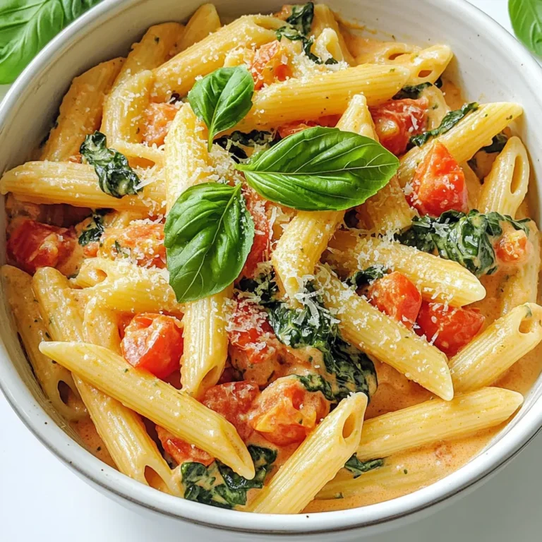 - 12 ounces pasta (penne or fusilli works well) - 1 tablespoon olive oil - 4 cloves garlic, minced - 1 can (14 ounces) diced tomatoes (with juices) - 3 cups vegetable broth - 1 cup heavy cream (or coconut cream for a dairy-free option) - 1 teaspoon dried Italian herbs - Salt and pepper to taste - 1 cup fresh spinach, roughly chopped - 1 cup cherry tomatoes, halved - 1 cup grated parmesan cheese (or nutritional yeast for a vegan option) - Fresh basil leaves for garnish To make a great One-Pot Creamy Tuscan Tomato Basil Pasta, you only need a few key ingredients. First, choose your pasta. Penne or fusilli works best since they hold the sauce well. Next, gather your main ingredients. You will need garlic, diced tomatoes, vegetable broth, and heavy cream. These create a rich and flavorful base. If you want a dairy-free dish, use coconut cream instead of heavy cream. For a vegan option, swap out parmesan cheese for nutritional yeast. This adds a cheesy flavor without dairy. Fresh spinach and cherry tomatoes add color and nutrition. The spinach wilts beautifully, while the cherry tomatoes bring sweetness. Finally, fresh basil leaves make the dish pop. They give it a lovely aroma and fresh taste. With these ingredients, you can create a delightful, creamy pasta that is simple and satisfying. First, take a large pot and heat one tablespoon of olive oil over medium heat. Once the oil is warm, add four minced garlic cloves. Sauté the garlic for one to two minutes. You want it fragrant but not brown. Next, open a can of diced tomatoes, 14 ounces, and pour it into the pot with its juices. Add three cups of vegetable broth and one teaspoon of dried Italian herbs. Stir everything well to mix the flavors. Now, it’s time to add the pasta. You can use 12 ounces of penne or fusilli. Bring the mixture to a boil. Once boiling, reduce the heat to medium-low and cover the pot. Cook for 10 to 12 minutes. Stir occasionally to keep the pasta from sticking. You want it to be al dente, which means it should be firm to the bite. After the pasta is cooked, stir in one cup of heavy cream. If you prefer a dairy-free option, coconut cream works too. Then, add one cup of roughly chopped spinach. Mix until the spinach wilts down. The sauce will become creamy and rich. Now, toss in one cup of halved cherry tomatoes and one cup of grated parmesan cheese. Stir until the cheese melts and blends into the sauce. Season with salt and pepper to taste. Let the dish sit for a couple of minutes to thicken before serving. To make your One-Pot Creamy Tuscan Tomato Basil Pasta shine, start with salt and pepper. These basic seasonings boost the dish’s taste. Add salt early in the cooking for it to blend well. Taste as you go, adjusting until it’s just right. Fresh basil enhances the flavor even more. Tear the leaves by hand instead of chopping them. This keeps their flavor bold and fresh. Add some basil at the end for a vibrant touch. Choose a good pot with a thick bottom. This helps heat spread evenly. I recommend a Dutch oven or a heavy saucepan. These types prevent hot spots and burning. Use a wooden spoon or silicone spatula for stirring. These utensils are gentle on your pot and help mix well. Serve your creamy pasta in deep bowls. Top each dish with fresh basil leaves and a sprinkle of parmesan. You can drizzle a little olive oil for extra richness. For side dishes, garlic bread pairs nicely. A simple green salad adds freshness too. Consider a light white wine to enhance your meal. {{image_2}} You can easily adjust this recipe for different diets. For a dairy-free or vegan version, swap heavy cream with coconut cream. This keeps the dish rich and creamy. Use nutritional yeast instead of parmesan cheese for a cheesy flavor without dairy. If you need gluten-free options, choose gluten-free pasta. Penne or fusilli brands are widely available. They cook similarly and taste great in this dish. Always check labels to ensure they fit your dietary needs. Feel free to get creative with your ingredients. You can add other veggies like bell peppers, zucchini, or mushrooms. They all blend well with the sauce and boost nutrition. For proteins, consider adding grilled chicken, shrimp, or chickpeas. These swaps make the dish heartier. When it comes to cheese, you can try different types. Goat cheese or cream cheese can add a unique twist. If you want a lighter touch, use a reduced-fat cream or cheese option. To kick up the heat, add red pepper flakes while cooking. This gives a nice kick without overwhelming the dish. You can also try mixing in fresh herbs like thyme or oregano. Fresh herbs add a burst of flavor that dried herbs can't match. Experimenting with lemon zest can brighten the dish, too. Just a little zest before serving will add a fresh note. Don't be afraid to play around with flavors until you find your perfect blend! To keep your One-Pot Creamy Tuscan Tomato Basil Pasta fresh, follow these tips. First, let the pasta cool down before storing it. This helps prevent excess moisture. Use an airtight container for the best results. Glass or plastic containers work well. You can also use resealable bags. Make sure to squeeze out as much air as possible. Store the pasta in the fridge for up to three days. When you're ready to enjoy your leftovers, you have two good options: the stove or the microwave. For the stove, heat a pan over low heat and add a splash of vegetable broth or cream. Stir gently until the pasta is warm. This helps keep the sauce creamy. If you choose the microwave, place the pasta in a safe dish. Add a little cream or broth, then cover it with a lid or microwave-safe wrap. Heat in short bursts, stirring in between. This prevents the pasta from drying out. Enjoy your creamy dish just like the first time! It takes about 25 minutes to make this dish. You need 10 minutes to prep. Cooking takes about 15 minutes. This quick recipe works well for busy weeknights. Yes, you can freeze this pasta. Let it cool completely first. Store it in an airtight container. It will last up to three months. When you're ready to eat, thaw it in the fridge overnight. Reheat on the stove over low heat. Add a splash of broth to keep it creamy. This pasta pairs well with simple side salads. A fresh green salad with lemon dressing works great. You can also serve garlic bread for a nice touch. For drinks, try a light white wine or sparkling water with lemon. These options will enhance your meal. This blog post covered how to create a delicious One-Pot Creamy Tuscan Tomato Basil Pasta. We went through the ingredients, step-by-step cooking instructions, helpful tips, and variations. You learned how to prep the base, cook the pasta, and make the creamy sauce with ease. I hope you feel excited to try this dish. You can make it your own with different ingredients. Eating well can be simple and fun. Enjoy your cooking adventure!