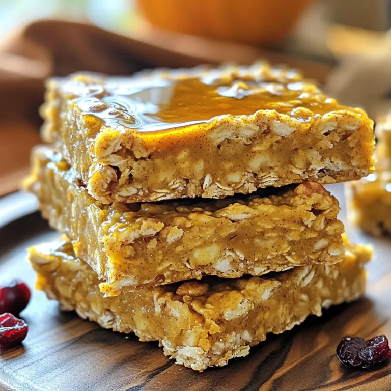 To make these tasty bars, gather these key items: - 2 cups rolled oats - 1 cup canned pumpkin puree - 1/2 cup maple syrup - 1/4 cup almond butter (or peanut butter) - 1/2 teaspoon vanilla extract - 1 teaspoon ground cinnamon - 1/2 teaspoon ground nutmeg - 1/2 teaspoon baking powder - 1/4 teaspoon salt These ingredients work together to create a moist and flavorful bar. The oats give a nice chewy texture. The pumpkin adds moisture and a hint of sweetness. You can customize your bars with these fun extras: - 1/2 cup chopped walnuts - 1/2 cup dried cranberries or chocolate chips Adding walnuts gives a nice crunch. Dried cranberries add a sweet-tart flavor. Chocolate chips bring a rich sweetness that kids love. Feel free to mix and match! If you have dietary needs, don’t worry! Here are some easy swaps: - Use sunflower seed butter instead of almond or peanut butter for nut-free bars. - Substitute agave syrup for maple syrup if you need a vegan option. - For gluten-free bars, find certified gluten-free rolled oats. These substitutions help everyone enjoy this delicious treat. With a few simple changes, you can make these bars fit your diet. 1. Start by preheating your oven to 350°F (175°C). Grab an 8x8 inch baking pan. Line it with parchment paper. Leave some paper hanging over the edges. This helps when you take the bars out later. 2. In a large bowl, mix 2 cups of rolled oats with 1 cup of canned pumpkin puree. Add 1/2 cup of maple syrup and 1/4 cup of almond butter. Don’t forget 1/2 teaspoon of vanilla extract. Stir until the mix is smooth. 3. Now, add 1 teaspoon of ground cinnamon, 1/2 teaspoon of nutmeg, 1/2 teaspoon of baking powder, and 1/4 teaspoon of salt. Stir again to blend all the dry items. 4. If you like, fold in 1/2 cup of chopped walnuts and 1/2 cup of dried cranberries or chocolate chips. Mix them well. 5. Pour the mixture into the prepared baking pan. Use a spatula to spread it evenly in the pan. 6. Bake for 25-30 minutes. Check if the edges turn golden. Insert a toothpick into the center. If it comes out clean, it’s ready! 7. After baking, let the bars cool in the pan for about 10 minutes. Use the parchment paper to lift them out. 8. Move the bars to a wire rack to cool completely. Once cool, slice them into bars. To get the best texture, make sure your oats are rolled, not instant. Rolled oats give the bars a chewy bite. If you want more moisture, add a bit more pumpkin puree. But be careful not to add too much, or the bars will be too soft. Mixing the batter well helps blend all the flavors. Let the bars cool completely on a wire rack. This keeps them from getting soggy. To serve, stack them on a wooden board or a nice plate. Drizzle extra maple syrup on top. A sprinkle of cinnamon adds a lovely touch. Enjoy these bars with a warm drink for a cozy breakfast! To store leftover pumpkin oatmeal bars, place them in an airtight container. Keep them at room temperature for up to three days. If you want them to last longer, store them in the fridge. This will keep them fresh for about a week. You can freeze these bars for later. First, let them cool completely. Then, wrap each bar in plastic wrap. Place the wrapped bars in a freezer bag or a container. They can last up to three months in the freezer. When you're ready to eat, just thaw them in the fridge overnight. To reheat your bars, use the microwave for a quick option. Heat them for about 15 to 20 seconds. If you prefer the oven, preheat it to 300°F (150°C). Place the bars on a baking sheet and warm them for 10 minutes. This helps to bring back that fresh-baked taste. {{image_2}} To make nut-free pumpkin oatmeal breakfast bars, swap almond butter for sunflower seed butter. This change keeps the bars creamy and adds a nutty flavor without nuts. You can also skip the walnuts entirely. These bars will still taste great and be safe for schools or nut-free zones. For vegan pumpkin bars, use maple syrup as your sweetener. Instead of almond butter, try coconut oil or another plant-based fat. Ensure your chocolate chips are dairy-free if you choose to add them. This way, everyone can enjoy these tasty bars without animal products. To boost flavors, consider adding ginger or cloves. A pinch of allspice can add warmth, too. You might also mix in some vanilla extract to enrich the taste. These small changes can make your bars stand out and give them a unique twist! To keep your pumpkin oatmeal breakfast bars fresh, use airtight containers. Glass or plastic containers work well. You can also wrap the bars in plastic wrap or aluminum foil. At room temperature, these bars stay fresh for about three days. If you store them in the fridge, they last up to a week. The cold helps maintain their texture and flavor. Look for signs like a change in color or a strange smell. If you see mold, throw the bars away. Tasting a small piece can also help check for spoilage. If they taste off, it’s best to discard them. Yes, you can use fresh pumpkin. Simply roast and puree it. Fresh pumpkin has a nice flavor. Make sure it is smooth like canned pumpkin. To make these bars gluten-free, use certified gluten-free oats. Check the packaging for this label. All other ingredients are gluten-free. You can use honey or agave syrup. Both options will keep the bars sweet. If you prefer a lower sugar option, try mashed bananas. Yes, you can add protein powder. Start with one scoop and mix it in with the dry ingredients. This will boost the protein content of your bars. To adjust sweetness, you can add more or less maple syrup. Taste the batter before baking. If you want it sweeter, add a bit more syrup or a sweetener. Pumpkin oatmeal breakfast bars are simple to make and great for any meal. We covered the key ingredients, options for all diets, and step-by-step methods for baking. Use my tips to store, freeze, and reheat your bars. You can try different flavors and keep them fresh for weeks. These bars are not just tasty; they fit various needs and preferences. Enjoy making these healthy treats, and remember, they are easy to customize! Your perfect breakfast is just a bake away.