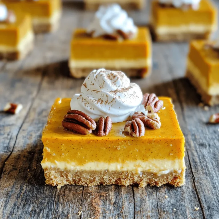 To make Pumpkin Pecan Cheesecake Pie Bars, gather these ingredients: - 1 ½ cups graham cracker crumbs - ½ cup unsalted butter, melted - ¼ cup brown sugar - 1 cup cream cheese, softened - 1 cup pumpkin puree - ½ cup granulated sugar - 2 large eggs - 1 teaspoon vanilla extract - 1 teaspoon ground cinnamon - ½ teaspoon ground nutmeg - ¼ teaspoon ground ginger - ¼ teaspoon salt - 1 cup chopped pecans - ½ cup whipped cream for topping (optional) You can swap or add a few ingredients for a twist: - Use almond flour instead of graham cracker crumbs for a gluten-free crust. - Add chocolate chips to the filling for a sweet touch. - Try different nuts like walnuts or almonds if you prefer. Each bar offers a tasty treat while providing some nutrients. Here’s a rough breakdown per serving: - Calories: 250 - Protein: 4g - Carbohydrates: 28g - Fat: 15g - Sugar: 10g - Fiber: 1g These numbers can vary based on specific brands and amounts used. Always check labels for exact info. Enjoy your delicious bars without guilt! To start, you need to preheat your oven to 350°F (175°C). Grab a 9x9-inch baking pan and grease it with cooking spray. You can also use parchment paper for easy removal later. Next, in a medium bowl, mix 1 ½ cups of graham cracker crumbs, ½ cup of melted unsalted butter, and ¼ cup of brown sugar. Stir until it looks crumbly. Press this mixture evenly into the bottom of your greased baking pan. This forms a tasty crust for your bars. Bake the crust for 10 minutes. Once it’s done, take it out and let it cool slightly while you prepare the filling. In a large mixing bowl, beat together 1 cup of softened cream cheese and ½ cup of granulated sugar. Mix until it’s smooth and creamy. Add in 1 cup of pumpkin puree, 2 large eggs, and 1 teaspoon of vanilla extract. Next, sprinkle in 1 teaspoon of ground cinnamon, ½ teaspoon of ground nutmeg, ¼ teaspoon of ground ginger, and ¼ teaspoon of salt. Mix everything until it’s fully blended. Now, gently fold in 1 cup of chopped pecans. This adds a nice crunch to your filling and makes it even more delicious. Pour the cheesecake filling over the cooled crust in the baking pan. Use a spatula to spread it out evenly. Bake your cheesecake bars for 30-35 minutes. You want the center to be just set. When you insert a toothpick, it should come out clean, but a few moist crumbs are okay. After baking, let the bars cool at room temperature. Once cooled, refrigerate for at least 2 hours. This helps them set perfectly before you cut them into bars. Enjoy your chilled bars! You can top each one with whipped cream and a sprinkle of cinnamon if you like. To get a smooth texture, always use softened cream cheese. This helps mix it well. Be sure to mix the filling until it is creamy. Avoid lumps for the best results. When you fold in the pecans, do it gently. This keeps the filling light and fluffy. Always let the bars cool completely before chilling. This helps them set nicely. One big mistake is not preheating the oven. Always preheat to 350°F (175°C) before baking. Another mistake is overmixing the filling. This can make the bars too dense. Don't skip the chilling step. If you cut them too soon, they may fall apart. Lastly, make sure to measure everything carefully. Accurate measurements lead to better results. Serve these bars chilled for the best taste. You can add a dollop of whipped cream on top. A sprinkle of cinnamon adds a nice touch too. For a fun twist, try drizzling caramel sauce on top. These bars pair well with coffee or tea. They make a great dessert for gatherings or holidays. Enjoying them with friends makes them even better! {{image_2}} You can easily change flavors in your pumpkin pecan cheesecake pie bars. Try using almond or ginger snap cookies instead of graham crackers for the crust. This swap adds a unique twist. If you want to boost the pumpkin flavor, add more pumpkin puree. You can also mix in spices like clove or allspice. These changes give your bars a special flair. For a gluten-free version, use gluten-free graham cracker crumbs. These crumbs work well and taste just as good. Make sure your other ingredients, like baking powder, are gluten-free too. Check labels carefully to avoid hidden gluten. This way, everyone can enjoy your delicious bars. To make these bars vegan, substitute cream cheese with a plant-based version. Use silken tofu blended until smooth as a great alternative. Replace eggs with flaxseed meal. Mix one tablespoon of flaxseed meal with three tablespoons of water. Let it sit for five minutes until it thickens. This mixture acts like an egg. Use maple syrup instead of granulated sugar for a natural sweetener. These swaps keep your bars tasty and kind to animals. Store your pumpkin pecan cheesecake bars in an airtight container. This keeps them fresh. You can place parchment paper between layers to avoid sticking. Make sure they cool completely before storing them. This helps maintain their texture and flavor. You can freeze these bars for later enjoyment. First, cut them into individual bars. Wrap each bar in plastic wrap tightly. Then, place them in a freezer-safe bag or container. Be sure to label with the date. They can last up to three months in the freezer. In the fridge, these bars last about five days. If you leave them at room temperature, enjoy them within two hours to stay safe. To reheat, place a bar in the microwave for about 10-15 seconds. This warms it up nicely without losing texture. Enjoy your treat! Yes, you can make these bars a day in advance. This gives the flavors more time to blend. Just store them in the fridge after they cool. Keep them covered with plastic wrap or foil. This way, they stay fresh and tasty. If you don't have pecans, try walnuts or almonds. Both nuts add a nice crunch. You can also use sunflower seeds for a nut-free option. They give a different taste but still add texture. Check the bars after about 30 minutes of baking. The center should be set but still slightly jiggly. Insert a toothpick into the center. If it comes out clean or with a few moist crumbs, they are done. Let them cool before you cut them into bars. This blog post covered how to make pumpkin pecan cheesecake bars. We discussed the ingredients and measurements you need, plus optional variations. I shared step-by-step instructions for the crust and filling, and tips for perfect texture. For those who want to try new flavors or adapt for dietary needs, I included variations. I also explained how to store and freeze your bars to keep them fresh. Remember, practice makes perfect. With these tips, you can enjoy delicious bars that impress everyone. Happy baking!