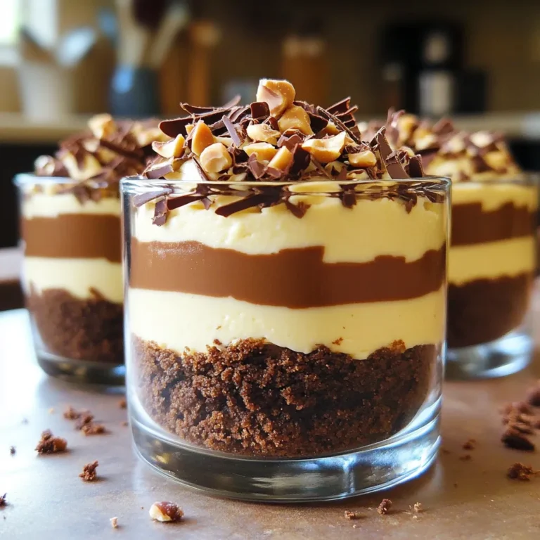 To create the No-Bake Chocolate Hazelnut Cheesecake Cups, you will need the following items: - 1 cup chocolate cookie crumbs - 4 tablespoons unsalted butter, melted - 8 oz cream cheese, softened - 1/2 cup powdered sugar - 1/2 cup hazelnut spread (like Nutella) - 1 teaspoon vanilla extract - 1 cup heavy cream - 1/2 cup crushed hazelnuts (for garnish) - Extra chocolate shavings (optional, for garnish) These ingredients blend to form a rich, creamy treat. The chocolate cookie crumbs provide a crunchy base. The melted butter helps bind them together. Cream cheese is the star of the filling, giving it a smooth texture. Powdered sugar adds sweetness without grittiness. Hazelnut spread brings a nutty flavor that pairs perfectly with chocolate. Vanilla extract enhances all the tastes. Heavy cream makes the filling light and airy. Finally, crushed hazelnuts and chocolate shavings add a delightful touch on top. Keep these ingredients handy, and get ready to enjoy a delicious dessert! - First, combine 1 cup of chocolate cookie crumbs with 4 tablespoons of melted butter in a bowl. - Mix well until the crumbs are fully coated and look like wet sand. - Next, divide this mixture evenly among your serving cups. - Press the crust firmly into the bottom of each cup. - Once done, place the cups in the fridge to set while you prepare the filling. - In another bowl, beat 8 ounces of softened cream cheese with an electric mixer until it is creamy. - Now, add 1/2 cup of powdered sugar, 1/2 cup of hazelnut spread, and 1 teaspoon of vanilla extract. - Mix until everything is fluffy and well combined. - In a separate bowl, whip 1 cup of heavy cream until soft peaks form. - Gently fold the whipped cream into the hazelnut cream cheese mixture. Be careful not to deflate the whipped cream. - Spoon the cheesecake filling over the chilled cookie crusts in each cup. - Use a spatula to smooth the tops. - Finally, chill the cups in the fridge for at least 2-3 hours. This allows the cheesecakes to set nicely. - Before serving, garnish with crushed hazelnuts and chocolate shavings if you want to impress! Using softened cream cheese is key. It mixes well and gives a smooth finish. If your cream cheese is cold, it clumps up. To soften it, let it sit outside for 30 minutes. You can also microwave it for 10 seconds. When you fold in whipped cream, do it gently. Use a spatula and scoop from the bottom. This keeps the air in the cream. If you mix too hard, the texture becomes flat. Aim for a light and fluffy filling. For a great look, add garnishes. Crushed hazelnuts give a nice crunch. Extra chocolate shavings add a rich touch. You can also drizzle some hazelnut spread on top for flair. Pair these cheesecake cups with coffee or tea. The flavors work well together. You can serve them at parties or for a sweet treat at home. Enjoy the creamy goodness! {{image_2}} You can change the flavor of your cheesecake cups easily. Try using different types of cookie crumbs. For example, ginger snaps or vanilla wafers add a unique twist. Each crumb type gives a new taste and texture. You can also swap out the hazelnut spread. Almond spread works well for a nutty flavor. Use peanut butter for a classic twist. Each choice creates a new dessert experience while keeping the same creamy texture. If you want vegan options, there are great alternatives. Use vegan cream cheese and coconut whip instead of regular products. Both options keep the dessert rich and tasty. For gluten-free needs, pick gluten-free cookies for the crust. There are many brands available that taste just as good. This way, everyone can enjoy these cheesecake cups without worry! Store your cheesecake cups in the fridge. Use an airtight container to keep them fresh. Place a piece of plastic wrap over the cups if you don’t have a container. This helps avoid any food odors. You can also freeze these cups. Just make sure to wrap them well. Use plastic wrap, then foil to protect them from freezer burn. These cheesecake cups stay fresh for about 3 days in the fridge. If you freeze them, they last up to a month. However, the texture might change after thawing. Look for signs of spoilage. If the cups smell off or have a watery layer on top, it’s time to toss them. Always trust your senses before enjoying. Yes, you can make these cheesecake cups in advance. They store well in the fridge. I suggest keeping them covered with plastic wrap or in an airtight container. You can prepare them up to two days ahead of time. Just make sure to add the garnishes before serving for the best look. To check if the cheesecake is set, gently touch the top. It should feel firm but not hard. If it jiggles too much, it needs more time. Chill the cups for at least 2-3 hours. For best results, let them sit overnight in the fridge. This gives the flavors time to blend and the texture to firm up. Yes, you can use other spreads if you like. Almond butter or sunflower seed butter works well. Each spread changes the flavor a bit. Almond butter gives a nutty twist, while sunflower seed butter adds a unique taste. Just remember, these substitutes will change the final flavor of your cheesecake cups. This blog post gave you a clear guide for making delicious cheesecake cups. You learned about the key ingredients, step-by-step instructions, and how to ensure the right texture. We explored serving ideas and variations for different tastes, too. In the end, these cheesecake cups are simple to make and perfect for any occasion. Enjoy trying out your own twists on this tasty treat. Happy baking!