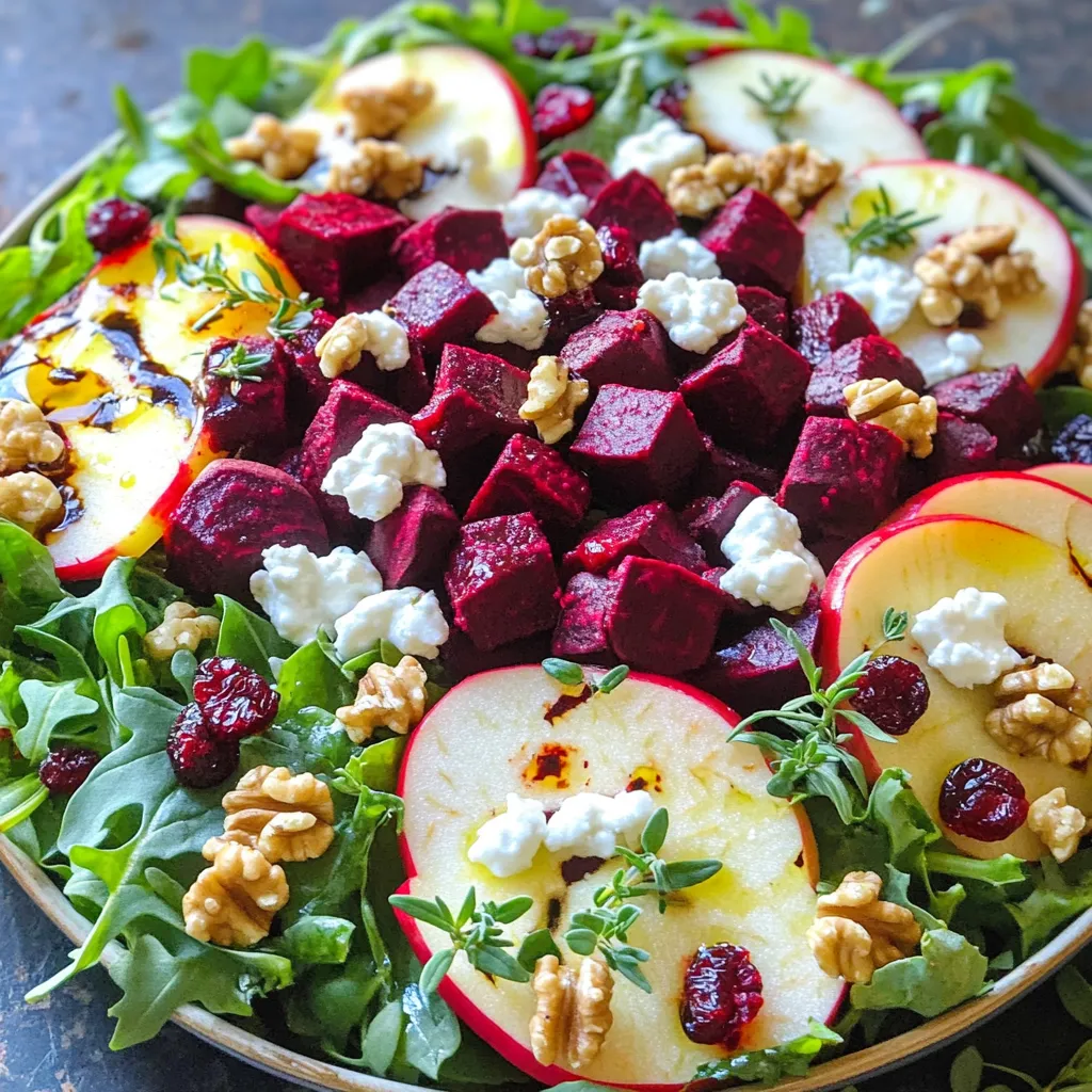 - 3 medium-sized beets, roasted and diced - 4 cups mixed baby greens (arugula, spinach, and kale) - 1/2 cup goat cheese, crumbled - 1/4 cup walnuts, toasted and roughly chopped - 1/2 cup apple, thinly sliced (preferably a sweet variety like Fuji) - 1/4 cup dried cranberries or pomegranate seeds - 3 tablespoons balsamic vinaigrette - 1 tablespoon olive oil - Salt and pepper to taste This salad brings a burst of flavor. The beets, roasted until soft, add a sweet earthiness. The mixed greens provide a fresh crunch. Goat cheese adds a creamy tang that ties it all together. Next, the walnuts bring a nutty bite. Sliced apples add natural sweetness, perfect for contrast. Dried cranberries or pomegranate seeds offer a pop of color and tartness. For the dressing, I use balsamic vinaigrette for its rich flavor. A touch of olive oil smooths everything out. Salt and pepper enhance all the tastes. This mix of ingredients makes a salad that feels special. Each bite combines warmth, freshness, and creaminess. You can enjoy it as a light meal or a side dish. - First, preheat your oven to 400°F (200°C). This high heat helps the beets cook well. - Next, wrap each beet in aluminum foil. This keeps them moist while roasting. - Roast the beets for about 45-60 minutes. They are done when a fork pierces them easily. - After roasting, let the beets cool down. Then, peel off the skin and dice them into small cubes. - In a large salad bowl, add 4 cups of mixed baby greens. I love using arugula, spinach, and kale for flavor and texture. - Now, drizzle 1 tablespoon of olive oil over the greens. This adds a nice taste. - Season with salt and pepper to your liking. Toss the greens gently to coat them evenly. - Once the beets are cool, add them to the bowl. - Then, toss in 1/2 cup of thinly sliced apples, 1/2 cup of crumbled goat cheese, and 1/4 cup of toasted walnuts. - Don’t forget to add 1/4 cup of dried cranberries or pomegranate seeds for a touch of sweetness. - Next, drizzle 3 tablespoons of balsamic vinaigrette over the salad. Toss everything carefully to mix without squishing the goat cheese. - If you want, sprinkle fresh herbs like thyme or chives on top before serving. This adds a beautiful finish. Enjoy your flavorful salad! To get perfectly roasted beets, look for some key signs. The beets should be tender when you poke them with a fork. You can also see the skin start to loosen. This usually takes about 45 to 60 minutes at 400°F (200°C). For time-saving tips, consider buying pre-washed and trimmed beets. You can also roast a larger batch. Store extras in the fridge for quick salad additions later. Balancing flavors is key. Use acids like balsamic vinaigrette to brighten the dish. Sweetness from apples or cranberries helps too. This mix brings a great taste. Choosing the right goat cheese adds depth. Soft and creamy cheese blends well with beets. Look for fresh, tangy options that melt in your mouth. For a beautiful salad, layer the ingredients. Start with greens, then add beets and toppings. This creates a colorful look. Garnishing with fresh herbs makes a big difference. Try thyme or chives for a pop of color and flavor. A sprinkle on top adds an aromatic touch that makes your dish stand out. {{image_2}} You can add protein to your Beet & Goat Cheese Harvest Salad in tasty ways. Grilled chicken works great. It gives a nice flavor and makes the salad heartier. Shrimp is another option. It adds a sweet touch and pairs well with beets. For vegetarian choices, try chickpeas. They add protein and a creamy texture. You can also use edamame or tofu. Both are great at soaking up the salad's flavors. Seasonal fruits can make this salad even better. In fall, add sliced pears for sweetness. In winter, try using oranges for a citrus kick. You can switch the greens, too. Use spinach in spring and kale in winter. This keeps the salad fresh and exciting. A good dressing can change everything. You can make a simple homemade vinaigrette using olive oil, vinegar, and mustard. This adds a zesty flavor that complements the beets. If you prefer creamy dressings, try a yogurt-based one. Mix plain yogurt with herbs and a little lemon juice. This gives a rich taste without being too heavy. Experiment with different dressings to find what you love best! To keep your salad fresh, store beets and greens in separate containers. This helps maintain the greens' crispness. Use airtight containers to keep air out. Glass or BPA-free plastic works well. For the best taste, eat leftovers within three days. Check for wilting or slimy greens; these are signs of spoilage. Beets can last longer, about five to seven days when stored correctly. This salad shines when served cold. However, if you prefer it warm, gently warm the beets in the microwave for a short time. Avoid overheating, as it can change the texture and flavor. I recommend using red or golden beets for this salad. Red beets have a strong, earthy taste. They also give the salad a vibrant color. Golden beets are sweeter and milder. Both types work well, but they bring different flavors. You can mix them for a colorful salad. The choice depends on your taste and mood. Yes, you can use pre-cooked beets. They save time and make the salad quick to prepare. However, they may lack the fresh taste of roasted beets. Roasting brings out the natural sweetness and adds depth. If you choose pre-cooked, look for ones without added sugar or preservatives. Check the label carefully for the best quality. Yes, this salad is gluten-free. All the ingredients, like beets, greens, and goat cheese, contain no gluten. However, be careful with the balsamic vinaigrette. Some brands may add gluten-containing ingredients. Always read the label to ensure safety. If you make your own dressing, you control every ingredient. You can prepare parts of this salad ahead of time. Roast the beets and store them in the fridge. Wash and dry the greens but keep them separate. Combine everything just before serving to keep it fresh. This way, you maintain the best flavors and textures. Enjoy your delicious salad without stress! This blog post walked you through creating a delicious roasted beet salad. We covered main and additional ingredients, from roasted beets to goat cheese. I shared step-by-step instructions for roasting, assembling, and presenting your salad. You learned tips and tricks for perfecting flavors and storage advice. Remember, adding proteins or seasonal fruits can keep it fresh. With these ideas, you can enjoy a healthy, tasty meal any time. Get creative and make this salad your own!