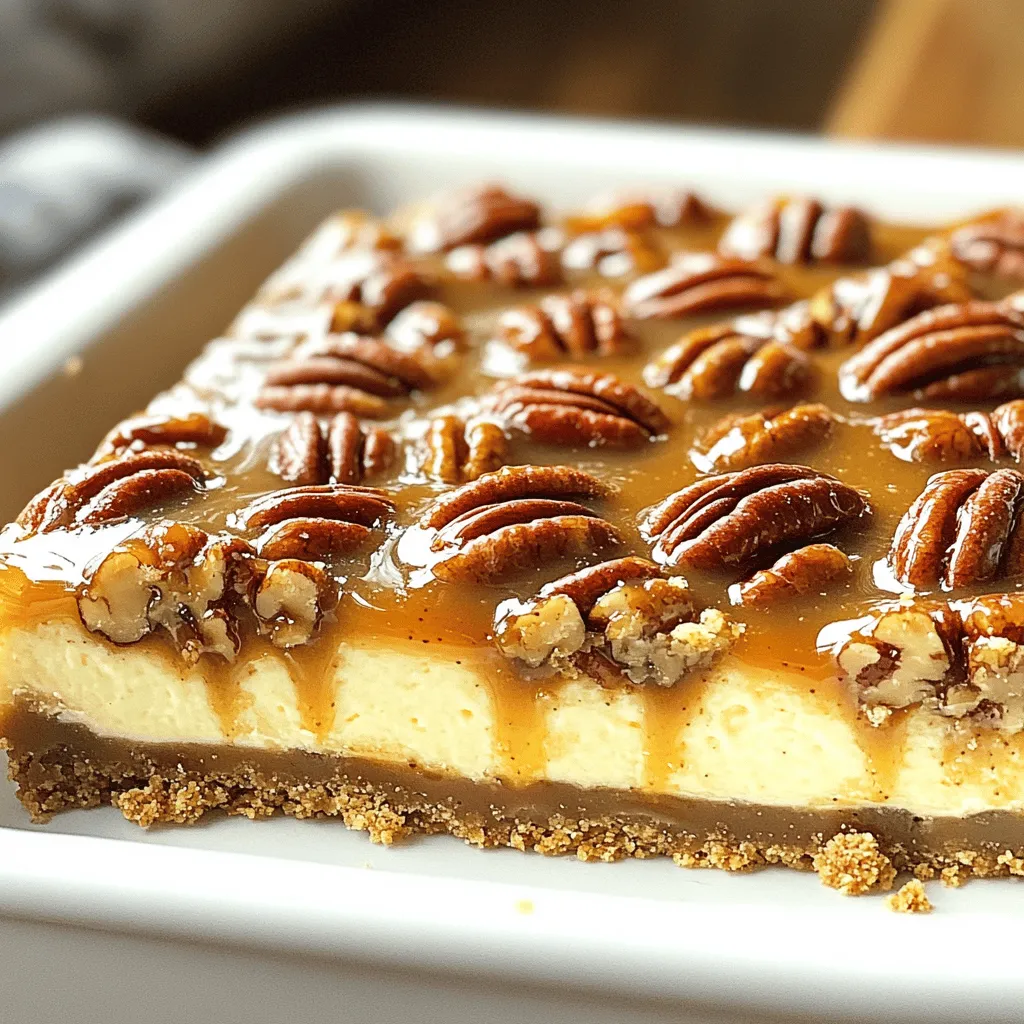 - 1 ½ cups graham cracker crumbs - ½ cup unsalted butter, melted - ¼ cup granulated sugar - 16 oz cream cheese, softened - ½ cup granulated sugar - 2 large eggs - 1 teaspoon vanilla extract - ½ cup sour cream - 1 cup pecans, chopped - ½ cup brown sugar - ¼ cup unsalted butter - ½ cup corn syrup - 1 teaspoon vanilla extract - ½ cup caramel sauce I love how each ingredient plays a role in this treat. For the crust, graham cracker crumbs give a sweet crunch. Melted butter binds it all together. A bit of sugar adds sweetness to balance the flavors. The cheesecake layer is the heart of the bars. Cream cheese gives it that creamy texture. The sugar sweetens it, while eggs add structure. Vanilla extract brings warmth, and sour cream adds a slight tang. The pecan topping is where the magic happens. Chopped pecans add crunch and flavor. Brown sugar and corn syrup create a rich, sweet sauce. Butter helps it all meld together, while more vanilla adds depth. Finally, caramel sauce drizzled on top makes it even better. Gather these ingredients, and you’re ready to create a dessert that everyone will love. - Preheat the oven to 350°F (175°C). - Line a 9x13-inch baking pan with parchment paper. - In a bowl, combine 1 ½ cups graham cracker crumbs, ½ cup melted butter, and ¼ cup sugar. - Mix until the crumbs are coated. Press this mixture into the bottom of the pan. Bake for 10 minutes, then let it cool slightly. - In a large bowl, beat 16 oz softened cream cheese and ½ cup sugar until smooth. - Add 2 large eggs one at a time, then mix in 1 teaspoon vanilla and ½ cup sour cream. Beat until creamy. - Pour the cheesecake mixture over the cooled crust, spreading it evenly. - Bake for 25-30 minutes. The cheesecake should be slightly wobbly in the center. Cool it on a wire rack while you make the pecan topping. - In a saucepan over medium heat, melt ¼ cup butter. Stir in ½ cup brown sugar and ½ cup corn syrup. - Cook for 3-4 minutes until bubbly and smooth. Remove from heat and stir in 1 teaspoon vanilla and 1 cup chopped pecans. - Pour the pecan mixture over the cheesecake layer. Drizzle ½ cup caramel sauce on top. - Bake for another 15-20 minutes until the topping is bubbly and set. To get the best cheesecake texture, start with room temperature cream cheese. Cold cream cheese makes it hard to mix well. Next, when you add eggs, mix gently. Overmixing can make the cheesecake too airy, which is not what we want. For a crisp crust, press the graham cracker mixture firmly into the pan. This helps it hold together well. Bake it until it turns light golden. This adds extra crunch and flavor to your base. I love serving these bars chilled, drizzled with more caramel and extra pecans on top. It looks fancy and tastes amazing! Pairing them with whipped cream adds an indulgent touch that everyone enjoys. {{image_2}} You can add a twist by making chocolate caramel pecan bars. To do this, you need to mix cocoa powder into the crust. This gives a rich, chocolatey flavor. Then, instead of caramel sauce, drizzle some chocolate sauce on top. This will make your bars even more decadent and fun. If you need a nut-free option, it’s simple. Replace the pecans with crushed graham crackers. This keeps the crust crunchy. You can also use sunflower seeds for some crunch. They add a nice texture and flavor without using nuts. You can change the flavors based on the season. For a fall twist, add pumpkin spice to the cheesecake layer. This gives a warm, cozy taste perfect for autumn. In the fall, you can also swap out the caramel for apple pie filling. This creates a lovely apple pecan cheesecake bar that you will enjoy. Store your caramel pecan pie cheesecake bars in an airtight container. This keeps them fresh and tasty. I recommend chilling them in the fridge. Cold bars have the best texture and flavor. If you want to save some for later, freeze the sliced bars. Wrap each piece individually to avoid freezer burn. When you are ready to enjoy, thaw them in the refrigerator. This helps keep the texture nice. These bars are best when eaten within a week if stored in the fridge. For longer storage, consider freezing them. They will taste great even after a few weeks in the freezer. To cut cheesecake bars, use a sharp knife dipped in warm water. This helps you make clean cuts. After each cut, wipe the knife with a cloth. This method keeps the edges neat, so your bars look great. Yes, you can prepare these bars 1 to 2 days in advance. Just store them in the fridge. This can save you time on busy days or special occasions. They stay tasty and fresh, making them perfect for gatherings. When baking, the cheesecake should be slightly wobbly in the center when you take it out. This means it’s set but still creamy. If it looks too firm, it may be overbaked. Trust your instincts; a little wobble is a good sign! You can use Greek yogurt as a substitute for sour cream. It gives a similar tangy taste and creamy texture. This swap works well if you want a healthier option without losing flavor. This post covered how to make delicious cheesecake bars. We explored the crust, cheesecake layer, and pecan topping. I also offered tips for perfecting texture and achieving a crisp crust. You read about fun variations and smart storage info. Enjoying these bars can bring joy to your gatherings. By following these steps, you can impress friends and family with this tasty treat. Baking is fun, and these cheesecake bars are a great way to show off your skills. Happy baking!