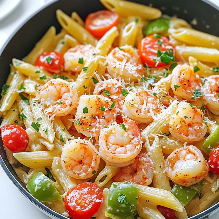 - 8 oz penne pasta - 1 lb shrimp, peeled and deveined - 1 tablespoon Cajun seasoning - 2 tablespoons olive oil - 1 small onion, diced - 1 bell pepper (red or green), diced - 2 cloves garlic, minced - 1 cup cherry tomatoes, halved - 1 cup heavy cream - 1/2 cup chicken broth - 1/2 cup grated Parmesan cheese - Salt and pepper to taste - Fresh parsley, chopped for garnish This dish shines with its mix of bold flavors and creamy textures. The main ingredients, like penne pasta and shrimp, form a strong base. The Cajun seasoning brings a kick that makes every bite exciting. To start, you need the right pasta. I love penne for its ridges that hold the sauce well. Next, fresh shrimp adds a sweet and tender touch. Make sure they are peeled and deveined for the best result. Don't skip the Cajun seasoning. It blends spices like paprika, cayenne, and garlic. This adds warmth and depth to our dish. Then, we have the additional ingredients. Olive oil is perfect for cooking. It adds richness and helps the veggies brown nicely. Onions and bell peppers bring sweetness and crunch. Now, we can’t forget the creamy sauce ingredients. Garlic gives that wonderful aroma. Cherry tomatoes add a juicy burst of flavor. Heavy cream makes everything rich and smooth. Chicken broth adds extra depth, while Parmesan cheese gives a salty finish. Salt and pepper are key for balance, and fresh parsley brightens the dish. With all these ingredients, you’ll create a meal that everyone will love. First, bring a large pot of salted water to a boil. You need enough water to cover the pasta well. Once boiling, add 8 oz of penne pasta. Cook the pasta until al dente, which usually takes about 8-10 minutes. Stir it occasionally to prevent sticking. After it’s done, drain the pasta in a colander and set it aside. Take 1 lb of peeled and deveined shrimp. In a bowl, sprinkle 1 tablespoon of Cajun seasoning over the shrimp. Toss them until they are evenly coated. This adds a great kick and flavor to your dish. In a large skillet, heat 2 tablespoons of olive oil over medium heat. Add 1 small diced onion and 1 diced bell pepper. Sauté these for about 3-4 minutes until they soften. Next, add 2 cloves of minced garlic and 1 cup of halved cherry tomatoes. Cook for an additional 2-3 minutes. The tomatoes should start to soften and release their juices. Now, it’s time to cook the shrimp. Push the vegetable mix to one side of the skillet. Place the seasoned shrimp on the other side. Cook the shrimp for about 2-3 minutes on each side. They should turn pink and opaque when done. Lower the heat to low. Add 1 cup of heavy cream and 1/2 cup of chicken broth to the skillet. Stir everything together until well combined. This will create a rich and creamy sauce for your pasta. Next, mix in 1/2 cup of grated Parmesan cheese. Stir until the cheese melts and the sauce becomes creamy. Now, add the cooked penne pasta to the skillet. Toss everything together to coat the pasta in the sauce. Finally, taste the dish and adjust seasoning with salt and pepper. Garnish with chopped fresh parsley before serving. To get that creamy sauce just right, use heavy cream. This gives a rich texture. Mix in chicken broth for a lighter feel. If the sauce is too thick, add more broth. If it’s too thin, let it simmer longer. Balancing flavors is key. Start with Cajun seasoning for a kick. Taste as you go. Adjust salt and pepper to enhance the dish. Fresh parsley adds brightness. It’s a simple touch that makes a big difference. Cook shrimp for about 2-3 minutes per side. They should turn pink and look opaque. If you see gray or translucent shrimp, they need more time. Prevent overcooking by keeping an eye on them. Overcooked shrimp get tough. If they curl tightly, they are done. Remove them from heat right away. You can swap Cajun seasoning for other blends. Try Creole seasoning for a different taste. If you want more heat, add cayenne pepper or crushed red pepper flakes. For an extra kick, squeeze fresh lemon juice over the dish. It brightens flavors and adds freshness. You can also toss in some fresh herbs like basil or cilantro for added depth. {{image_2}} You can swap shrimp for chicken or sausage. Chicken breast works well. Just cut it into bite-sized pieces. Cook it until it’s no longer pink. For sausage, slice it thin and brown it in the skillet. Both options give great flavor. If you want vegetarian, try using mushrooms or tofu. Both soak up the sauce nicely. If you don’t have penne, use any pasta you like. Fusilli or farfalle work great too. They hold the sauce well. For a gluten-free option, use rice pasta or chickpea pasta. These will give you a similar texture and taste. Add more veggies for extra color and crunch. Spinach, zucchini, or asparagus can work well. Just toss them in when you add the tomatoes. To spice things up, add a few dashes of hot sauce. It gives the dish a nice kick without overpowering the flavors. To keep your creamy Cajun shrimp pasta fresh, store it in an airtight container. Place it in the fridge right after it cools. This dish lasts about 3 to 4 days in the refrigerator. Always check for any signs of spoilage before eating. When reheating pasta, do it gently. Use a microwave-safe dish and cover it. Add a splash of chicken broth or cream to keep it moist. Heat in short bursts, stirring often. This will help keep the creaminess intact. You can freeze creamy pasta, but it may change texture. To freeze, let it cool completely. Place it in a freezer-safe bag or container. It can last up to 2 months in the freezer. To thaw, move it to the fridge overnight, then reheat as mentioned above. Cajun seasoning mixes spices that pack a punch. Common spices include: - Paprika - Cayenne pepper - Garlic powder - Onion powder - Black pepper - Oregano - Thyme These spices create a warm and bold flavor. They add depth and excitement to your dishes. Yes, frozen shrimp work well in this recipe. Just remember to thaw them first. You can run cold water over them to speed up the process. Pat them dry before seasoning. This helps the Cajun seasoning stick better. This dish pairs well with various sides. Consider serving: - Garlic bread - Steamed broccoli - A fresh green salad - A crisp white wine, like Sauvignon Blanc These sides enhance the meal and add balance. To add more heat, you can try these tips: - Use more Cajun seasoning. Start with a half tablespoon more. - Add crushed red pepper flakes. A pinch can boost the spice. - Include diced jalapeños. They add fresh heat without overwhelming the dish. Taste as you go to find your perfect spice level. Yes, this recipe can be made kid-friendly. Here’s how: - Use less Cajun seasoning at first. Kids may prefer milder flavors. - Skip the black pepper and hot spices. You can always add them later. - Serve the shrimp and pasta separately. This lets kids pick what they want. These adjustments make it easier for picky eaters to enjoy. This creamy Cajun shrimp pasta combines rich flavors and easy steps. We covered key ingredients, from penne and shrimp to a delicious sauce. I shared tips for perfecting the dish, variations, and ways to store and reheat leftovers. As you enjoy this recipe, remember, cooking should be fun and stress-free. Experiment with flavors and make it your own. A great meal can bring joy, so dig in and savor every bite!