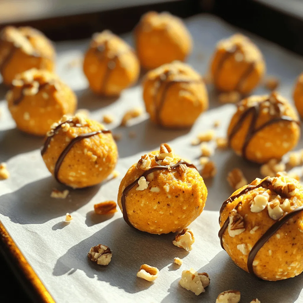 - 1 cup rolled oats - ½ cup almond flour - ½ cup pumpkin puree - 4 oz cream cheese, softened - ¼ cup maple syrup - 1 teaspoon vanilla extract - 1 teaspoon pumpkin pie spice - ¼ teaspoon salt - ½ cup dark chocolate chips (optional) - ½ cup crushed walnuts or pecans (for rolling) You can swap almond flour with oat flour if needed. It gives a similar taste. For those avoiding dairy, use a vegan cream cheese. You can also replace maple syrup with honey or agave syrup. If you want a nut-free option, use sunflower seed butter instead of cream cheese. Each energy ball has about 120 calories. It packs 3 grams of protein and 5 grams of healthy fats. You’ll also get 2 grams of fiber, making it a great snack. The pumpkin puree adds vitamins and minerals, while the oats provide long-lasting energy. Making pumpkin cheesecake energy balls is easy and fun. You only need one bowl and your hands. The whole process takes about 15 minutes. After mixing, let them chill for 30 minutes. This step makes them firm and tasty. 1. Mix the Dry Ingredients: First, take a large bowl. Add 1 cup of rolled oats and ½ cup of almond flour. This base gives the balls a nice texture. 2. Add the Wet Ingredients: Next, add ½ cup of pumpkin puree and 4 oz of softened cream cheese. Then, pour in ¼ cup of maple syrup. This mix gives the energy balls their sweet and creamy flavor. 3. Flavor Boosters: Now, add 1 teaspoon of vanilla extract, 1 teaspoon of pumpkin pie spice, and ¼ teaspoon of salt. Stir well until everything blends together nicely. 4. Optional Chocolate: If you love chocolate, fold in ½ cup of dark chocolate chips. This adds a rich taste to your energy balls. 5. Shape the Balls: Using your hands, scoop small portions of the mixture. Roll each portion into a ball about 1 inch wide. This size makes them easy to eat. 6. Coat with Nuts: Roll each ball in crushed walnuts or pecans. This step adds crunch and extra flavor. 7. Chill: Place the energy balls on a parchment-lined baking sheet. Refrigerate them for at least 30 minutes. This helps them firm up and makes them more enjoyable to eat. - Hands and Tools: Use your hands for mixing. This helps you feel the texture better. If it’s too sticky, add a bit more almond flour. - Even Sizes: To make even balls, use a small cookie scoop. This tool helps create uniform sizes and makes rolling easier. - Chill Early: Don’t skip the chilling step. It’s key to getting a great texture. To get the best texture, use finely ground almond flour. This keeps the energy balls smooth. Make sure your cream cheese is soft. This helps it blend well with other ingredients. If the mixture feels too dry, add a little more pumpkin puree or maple syrup. You want it to be moist but not too sticky. Refrigerate the balls for at least 30 minutes. This helps them firm up nicely. For a flavor boost, try adding a pinch of nutmeg or cinnamon. This gives a warm touch perfect for fall. You can also mix in some dried fruits like cranberries. They add sweetness and color. For a pretty finish, roll the balls in crushed nuts or even coconut flakes. This adds crunch and makes them look great. One mistake is not measuring ingredients correctly. This can change the taste and texture. Another common error is skipping the chilling step. If you do, the balls may not hold their shape. Also, don’t skip the salt. It enhances all the flavors. Lastly, avoid overmixing; it can make the mixture too dense. Keep it light and fluffy for the best results. {{image_2}} You can play with flavors for your pumpkin cheesecake energy balls. Try adding chocolate for a sweet twist. Just mix in half a cup of dark chocolate chips. For a different taste, add peanut butter. Replace some cream cheese with peanut butter. It gives a rich, nutty flavor. Do you need a vegan option? You can swap cream cheese with coconut cream. Use maple syrup for sweetness. For gluten-free energy balls, use gluten-free oats. Almond flour is naturally gluten-free, so you’re all set there! These energy balls pair well with fruits. Slice apples or pears and enjoy them together. You can also serve them with yogurt for a tasty snack. Try drizzling a bit of honey on top for extra sweetness. These ideas make your snack time even better! After making your pumpkin cheesecake energy balls, store them in an airtight container. This keeps them fresh and tasty. Place a layer of parchment paper between the layers if you stack them. This prevents sticking. Always keep them in the fridge to maintain their texture and flavor. If stored properly, these energy balls last up to one week in the fridge. You can enjoy them as a snack or a quick breakfast. Their taste and texture stay great for this time. Just remember to check for any signs of spoilage, like an off smell or change in texture. To keep your energy balls longer, consider freezing them. First, place them in a single layer on a baking sheet. Freeze them for about 1-2 hours until firm. Then transfer them to a freezer-safe bag or container. They will last up to three months in the freezer. When you want to eat them, just thaw in the fridge overnight. Enjoy as a quick, healthy snack anytime! Yes, you can make these energy balls vegan. To do this, replace the cream cheese with a vegan alternative. Look for brands that use cashews or coconut. You can also swap maple syrup with agave nectar or a similar sweetener. This keeps the flavor rich and creamy while making it plant-based. If you need a substitute for almond flour, try using oat flour or sunflower seed flour. Both options work well in this recipe. You can also grind rolled oats in a blender to make a fine oat flour. Just ensure the texture is similar to almond flour for the best results. You’ll know the energy balls have set when they feel firm to the touch. After refrigerating for at least 30 minutes, take one out and squeeze it gently. If it holds its shape, they are ready to enjoy. You can also taste one to see if the flavors have melded. In this blog post, I covered ingredients, step-by-step instructions, and tips for energy balls. I shared ways to substitute ingredients and offered details on nutrition. You learned how to mix, roll, and avoid common mistakes. We explored flavor variations and dietary options, plus storage tips for freshness. With all this information, you can make energy balls that fit your taste. Try different flavors and enjoy the process. Enjoy your healthy snacks!