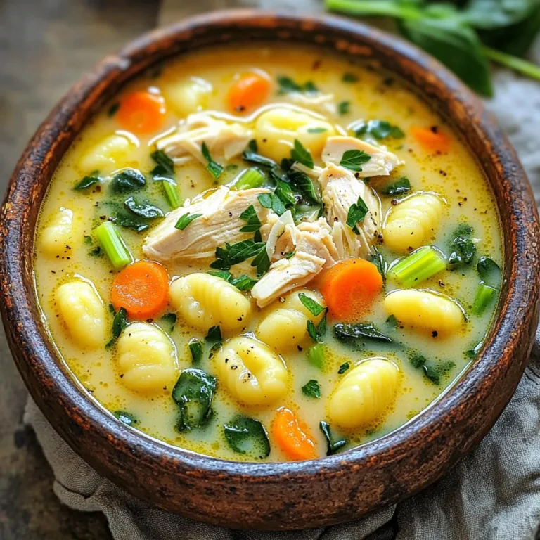 - 1 pound boneless, skinless chicken breast, diced - 1 tablespoon olive oil - 1 medium onion, diced - 2 cloves garlic, minced - 3 medium carrots, diced - 2 stalks celery, diced The heart of this soup lies in its main ingredients. The boneless chicken breast gives you tender bites that soak up all the flavors. Olive oil adds a savory depth when you sauté the chicken and veggies. Onions and garlic bring a sweet and rich aroma that fills your kitchen. Carrots and celery add a nice crunch and natural sweetness to balance the dish. - 5 cups chicken broth - 1 teaspoon dried thyme - 1 teaspoon dried oregano - Salt and pepper to taste Chicken broth is the base of this soup, adding warmth and richness. The dried thyme and oregano infuse the soup with earthy notes. Don’t forget to season with salt and pepper to enhance all the flavors. Adjust these to your liking for a personal touch. - 1 cup heavy cream - 2 cups fresh spinach - Grated Parmesan cheese for garnish - Fresh parsley, chopped for garnish Heavy cream turns this soup into a creamy delight. It creates a rich texture that comforts on cold days. Fresh spinach adds a pop of color and nutrition. Topping off your soup with grated Parmesan gives a salty finish. A sprinkle of fresh parsley brightens the dish and makes it look inviting. First, heat 1 tablespoon of olive oil in a large pot over medium heat. Add the diced chicken breast. Cook the chicken for about 5 to 7 minutes. You want it to be browned all over. Once done, remove the chicken from the pot and set it aside. This step builds the base flavor of your soup. In the same pot, add the diced onion. Sauté it for 2 to 3 minutes until it turns translucent. Then, add the minced garlic, diced carrots, and diced celery. Cook these veggies for an additional 5 minutes. This cooking time is key. It helps soften the vegetables and brings out their natural sweetness. Now, pour in 5 cups of chicken broth. Bring this mixture to a boil. Once boiling, add the gnocchi. Lower the heat and let it simmer. Cook until the gnocchi float to the surface, which takes about 3 to 5 minutes. After that, stir in the cooked chicken, 1 cup of heavy cream, dried thyme, and dried oregano. Season with salt and pepper to taste. Just before you serve, add 2 cups of fresh spinach. Cook for another 2 minutes until the spinach wilts. Your creamy chicken gnocchi soup is now ready to enjoy! To get that rich, creamy texture, balance the broth and cream. Start with five cups of chicken broth and one cup of heavy cream. If you want it creamier, add more cream gradually. If it gets too thick, add a bit more broth. Fresh herbs can boost flavor more than dried ones. If you use fresh thyme and oregano, you’ll need more than when using dried. Start with one tablespoon of fresh herbs per teaspoon of dried. Always taste as you season. A little salt and pepper can make a big difference. When you sauté the chicken, make sure the oil is hot. This browns the chicken well. After browning, remove the chicken so the veggies can cook in the same pot. This adds flavor. Timing is key for cooking gnocchi. They float when done, which takes about three to five minutes. Don't overcook them. They should be soft yet firm, adding a nice texture to your soup. {{image_2}} You can switch the chicken in this soup for turkey or tofu. Turkey offers a leaner option. It cooks similarly to chicken, but may take a bit longer. For tofu, use firm or extra-firm types to hold their shape. Cut it into cubes and add it when you would add the chicken. You may need to cook it for 3-5 minutes longer to ensure it heats through. Adding more veggies can boost flavor and nutrition. Consider mushrooms, peas, or even zucchini. If you use mushrooms, sauté them with the onions. For peas, add them right before serving. Adjust the cooking time based on what you add. For example, if you add zucchini, cut it small and cook it for about 4 minutes. Always check for doneness to keep everything tender. For those needing gluten-free options, look for gluten-free gnocchi. Many brands make it from potatoes or rice. For a dairy-free version, swap out heavy cream with coconut milk or cashew cream. Both options will change the flavor slightly but will keep the soup rich. Always taste as you go to ensure it meets your preferences. To store your leftover creamy chicken gnocchi soup, let it cool first. Place it in an airtight container. This helps keep it fresh. In the fridge, the soup lasts for about 3 to 4 days. If you want to enjoy it later, make sure to label the container with the date. Freezing this soup is simple. First, cool it completely. Then, pour it into freezer-safe containers. Leave some space at the top for expansion. The soup can freeze well for up to 3 months. When ready to eat, thaw it overnight in the fridge. To heat, pour it into a pot and warm it gently. This keeps the flavors strong and the texture nice. When reheating, use a pot on low heat. Stir often to heat evenly. You can also use a microwave, but stir halfway through. This helps avoid hot spots. Watch the soup closely to prevent overcooking. If it gets too thick, add a splash of broth or cream to loosen it up. Enjoy your warm and cozy soup! Yes, you can make this soup ahead of time. Preparing it in advance saves time on busy days. The flavors meld well when stored overnight. Just let it cool before putting it in the fridge. Best storage practices: Store the soup in an airtight container. It keeps well for 3-4 days in the fridge. If you want to store it longer, consider freezing it. Use freezer-safe bags or containers. To thicken the soup, you have several options. You can add a cornstarch slurry. Mix equal parts cornstarch and cold water, then stir it in as the soup simmers. Adjusting ingredients for desired consistency: Another option is to use more heavy cream. This adds richness and thickness. You can also reduce the amount of chicken broth used in the recipe. Keep stirring until it reaches your preferred thickness. This soup pairs well with many sides. A fresh garden salad adds a nice crunch. You might also enjoy some crusty bread. Ideas for bread or salads to complement the soup: Garlic bread is a great choice. It soaks up the creamy soup perfectly. For a salad, try a simple Caesar or mixed greens. Both options balance the richness of the soup well. This blog post covered making a delicious Creamy Chicken Gnocchi Soup. We discussed key ingredients like chicken, vegetables, and seasonings. I provided step-by-step instructions to help you prepare and combine these elements. Tips for achieving the perfect texture and flavor were also shared. In closing, this soup is easy to adapt and store, making it a great choice for meals. Enjoy experimenting with different proteins and veggies to suit your taste.