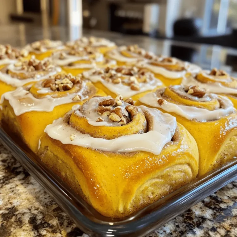 To make the perfect pumpkin spice cinnamon rolls, you need these key ingredients: - 2 ¾ cups all-purpose flour - ¼ cup granulated sugar - 1 packet (2 ¼ tsp) active dry yeast - ½ teaspoon salt - ½ teaspoon ground cinnamon - ¼ teaspoon ground nutmeg - ½ teaspoon pumpkin pie spice - ½ cup milk, warmed (110°F) - ¼ cup unsalted butter, melted - 1 large egg - 1 cup pumpkin puree - ½ cup packed brown sugar - 2 teaspoons ground cinnamon - ¼ cup chopped pecans (optional) - Cream cheese frosting (store-bought or homemade) for drizzling Each ingredient plays a vital role. The flour gives structure. The sugar sweetens. Yeast helps the rolls rise. The spices add warmth and flavor. You can customize your rolls with these optional ingredients: - ¼ cup chopped pecans for crunch - Raisins or chocolate chips for sweetness - Different nuts like walnuts or almonds These additions can make your rolls unique. Feel free to mix and match! If you need substitutes, here are some great options: - Use whole wheat flour for a healthier twist. - Swap granulated sugar with coconut sugar. - Substitute almond milk for regular milk. - Replace pumpkin puree with applesauce for a fruity flavor. These swaps keep the taste but change the nutrition. Always adjust baking times based on your ingredients. Start by gathering a big bowl. Combine 2 ¾ cups of all-purpose flour, ¼ cup of granulated sugar, and 1 packet of active dry yeast. Add ½ teaspoon of salt, ½ teaspoon of ground cinnamon, ¼ teaspoon of ground nutmeg, and ½ teaspoon of pumpkin pie spice. Use a whisk to mix everything well. This blend is key for flavor and texture. Next, take another bowl. Warm ½ cup of milk to about 110°F. Add in ¼ cup of melted unsalted butter. Crack in 1 large egg and whisk them together. Now, gently stir in 1 cup of pumpkin puree. This mix brings moisture and that lovely pumpkin flavor. Now, it’s time to bring the wet and dry ingredients together. Slowly pour the wet mix into your dry mix. Stir until it all comes together. Sprinkle in the rest of your flour, ½ cup at a time, until the dough feels right. Knead the dough on a floured surface for about 5 to 7 minutes. You want it smooth and stretchy. Once ready, place the dough in a greased bowl. Cover it with a damp cloth and let it rise in a warm spot for about 1 hour. It should double in size. After the dough rises, punch it down gently. Roll it out on a floured surface into a rectangle, about 12x16 inches. In a small bowl, mix ½ cup of packed brown sugar, 2 teaspoons of ground cinnamon, and chopped pecans if you desire. Spread softened butter over the dough. Sprinkle the cinnamon-sugar mix on top. Starting from one long side, roll the dough tightly into a log. Slice it into 12 even rolls. Place the rolls in a greased baking pan. Leave some space between them for rising. Cover the pan and let the rolls rise for another 30 minutes. Preheat your oven to 350°F. Bake the rolls for 20 to 25 minutes until they turn golden brown. Let them cool for a few minutes, then drizzle with cream cheese frosting. Enjoy your warm, fragrant pumpkin spice cinnamon rolls! To get the right dough, use the right flour. All-purpose flour works best here. When mixing the dry ingredients, ensure they blend well. This helps the yeast activate properly. When you add the wet mix, do it slowly. This way, the dough combines evenly. If the dough feels sticky, add a bit more flour. You want it smooth and elastic to touch. Knead for about five to seven minutes. This helps build the gluten, giving the rolls structure. Fluffy rolls start with proper rising. After mixing the dough, let it rise in a warm spot. Cover it with a damp cloth to keep moisture in. This helps the dough double in size in about an hour. When rolling out the dough, use flour to prevent sticking. Roll tightly for even slices. When placing the rolls in the pan, leave space between them. This allows them to expand while baking. Bake until golden brown, about 20 to 25 minutes. If you have leftover rolls, store them in an airtight container. This keeps them fresh for a few days. You can also wrap them in plastic wrap for extra protection. For longer storage, freeze them. Place them in a freezer bag and remove excess air. To reheat, simply warm them in the oven. This will bring back their fluffy texture. Drizzle with cream cheese frosting just before serving for extra yum! {{image_2}} Pumpkin spice cinnamon rolls blend warm spices and sweet pumpkin. You taste cinnamon, nutmeg, and pumpkin pie spice in each bite. The rolls are soft and fluffy, with a slight crunch from pecans if you choose to add them. The cream cheese frosting adds a tangy finish, making each roll irresistible. This mix of flavors creates a cozy, comforting experience perfect for fall. You should enjoy pumpkin spice cinnamon rolls in the fall. They fit right in with cool weather and falling leaves. Serve them for breakfast, brunch, or as a sweet afternoon snack. They also make great treats for holiday gatherings. Imagine a warm roll with a cup of hot cider or coffee. It’s the perfect pairing! These rolls pair well with warm drinks. Try them with coffee, tea, or hot chocolate. A scoop of vanilla ice cream on the side adds a fun touch. You can also serve them with fresh fruit, like apples or pears. This adds a fresh crunch to the sweet rolls. Enjoy experimenting with different pairings! You can make vegan pumpkin spice cinnamon rolls easily. Use almond milk or oat milk instead of regular milk. Replace the egg with a flax egg. To make a flax egg, mix 1 tablespoon of ground flaxseed with 2.5 tablespoons of water. Let it sit for five minutes to thicken. Use coconut oil instead of butter for a rich flavor. The rest of the recipe stays the same, and you’ll get soft, tasty rolls! To make gluten-free pumpkin spice cinnamon rolls, use a gluten-free flour blend. Look for a blend that has xanthan gum. This helps create structure in the dough. Follow the same steps in the recipe, but be careful not to over-knead. The dough should be soft but not sticky. You might need to adjust the liquid a bit since gluten-free flours absorb more moisture. While cream cheese frosting is classic, try other toppings! A simple glaze made of powdered sugar and milk adds sweetness. You can also sprinkle the rolls with chopped nuts for crunch. For a twist, drizzle with maple syrup or caramel sauce. These options make your rolls unique and fun for any fall gathering! The dough has risen enough when it doubles in size. This usually takes about one hour. To check, gently press your finger into the dough. If the indent remains, it’s ready. If it springs back, give it more time. A warm, humid spot helps the dough rise well. Yes, you can make the dough ahead of time. After mixing and kneading, let it rise for about 30 minutes. Then, punch it down and wrap it tightly in plastic wrap. You can store it in the fridge for up to 24 hours. When you’re ready, let it warm to room temperature before rolling. To store pumpkin spice cinnamon rolls, let them cool completely. Place them in an airtight container. They last for about three days at room temperature. For longer storage, you can keep them in the fridge for up to a week. If you freeze them, wrap them tightly in foil or plastic wrap. To reheat leftover cinnamon rolls, place them on a microwave-safe plate. Heat them for about 15-20 seconds. For a warm, soft roll, you can also wrap them in foil and heat them in the oven at 350°F for about 10 minutes. This keeps them moist and delicious. You learned how to make delicious pumpkin spice cinnamon rolls with key ingredients and steps. We covered essential recipes, helpful tips, and fun variations. Remember, the right dough makes all the difference, and don’t shy away from adding your twist. Enjoy these sweet treats in the fall, or anytime you crave a cozy flavor. Experiment, have fun, and share your creations with others!