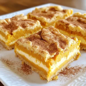 - 1 ½ cups all-purpose flour - ½ teaspoon baking powder - ½ teaspoon baking soda - ½ teaspoon cinnamon - ¼ teaspoon nutmeg - ¼ teaspoon salt - ½ cup unsalted butter, softened - ¾ cup brown sugar, packed - ½ cup granulated sugar - 1 large egg - 1 teaspoon vanilla extract - 1 cup canned pumpkin puree - 8 oz cream cheese, softened - ½ cup powdered sugar - 1 teaspoon pumpkin pie spice - 2 tablespoons milk To make Pumpkin Cheesecake Cookie Bars, you need simple ingredients. Each one plays a key role. Flour is the base. It gives structure to the bars. Baking powder and baking soda help them rise and stay fluffy. Cinnamon and nutmeg add warmth and flavor. Salt balances the sweetness. Unsalted butter adds richness. You want it softened for easy mixing. Brown sugar gives a deep flavor, while granulated sugar adds sweetness. Don’t forget the large egg; it binds everything together. Vanilla extract enhances the taste. Canned pumpkin puree is the star here, making these bars moist and tasty. Cream cheese adds creaminess, and powdered sugar sweetens the cheesecake layer. Finally, pumpkin pie spice adds that cozy fall flavor. A bit of milk helps achieve the perfect cream cheese mixture. These ingredients work together to bring joy with every bite. - Preheat the oven to 350°F (175°C). - Line a 9x9 inch baking dish with parchment paper. Start by preheating your oven. This step gets your oven hot enough to bake the bars just right. Lining the baking dish with parchment paper helps in easy removal later. Leave some paper hanging over the sides. This will make lifting out the bars simple. - Whisk together dry ingredients. - Cream together butter and sugars. - Mix in egg and vanilla. In a medium bowl, whisk together the flour, baking powder, baking soda, cinnamon, nutmeg, and salt. This mix gives the bars their tasty flavor. Next, in a large bowl, beat the softened butter, brown sugar, and granulated sugar until light and fluffy. This process takes about three minutes. The fluffy mix helps create a soft, chewy cookie. Add the egg and vanilla extract next. Mix them in well, then slowly add the flour mix. Stir until just combined to form a soft dough. - Press dough into the baking dish. - Prepare the cream cheese layer. - Spread cream cheese mixture and crumble remaining dough on top. - Bake and cool. Now, press about two-thirds of the dough into the bottom of the lined baking dish. This forms the base of your cookie bars. In a separate bowl, mix the cream cheese, powdered sugar, pumpkin puree, pumpkin pie spice, and milk. Beat this mixture until it is smooth. Spread it over the pressed dough. Then crumble the remaining dough on top of the cream cheese layer. Place the dish in your preheated oven. Bake for 30-35 minutes. You want the edges golden brown and the center set. After baking, allow the bars to cool in the pan for at least 30 minutes. Use the parchment paper to lift them out easily. Once cool, cut into squares and enjoy your delicious pumpkin cheesecake cookie bars! - Ensuring even mixing: Mix the butter and sugars well until light and fluffy. This step makes your bars soft and delicious. Use an electric mixer for best results. - Importance of measuring ingredients correctly: Always measure your flour and sugar accurately. Too much flour makes bars dry, while too little can make them too wet. Use measuring cups and spoons for precision. - Letting bars cool completely before cutting: After baking, let the bars cool in the pan for at least 30 minutes. This helps them set properly. If you cut them too soon, they may fall apart. - Using parchment overhang for easy removal: The parchment paper should hang over the edges of your baking dish. This makes it easy to lift the bars out once they cool. You can then cut them into neat squares without a mess. {{image_2}} You can change up the taste of your pumpkin cheesecake cookie bars in fun ways. Here are two tasty ideas: - Maple Pumpkin Cheesecake Cookie Bars: Add 1/4 cup of pure maple syrup to the cream cheese mix. This adds a sweet, rich flavor that pairs well with pumpkin. - Chocolate Chip Pumpkin Cheesecake Cookie Bars: Mix in 1 cup of chocolate chips to the cookie dough. The chocolate adds a nice contrast to the pumpkin and cream cheese. You can make these cookie bars fit different diets with easy swaps: - Gluten-free options: Use a gluten-free all-purpose flour blend instead of regular flour. This way, those who avoid gluten can enjoy the bars too. - Dairy-free alternatives: Replace cream cheese with a dairy-free cream cheese. Also, swap the butter for coconut oil or a vegan butter substitute. This keeps the bars creamy without dairy. To keep your pumpkin cheesecake cookie bars fresh, store them in an airtight container. This helps prevent them from drying out. You can layer the bars with parchment paper to keep them from sticking together. If you want to freeze the cookie bars, wrap them tightly in plastic wrap, then place them in a freezer bag. This method keeps them tasty and safe from freezer burn. These delicious cookie bars last up to a week in the fridge. Just make sure to keep them covered. If you freeze them, they can last for about three months. When you're ready to enjoy, simply thaw them in the fridge overnight. This way, they stay moist and yummy when you serve them. You will know the bars are done when the edges are golden brown. The center should feel firm, not jiggly. You can also insert a toothpick in the middle. If it comes out clean, the bars are ready! Yes, you can use fresh pumpkin! First, cook the pumpkin until it is soft. Then, blend it until smooth to make your own pumpkin puree. This adds a fresh flavor, but make sure to drain any extra water. These cookie bars pair well with whipped cream on top. You can also serve them warm with a scoop of vanilla ice cream. A sprinkle of cinnamon adds a nice touch. Enjoy with a cup of coffee or spiced chai! This article detailed the recipe for Pumpkin Cheesecake Cookie Bars, including key ingredients, tools, and steps. I shared helpful baking tips, variations, and storage info. You can enjoy these tasty bars in many ways! Remember to let them cool before slicing for best results. With this simple guide, I hope you feel inspired to bake and share these delicious treats. Happy baking!