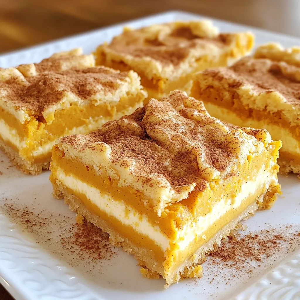- 1 ½ cups all-purpose flour - ½ teaspoon baking powder - ½ teaspoon baking soda - ½ teaspoon cinnamon - ¼ teaspoon nutmeg - ¼ teaspoon salt - ½ cup unsalted butter, softened - ¾ cup brown sugar, packed - ½ cup granulated sugar - 1 large egg - 1 teaspoon vanilla extract - 1 cup canned pumpkin puree - 8 oz cream cheese, softened - ½ cup powdered sugar - 1 teaspoon pumpkin pie spice - 2 tablespoons milk To make Pumpkin Cheesecake Cookie Bars, you need simple ingredients. Each one plays a key role. Flour is the base. It gives structure to the bars. Baking powder and baking soda help them rise and stay fluffy. Cinnamon and nutmeg add warmth and flavor. Salt balances the sweetness. Unsalted butter adds richness. You want it softened for easy mixing. Brown sugar gives a deep flavor, while granulated sugar adds sweetness. Don’t forget the large egg; it binds everything together. Vanilla extract enhances the taste. Canned pumpkin puree is the star here, making these bars moist and tasty. Cream cheese adds creaminess, and powdered sugar sweetens the cheesecake layer. Finally, pumpkin pie spice adds that cozy fall flavor. A bit of milk helps achieve the perfect cream cheese mixture. These ingredients work together to bring joy with every bite. - Preheat the oven to 350°F (175°C). - Line a 9x9 inch baking dish with parchment paper. Start by preheating your oven. This step gets your oven hot enough to bake the bars just right. Lining the baking dish with parchment paper helps in easy removal later. Leave some paper hanging over the sides. This will make lifting out the bars simple. - Whisk together dry ingredients. - Cream together butter and sugars. - Mix in egg and vanilla. In a medium bowl, whisk together the flour, baking powder, baking soda, cinnamon, nutmeg, and salt. This mix gives the bars their tasty flavor. Next, in a large bowl, beat the softened butter, brown sugar, and granulated sugar until light and fluffy. This process takes about three minutes. The fluffy mix helps create a soft, chewy cookie. Add the egg and vanilla extract next. Mix them in well, then slowly add the flour mix. Stir until just combined to form a soft dough. - Press dough into the baking dish. - Prepare the cream cheese layer. - Spread cream cheese mixture and crumble remaining dough on top. - Bake and cool. Now, press about two-thirds of the dough into the bottom of the lined baking dish. This forms the base of your cookie bars. In a separate bowl, mix the cream cheese, powdered sugar, pumpkin puree, pumpkin pie spice, and milk. Beat this mixture until it is smooth. Spread it over the pressed dough. Then crumble the remaining dough on top of the cream cheese layer. Place the dish in your preheated oven. Bake for 30-35 minutes. You want the edges golden brown and the center set. After baking, allow the bars to cool in the pan for at least 30 minutes. Use the parchment paper to lift them out easily. Once cool, cut into squares and enjoy your delicious pumpkin cheesecake cookie bars! - Ensuring even mixing: Mix the butter and sugars well until light and fluffy. This step makes your bars soft and delicious. Use an electric mixer for best results. - Importance of measuring ingredients correctly: Always measure your flour and sugar accurately. Too much flour makes bars dry, while too little can make them too wet. Use measuring cups and spoons for precision. - Letting bars cool completely before cutting: After baking, let the bars cool in the pan for at least 30 minutes. This helps them set properly. If you cut them too soon, they may fall apart. - Using parchment overhang for easy removal: The parchment paper should hang over the edges of your baking dish. This makes it easy to lift the bars out once they cool. You can then cut them into neat squares without a mess. {{image_2}} You can change up the taste of your pumpkin cheesecake cookie bars in fun ways. Here are two tasty ideas: - Maple Pumpkin Cheesecake Cookie Bars: Add 1/4 cup of pure maple syrup to the cream cheese mix. This adds a sweet, rich flavor that pairs well with pumpkin. - Chocolate Chip Pumpkin Cheesecake Cookie Bars: Mix in 1 cup of chocolate chips to the cookie dough. The chocolate adds a nice contrast to the pumpkin and cream cheese. You can make these cookie bars fit different diets with easy swaps: - Gluten-free options: Use a gluten-free all-purpose flour blend instead of regular flour. This way, those who avoid gluten can enjoy the bars too. - Dairy-free alternatives: Replace cream cheese with a dairy-free cream cheese. Also, swap the butter for coconut oil or a vegan butter substitute. This keeps the bars creamy without dairy. To keep your pumpkin cheesecake cookie bars fresh, store them in an airtight container. This helps prevent them from drying out. You can layer the bars with parchment paper to keep them from sticking together. If you want to freeze the cookie bars, wrap them tightly in plastic wrap, then place them in a freezer bag. This method keeps them tasty and safe from freezer burn. These delicious cookie bars last up to a week in the fridge. Just make sure to keep them covered. If you freeze them, they can last for about three months. When you're ready to enjoy, simply thaw them in the fridge overnight. This way, they stay moist and yummy when you serve them. You will know the bars are done when the edges are golden brown. The center should feel firm, not jiggly. You can also insert a toothpick in the middle. If it comes out clean, the bars are ready! Yes, you can use fresh pumpkin! First, cook the pumpkin until it is soft. Then, blend it until smooth to make your own pumpkin puree. This adds a fresh flavor, but make sure to drain any extra water. These cookie bars pair well with whipped cream on top. You can also serve them warm with a scoop of vanilla ice cream. A sprinkle of cinnamon adds a nice touch. Enjoy with a cup of coffee or spiced chai! This article detailed the recipe for Pumpkin Cheesecake Cookie Bars, including key ingredients, tools, and steps. I shared helpful baking tips, variations, and storage info. You can enjoy these tasty bars in many ways! Remember to let them cool before slicing for best results. With this simple guide, I hope you feel inspired to bake and share these delicious treats. Happy baking!