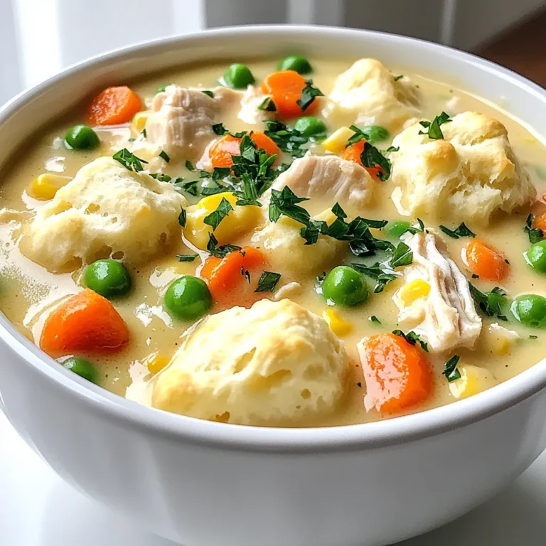In this creamy chicken pot pie soup, the right ingredients make all the difference. Here’s what you need to gather for a warm bowl of comfort: - 2 chicken breasts, diced - 4 cups chicken broth - 1 cup heavy cream - 2 cups mixed frozen vegetables (carrots, peas, corn) - 1 medium onion, chopped - 2 cloves garlic, minced - 1 teaspoon dried thyme - 1 teaspoon dried rosemary - 1 teaspoon paprika - Salt and pepper to taste - 1 cup biscuit dough (store-bought or homemade) - Fresh parsley, chopped (for garnish) Each ingredient plays a key role in creating rich flavors and textures. The chicken adds protein, while the broth provides a savory base. Heavy cream brings creaminess, making every bite feel luxurious. The mixed vegetables add color and nutrition, and the onion and garlic give depth. Herbs like thyme and rosemary bring a warm aroma. Paprika adds a hint of spice, while salt and pepper balance the flavors. Finally, the biscuit dough creates fluffy dumplings that soak up the soup's goodness, making it even more satisfying. Gather these items, and you're ready to make a delightful dish that warms the heart and fills the belly! 1. Combine ingredients in the slow cooker: Start by placing 2 diced chicken breasts into your slow cooker. Add 4 cups of chicken broth, 1 cup of heavy cream, and 2 cups of mixed frozen vegetables. These veggies can be carrots, peas, and corn. Next, add 1 chopped onion and 2 minced garlic cloves. Sprinkle in 1 teaspoon each of dried thyme, dried rosemary, and paprika. Season with salt and pepper to taste. 2. Cooking times: low and high settings: Now, stir everything well to mix all the flavors. Cover the slow cooker. If you set it on low, let it cook for 6 hours. If you’re in a hurry, set it on high and cook for 3 hours. 3. Adding biscuit dough and final cooking steps: About 30 minutes before you want to serve, cut 1 cup of biscuit dough into small pieces. Drop these pieces into the slow cooker. Stir gently to mix them into the soup. Let it cook until the biscuit pieces turn fluffy and are cooked through. Before serving, taste the soup. Adjust the seasoning if you need to. Serve hot and sprinkle fresh chopped parsley on top for a nice touch. To get that perfect creamy soup, you need to balance the cream and broth. Start with one cup of heavy cream. You can add more if you want it richer. But if it feels too thick, add more broth. If you want to thicken the soup, you have options. You can mash some of the vegetables. Or, mix a little cornstarch with cold water. Stir it in to thicken your soup quickly. Seasoning makes all the difference in flavor. Use salt and pepper to taste. Fresh herbs, like parsley, can also boost flavor. For best results, cook on low for six hours. If you're short on time, the high setting for three hours works too. Just make sure to stir well before serving. {{image_2}} You can change the chicken in many ways. If you want to use turkey, that works great too. For a vegetarian option, try chickpeas or lentils. Both add protein and are filling. You could also use tofu for a different texture. When it comes to veggies, you can mix and match. Try using green beans, broccoli, or bell peppers. You can also add potatoes for extra heartiness. Just remember to chop them into small pieces so they cook well. Serving the soup with bread can elevate your meal. A crusty baguette or soft rolls are perfect. The bread will soak up the creamy soup. You can also try serving it with flaky biscuits for a fun twist. Toppings can make your soup extra special. Grated cheese is a great addition. Try cheddar or parmesan; both melt nicely. Fresh herbs like thyme or parsley add brightness. Just sprinkle them on top before serving. To keep your creamy chicken pot pie soup fresh, use these easy tips. First, let the soup cool down before storing. Place the soup in an airtight container. You can refrigerate it for up to four days. If you want to keep it longer, freeze the soup. Use freezer-safe containers or bags. Make sure to leave some space at the top, as liquids expand when frozen. When you reheat the soup, do it slowly. Use the stove or microwave. If using the microwave, cover the bowl loosely. Stir it often to heat evenly. If the soup seems thick, add a splash of chicken broth or cream. This helps bring back its creamy texture. In the fridge, this soup lasts about four days. In the freezer, it can stay good for up to three months. After that, the taste may change. Always check for signs of spoilage before eating. Look for off smells or changes in color. If you see any mold or separation, it's best to toss it. Safety first! Can I use fresh chicken instead of frozen? Yes, you can use fresh chicken. Just dice it into smaller pieces. Fresh chicken will cook faster than frozen. Adjust the cooking time if needed. How do I make it vegetarian? To make a vegetarian version, swap the chicken with chickpeas or tofu. Use vegetable broth instead of chicken broth. Add more veggies like mushrooms and bell peppers for extra flavor. Can I cook it on the stove instead? Absolutely! Simply combine all the ingredients in a large pot. Cook on low heat for about 30-40 minutes. Stir often to ensure even cooking. What if my slow cooker cooks too fast? If your slow cooker cooks fast, check the soup earlier. You can lower the heat setting or add more broth. This helps manage the cooking time and keeps the soup creamy. To wrap up, we explored how to make creamy chicken pot pie soup. You learned about the key ingredients like chicken, vegetables, and broth. I shared step-by-step instructions to craft this dish in a slow cooker. We also discussed useful tips for a creamy texture and cooking methods. Variations let you customize the soup, and proper storage ensures freshness. I hope this soup brings comfort and joy to your table. Enjoy the cooking process and the delightful results!