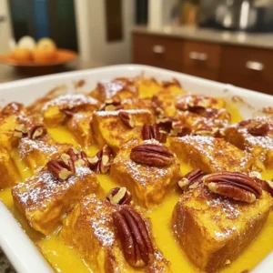- 1 loaf of brioche or challah bread, cut into cubes - 4 large eggs - 2 cups milk - 1 cup canned pumpkin puree The main ingredients are the heart of this dish. The bread gives it a soft, fluffy texture, perfect for soaking up all the flavors. I love using brioche or challah because they are rich and buttery. Eggs add structure and help bind everything together. Milk makes the mixture creamy. Pumpkin puree is key, giving warmth and sweetness to every bite. - 1/2 cup brown sugar - 1 teaspoon vanilla extract - 1 teaspoon ground cinnamon - 1/2 teaspoon ground nutmeg - 1/4 teaspoon ground ginger - 1/4 teaspoon salt These flavor enhancers bring life to the casserole. Brown sugar adds a deep sweetness. Vanilla extract gives a warm, comforting aroma. Cinnamon, nutmeg, and ginger create that classic pumpkin spice flavor. A pinch of salt balances the sweetness and enhances all the flavors. Together, these ingredients make every bite feel like a hug. - 1/2 cup pecans, chopped - 1/2 cup maple syrup (for drizzling) - Powdered sugar (for garnish) Optional ingredients can take your casserole to the next level. Chopped pecans add a nice crunch and nutty flavor. Drizzling maple syrup on top brings extra sweetness and a fall vibe. A light dusting of powdered sugar makes it look fancy and festive. These extras are perfect for sharing with family and friends. - Preheat your oven to 350°F (175°C) and prepare a 9x13 inch baking dish. - Place cubed bread evenly in the dish. Use brioche or challah for a rich taste. - Whisk together eggs, milk, pumpkin puree, and spices until smooth. - Pour the mixture over bread cubes, ensuring all are soaked. This step is key for flavor. - Cover the dish and refrigerate for at least 30 minutes. You can also let it sit overnight for stronger taste. - Bake for 40-45 minutes. The top should be golden brown and firm. - Allow the casserole to cool slightly before serving. This makes it easier to cut. To get the best taste, refrigerate your casserole overnight. This gives the flavors time to mix. Before you bake, let it come to room temperature for about ten minutes. This helps it cook evenly. Serve your casserole warm. Drizzle it with maple syrup for extra sweetness. A light dusting of powdered sugar adds a nice touch too. You can also add fresh fruit, like berries or banana slices, as a tasty topping. You need some basic tools for this recipe. A large mixing bowl helps combine the ingredients. A whisk is great for mixing egg and milk. Don’t forget a good baking dish, sized 9x13 inches, to hold your casserole. {{image_2}} You can change the bread for your casserole. Sourdough adds a tangy flavor. Whole grain gives a hearty texture. You can even use gluten-free bread if needed. Each bread type gives a unique taste and feel. Experimenting with different breads can make your dish special. If you need gluten-free options, use gluten-free bread. There are many brands that taste great. For dairy-free, you can swap milk with almond or oat milk. For eggs, use a mix of ground flaxseed and water. These simple swaps keep your casserole tasty and friendly for all diets. Want to add some fun? Try mixing in chocolate chips or dried fruits. Chocolate adds sweetness and richness. Dried fruits like raisins or cranberries give a chewy texture. These extras can change the flavor and make it even more delicious. Don’t be afraid to get creative! To keep your Pumpkin Spice French Toast Casserole fresh, store any leftovers in the fridge. Use an airtight container to prevent drying out. You can enjoy it for up to three days. For longer storage, freeze the casserole. Cut it into squares and wrap each piece tightly in plastic wrap. Then, place them in a freezer-safe bag or container. Reheating the casserole is simple. Use the oven or microwave. For the oven, preheat it to 350°F (175°C). Place the casserole in a baking dish and cover it with foil to keep moisture in. Heat for about 15-20 minutes, or until warm. For the microwave, put a piece on a plate and heat for 1-2 minutes. Make sure it is hot all the way through. This keeps the texture soft and delicious. In the fridge, the casserole lasts for about three days. If frozen, it can stay good for up to three months. Just remember to label your containers with the date. This helps you keep track of freshness and enjoy your cozy delight at its best! Yes, you can prepare it the night before. This allows the bread to soak up the pumpkin mixture. Just cover the dish and store it in the fridge. When you wake up, bake it fresh for breakfast. It saves time and tastes even better! Yes, fresh pumpkin puree can be used, but ensure it is well cooked and blended. If using fresh pumpkin, roast it first to bring out its sweetness. Then blend it until smooth. This gives your casserole a vibrant taste. The top should be golden brown and set in the center. A toothpick test works well too. Insert a toothpick in the middle; it should come out clean. If it’s wet, keep baking for a few more minutes. Enjoy the warm aroma as it fills your kitchen! This blog post gave you a clear guide to making a delicious pumpkin bread casserole. We covered the key ingredients, from brioche to spices. You learned step-by-step instructions, tips for perfection, and how to store leftovers. Don’t forget the fun variations to try different flavors or dietary needs. This dish is perfect for cozy gatherings. Enjoy experimenting with flavors and personal touches in your kitchen!