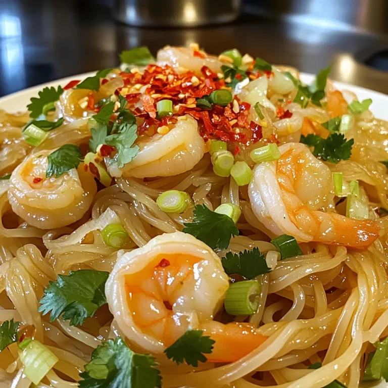 To make Minute Spicy Chili Garlic Shrimp Noodles, you need these simple ingredients: - 8 oz (225g) rice noodles - 1 lb (450g) shrimp, peeled and deveined - 3 tablespoons vegetable oil - 4 cloves garlic, minced - 1-2 teaspoons red chili flakes (adjust for spiciness) - 2 tablespoons soy sauce - 1 tablespoon fish sauce - 1 tablespoon lime juice - 1 tablespoon brown sugar - 2 green onions, chopped - Fresh cilantro, for garnish - Salt and pepper to taste Each ingredient plays a key role. The rice noodles form the base. Shrimp adds protein and flavor. Vegetable oil helps cook the garlic and shrimp. Garlic gives a nice aroma and taste. Red chili flakes bring heat. Soy sauce adds umami, while fish sauce deepens the flavor. Lime juice balances the dish with a tangy kick. Brown sugar adds sweetness, rounding out the flavors. Green onions add freshness and crunch. Cilantro gives a pop of color and herbaceous notes. Salt and pepper elevate everything, making each bite taste better. Gather these ingredients before you start cooking. You’ll enjoy the dish more when everything is ready and fresh. First, you need to cook the rice noodles. Boil water in a large pot. Once boiling, add the noodles and cook for 4-5 minutes. You want them tender but not mushy. After cooking, drain the noodles and set them aside. Next, heat 3 tablespoons of vegetable oil in a large skillet or wok over medium-high heat. Add 4 cloves of minced garlic and sauté for about 30 seconds. You want it fragrant, not burnt. Now, sprinkle in 1-2 teaspoons of red chili flakes. Let them toast in the oil for a moment. This step deepens the flavor and adds heat. Now, add 1 pound of peeled and deveined shrimp. Season with salt and pepper. Cook for 2-3 minutes until the shrimp turn pink and opaque. While the shrimp cooks, mix your sauces. In a small bowl, combine 2 tablespoons of soy sauce, 1 tablespoon of fish sauce, 1 tablespoon of lime juice, and 1 tablespoon of brown sugar. Once the shrimp is ready, pour this sauce over them. Stir well to coat the shrimp evenly. Now, add the drained rice noodles to the skillet. Toss everything together, ensuring the noodles soak up the spicy sauce. Finally, toss in 2 chopped green onions and stir for an additional minute. This adds both flavor and color. Serve your spicy chili garlic shrimp noodles hot. Garnish with fresh cilantro for a touch of brightness. Enjoy your meal! To control the heat, start with 1 teaspoon of red chili flakes. Taste your dish, and add more if you like it spicier. You can also use fresh chili peppers for a different kick. Slicing them thin gives a nice heat boost. Remember, everyone's spice level is different, so adjust to your taste! When picking shrimp, look for firm, pink ones that smell fresh. If frozen, choose shrimp that are well-packaged and free from ice crystals. Large shrimp work best for this dish, as they have a great texture. Avoid shrimp labeled as "washed" or "treated," as they may lose flavor. Always peel and devein them for the best taste. For perfect rice noodles, boil them for 4-5 minutes until tender. Don’t overcook! They should be soft but not mushy. After draining, rinse them under cold water to stop cooking. This also helps keep them from sticking. Toss them in a little oil if you're not using them right away. This keeps them ready for your spicy mix! {{image_2}} You can easily boost flavor by adding vegetables to your noodles. Consider using bell peppers, snap peas, or broccoli. Just chop them up and add them to the skillet when you cook the shrimp. This way, they will soak up all the tasty sauce. You can also add carrots or zucchini for added crunch. If you want a fresh taste, toss in some baby spinach near the end. This adds color and nutrients. If shrimp isn’t your thing, you can try chicken or tofu. For chicken, use thin strips and cook them until no longer pink. Tofu is a great option for a vegetarian dish. Just cube the tofu and fry it until golden. Both options work well with the same spicy sauce. Feel free to mix things up by using scallops or even beef. Each protein will add its own twist to the dish. For a gluten-free meal, stick with rice noodles as they are naturally gluten-free. Check your soy sauce label to ensure it is gluten-free, as some brands include wheat. You can also use tamari as a soy sauce substitute. It has a similar flavor but is safe for those avoiding gluten. This way, everyone can enjoy the spicy chili garlic noodles without worry. You can store leftover Minute Spicy Chili Garlic Shrimp Noodles in an airtight container. Make sure to cool them down first. This way, the noodles stay fresh. They will last in the fridge for up to three days. If you notice any smell or change in color, it’s best to toss them. When you're ready to enjoy your leftovers, reheating is simple. You can use a microwave or a skillet. For the microwave, place the noodles in a bowl and cover it with a damp paper towel. Heat for 1-2 minutes. Stir halfway to ensure even heating. If you use a skillet, add a splash of water or oil. Heat over medium until warm, stirring often. If you want to save them for later, you can freeze the noodles. Place them in a freezer-safe bag or container. Remove as much air as possible to prevent freezer burn. They can last for up to two months in the freezer. To thaw, place the container in the fridge overnight. Once thawed, reheat as mentioned above. Avoid freezing the shrimp, as they may lose texture. It takes about 20 minutes to make this dish. You can prepare the rice noodles in just 4-5 minutes. Cooking the shrimp and mixing everything takes only about 10-15 minutes. This quick recipe is great for busy days. You can use both fresh or frozen shrimp. If using frozen shrimp, thaw them first. Rinse them under cold water until they are fully defrosted. This way, they cook evenly and taste great. You can add many extras to the noodles. Vegetables like bell peppers, snap peas, or broccoli work well. You can also try adding cashews or peanuts for crunch. These additions can make your meal even more filling and colorful. Yes, you can use soy sauce as a substitute. If you want a similar flavor, mix soy sauce with a bit of lime juice. Another option is to use coconut aminos, which is a good choice for a lighter taste. This blog covered how to make Minute Spicy Chili Garlic Shrimp Noodles. I shared the key ingredients, like rice noodles and shrimp, and gave you easy steps to follow. You can adjust the heat and add more veggies for your taste. Remember to store leftovers properly and reheat them well. Cooking can be fun, and this dish lets you experiment. Enjoy making this delicious meal!